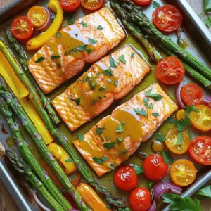 - 4 salmon fillets (about 6 oz each) - 2 tablespoons pure maple syrup - 2 tablespoons Dijon mustard - 2 tablespoons olive oil - 1 bunch of asparagus, trimmed - 1 bell pepper (red or yellow), sliced into strips - 1 cup cherry tomatoes, halved - 1 red onion, sliced - 1 teaspoon garlic powder - 1 teaspoon smoked paprika - Salt and pepper to taste - Fresh parsley for garnish (optional) In this dish, we focus on fresh, simple ingredients. Salmon fillets are the star. They provide rich flavor and healthy fats. The maple syrup adds a sweet touch, while Dijon mustard gives a nice tang. Olive oil keeps everything moist and helps the veggies cook well. I love using colorful vegetables like asparagus, bell peppers, cherry tomatoes, and red onions. They not only taste great but also make the dish look appealing. The mix of flavors creates a wonderful balance. For seasoning, garlic powder and smoked paprika add depth. Salt and pepper enhance all the flavors. Fresh parsley at the end adds a pop of color and freshness. You can skip it, but I think it makes the dish shine. Gather these ingredients, and you’re ready to create a delicious meal that everyone will love! First, preheat your oven to 400°F (200°C). This step warms the oven for even cooking. Next, gather your ingredients. You need four salmon fillets, maple syrup, Dijon mustard, olive oil, garlic powder, smoked paprika, salt, and pepper. You'll also use asparagus, bell pepper, cherry tomatoes, and red onion. Now, let’s make the marinade. In a small bowl, whisk together the maple syrup, Dijon mustard, olive oil, garlic powder, smoked paprika, salt, and pepper. Mix until it looks smooth and creamy. This blend adds a sweet and tangy flavor to the salmon. Next, take a large sheet pan. Arrange the asparagus, sliced bell pepper, halved cherry tomatoes, and sliced red onion in a single layer. Drizzle some olive oil over the veggies and sprinkle with salt and pepper. Toss them lightly to coat. After that, create a space in the center of the veggies. Place the salmon fillets skin-side down in this space. Brush the maple mustard mixture over each fillet. Make sure to let some drizzle onto the veggies for extra flavor. Now, it’s time to roast! Place the sheet pan in the preheated oven. Roast for 15-20 minutes. The salmon should cook through and flake easily with a fork. The veggies will get tender and caramelized. Once done, remove the pan from the oven. Let it rest for a couple of minutes. If you want, garnish with fresh parsley. Now, you have a delicious and colorful meal ready to serve! For even cooking of vegetables and salmon, cut the veggies into similar sizes. This makes sure everything cooks at the same rate. Spread them out on the sheet pan. Avoid crowding; this helps them roast nicely. To check for doneness, look for two things: the salmon should flake easily with a fork, and the veggies should be tender. A quick poke with a fork can let you know if they are soft. If not, give them a few more minutes. Arranging the dish for serving can make a big difference. Place the salmon in the center of the plate. Surround it with the colorful veggies. This adds visual appeal and invites everyone to dig in. For ideal garnishes, fresh parsley works great. It adds a pop of color and freshness. You can also sprinkle a bit of lemon juice over the dish. This brightens the flavors and makes it even more tasty. {{image_2}} You can switch up the veggies in this dish. Try using zucchini or carrots. They roast well and add great flavor. You can also use seasonal vegetables. In the summer, fresh corn or green beans shine. In the fall, squash or Brussels sprouts work nicely. Each veggie brings its own taste and texture. You can give this dish a new twist by changing the marinade. Try adding soy sauce or honey for a different taste. If you want some heat, add red pepper flakes or sriracha. For a fresh zing, squeeze in some lemon juice or orange zest. These changes will keep your meal exciting and fresh. To keep your Maple Roasted Salmon and veggies fresh, store them right. Place leftovers in an airtight container. This helps keep moisture in and bacteria out. Refrigerate the container within two hours of cooking. Your meal will stay fresh for about three days. If you want to save it longer, freezing is a great option. To freeze, wrap individual portions tightly in plastic wrap. Then, place them in a freezer bag or container. Label the bag with the date. Frozen leftovers can last up to three months. When you are ready to eat, just thaw them in the fridge overnight. Reheating your meal correctly keeps the flavors strong. The best method is to use the oven. Preheat your oven to 350°F (175°C). Place the salmon and veggies on a baking sheet. Cover it with foil to keep moisture in. Heat for about 15 minutes. You can also use the microwave for quick reheating. Place a portion on a microwave-safe plate. Cover it with a damp paper towel to keep it moist. Heat in 30-second intervals, checking until warm. This method may not keep the texture as nice as the oven, but it works well. How long to cook salmon at different temperatures? To cook salmon, time varies by temperature. At 400°F (200°C), it takes about 15-20 minutes. For 375°F (190°C), it may need 20-25 minutes. At 425°F (220°C), it cooks faster, usually in 12-15 minutes. Always check if the salmon flakes easily with a fork. Can I use frozen salmon for this recipe? Yes, you can use frozen salmon! Just thaw it first in the fridge overnight. If you’re in a rush, you can run it under cold water for quicker thawing. Be sure to pat it dry before cooking to help the marinade stick. Is this recipe gluten-free? Yes, this recipe is gluten-free! The ingredients used, like maple syrup and Dijon mustard, are safe for gluten-free diets. Always check labels on products to confirm there are no hidden gluten sources. How to make it dairy-free if desired? This recipe is already dairy-free! The marinade contains no dairy products. You can enjoy it as is, or add a splash of lemon juice for a bright flavor without dairy. This blog post covered a tasty salmon dish. We talked about the main ingredients like salmon, maple syrup, and fresh veggies. You learned how to prepare and cook everything step by step. I shared tips for even cooking and garnishing to make your plate look great. In the end, remember that cooking can be fun and creative. Explore different vegetables and flavors. Don't forget to store leftovers properly for future meals. Enjoy your cooking adventure and savor every bite!
