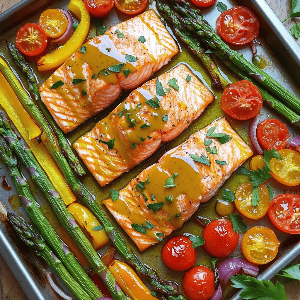 - 4 salmon fillets (about 6 oz each) - 2 tablespoons pure maple syrup - 2 tablespoons Dijon mustard - 2 tablespoons olive oil - 1 bunch of asparagus, trimmed - 1 bell pepper (red or yellow), sliced into strips - 1 cup cherry tomatoes, halved - 1 red onion, sliced - 1 teaspoon garlic powder - 1 teaspoon smoked paprika - Salt and pepper to taste - Fresh parsley for garnish (optional) In this dish, we focus on fresh, simple ingredients. Salmon fillets are the star. They provide rich flavor and healthy fats. The maple syrup adds a sweet touch, while Dijon mustard gives a nice tang. Olive oil keeps everything moist and helps the veggies cook well. I love using colorful vegetables like asparagus, bell peppers, cherry tomatoes, and red onions. They not only taste great but also make the dish look appealing. The mix of flavors creates a wonderful balance. For seasoning, garlic powder and smoked paprika add depth. Salt and pepper enhance all the flavors. Fresh parsley at the end adds a pop of color and freshness. You can skip it, but I think it makes the dish shine. Gather these ingredients, and you’re ready to create a delicious meal that everyone will love! First, preheat your oven to 400°F (200°C). This step warms the oven for even cooking. Next, gather your ingredients. You need four salmon fillets, maple syrup, Dijon mustard, olive oil, garlic powder, smoked paprika, salt, and pepper. You'll also use asparagus, bell pepper, cherry tomatoes, and red onion. Now, let’s make the marinade. In a small bowl, whisk together the maple syrup, Dijon mustard, olive oil, garlic powder, smoked paprika, salt, and pepper. Mix until it looks smooth and creamy. This blend adds a sweet and tangy flavor to the salmon. Next, take a large sheet pan. Arrange the asparagus, sliced bell pepper, halved cherry tomatoes, and sliced red onion in a single layer. Drizzle some olive oil over the veggies and sprinkle with salt and pepper. Toss them lightly to coat. After that, create a space in the center of the veggies. Place the salmon fillets skin-side down in this space. Brush the maple mustard mixture over each fillet. Make sure to let some drizzle onto the veggies for extra flavor. Now, it’s time to roast! Place the sheet pan in the preheated oven. Roast for 15-20 minutes. The salmon should cook through and flake easily with a fork. The veggies will get tender and caramelized. Once done, remove the pan from the oven. Let it rest for a couple of minutes. If you want, garnish with fresh parsley. Now, you have a delicious and colorful meal ready to serve! For even cooking of vegetables and salmon, cut the veggies into similar sizes. This makes sure everything cooks at the same rate. Spread them out on the sheet pan. Avoid crowding; this helps them roast nicely. To check for doneness, look for two things: the salmon should flake easily with a fork, and the veggies should be tender. A quick poke with a fork can let you know if they are soft. If not, give them a few more minutes. Arranging the dish for serving can make a big difference. Place the salmon in the center of the plate. Surround it with the colorful veggies. This adds visual appeal and invites everyone to dig in. For ideal garnishes, fresh parsley works great. It adds a pop of color and freshness. You can also sprinkle a bit of lemon juice over the dish. This brightens the flavors and makes it even more tasty. {{image_2}} You can switch up the veggies in this dish. Try using zucchini or carrots. They roast well and add great flavor. You can also use seasonal vegetables. In the summer, fresh corn or green beans shine. In the fall, squash or Brussels sprouts work nicely. Each veggie brings its own taste and texture. You can give this dish a new twist by changing the marinade. Try adding soy sauce or honey for a different taste. If you want some heat, add red pepper flakes or sriracha. For a fresh zing, squeeze in some lemon juice or orange zest. These changes will keep your meal exciting and fresh. To keep your Maple Roasted Salmon and veggies fresh, store them right. Place leftovers in an airtight container. This helps keep moisture in and bacteria out. Refrigerate the container within two hours of cooking. Your meal will stay fresh for about three days. If you want to save it longer, freezing is a great option. To freeze, wrap individual portions tightly in plastic wrap. Then, place them in a freezer bag or container. Label the bag with the date. Frozen leftovers can last up to three months. When you are ready to eat, just thaw them in the fridge overnight. Reheating your meal correctly keeps the flavors strong. The best method is to use the oven. Preheat your oven to 350°F (175°C). Place the salmon and veggies on a baking sheet. Cover it with foil to keep moisture in. Heat for about 15 minutes. You can also use the microwave for quick reheating. Place a portion on a microwave-safe plate. Cover it with a damp paper towel to keep it moist. Heat in 30-second intervals, checking until warm. This method may not keep the texture as nice as the oven, but it works well. How long to cook salmon at different temperatures? To cook salmon, time varies by temperature. At 400°F (200°C), it takes about 15-20 minutes. For 375°F (190°C), it may need 20-25 minutes. At 425°F (220°C), it cooks faster, usually in 12-15 minutes. Always check if the salmon flakes easily with a fork. Can I use frozen salmon for this recipe? Yes, you can use frozen salmon! Just thaw it first in the fridge overnight. If you’re in a rush, you can run it under cold water for quicker thawing. Be sure to pat it dry before cooking to help the marinade stick. Is this recipe gluten-free? Yes, this recipe is gluten-free! The ingredients used, like maple syrup and Dijon mustard, are safe for gluten-free diets. Always check labels on products to confirm there are no hidden gluten sources. How to make it dairy-free if desired? This recipe is already dairy-free! The marinade contains no dairy products. You can enjoy it as is, or add a splash of lemon juice for a bright flavor without dairy. This blog post covered a tasty salmon dish. We talked about the main ingredients like salmon, maple syrup, and fresh veggies. You learned how to prepare and cook everything step by step. I shared tips for even cooking and garnishing to make your plate look great. In the end, remember that cooking can be fun and creative. Explore different vegetables and flavors. Don't forget to store leftovers properly for future meals. Enjoy your cooking adventure and savor every bite!