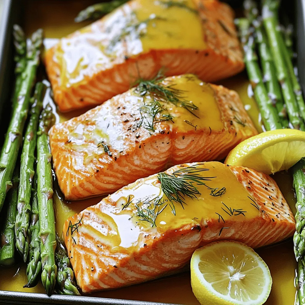 - 4 salmon fillets - 1 bunch asparagus, trimmed - 3 tablespoons Dijon mustard - 2 tablespoons honey - 2 tablespoons olive oil - 2 cloves garlic, minced - Zest and juice of 1 lemon - Salt and pepper to taste - Fresh dill or parsley for garnish When making Lemon Dijon Salmon, you need fresh salmon fillets. Choose fillets that are bright and firm. Look for a nice pink color and avoid any discoloration. The asparagus should be bright green and crisp. Trim the ends for the best texture. The Dijon mustard gives a tangy flavor that pairs well with honey's sweetness. This mix brings a lovely balance to the dish. Olive oil adds richness and helps the salmon stay moist. Minced garlic packs a punch and brings warmth to each bite. Lemon zest and juice brighten the whole dish. They add a fresh taste that makes the salmon shine. A sprinkle of salt and pepper brings out all the flavors. Fresh dill or parsley makes a lovely garnish. It adds a pop of color and herbal notes that enhance the meal. Gather these ingredients, and you are ready to create a flavorful delight! First, preheat your oven to 400°F (200°C). This step helps the salmon cook evenly. Next, grab a baking dish. You want one that fits your salmon fillets well. Lightly grease it with some olive oil to avoid sticking later. In a small bowl, whisk together the Dijon mustard, honey, olive oil, minced garlic, lemon zest, and lemon juice. Mix until all the ingredients blend nicely. The mixture should be smooth and a bit runny. If it feels too thick, add a touch more olive oil. This sauce gives the salmon a great flavor. Now it's time to season the salmon. Sprinkle salt and pepper on both sides of each fillet. Place them in your prepared baking dish. Next, spread the Dijon honey mixture on top of each fillet. Then, take the trimmed asparagus and arrange it around the salmon. Drizzle some olive oil over the asparagus and sprinkle it with salt and pepper. Put the dish in your preheated oven. Bake for 12-15 minutes. Keep an eye on it. The salmon should flake easily with a fork when it’s done. The asparagus should be tender but not mushy. If you want to be sure it's cooked, you can check with a fork or a thermometer. The ideal internal temperature for salmon is 145°F (63°C). When choosing salmon, look for bright, shiny skin. The flesh should feel firm and spring back when pressed. Avoid salmon with a dull color or a strong fishy smell. For cooking, you can grill or pan-sear salmon if you want a crisp skin. These methods add great flavor and texture. To trim asparagus, hold each spear and bend it until it snaps. This point is where the tough part ends. Discard the woody ends, and keep the tender parts. For tender asparagus, cook it until bright green and just tender. A quick steam or sauté works well to maintain its crunch. To amp up the flavor, add spices like paprika or fresh herbs like thyme. These will give your dish a new twist. If you want to change the marinade, try using a sweet soy sauce or a spicy chili paste. These options can give your salmon a whole new taste experience. {{image_2}} What are good alternatives to salmon? If you want to switch it up, you can use other fish like trout or cod. Both have a mild taste that pairs well with lemon and mustard. What different vegetables can I use? You can swap asparagus for green beans, broccoli, or zucchini. Each adds a unique flavor and texture to the dish. What happens if I use different mustards? You can use whole grain mustard for a crunchier texture. Yellow mustard works too, but it has a milder taste. What sweetener options can I try? Instead of honey, you can use maple syrup or agave nectar. This will change the flavor but keep it sweet. Can I grill instead of bake? Yes! Grilling gives the salmon a smoky flavor and nice grill marks. Just cook it for about 6-8 minutes on each side. What skillet methods can I use? You can pan-sear the salmon in olive oil over medium heat. Cook it for 4-5 minutes per side for a crispy outside. After cooking Lemon Dijon Salmon with Asparagus, let it cool first. Place the leftovers in an airtight container. This helps keep the salmon and asparagus fresh. Store it in the fridge if you plan to eat it soon. For longer storage, you can freeze the leftovers. Wrap the salmon and asparagus tightly in plastic wrap. Then, put them in a freezer-safe bag. This will help prevent freezer burn. When reheating salmon, it’s best to do it gently. Preheat your oven to 350°F (175°C). Place the salmon on a baking sheet. Cover it with foil to keep it moist. Heat for about 10-15 minutes. Check if it’s warm throughout. For asparagus, you can place it in the microwave. Heat in short bursts. This way, you won’t overcook it. You want it to stay crisp, not mushy. Leftovers can last in the fridge for about 3 days. Make sure to check for signs of spoilage. If it smells off or looks discolored, it’s best to toss it out. In the freezer, the salmon can stay good for up to 3 months. Keep an eye on it for freezer burn. If you see ice crystals, it’s time to use it or discard it. You can pair Lemon Dijon Salmon with a variety of side dishes. Here are some tasty options: - Rice: Jasmine or basmati rice works well. - Quinoa: This adds a nice nutty flavor. - Mashed Potatoes: Creamy mashed potatoes balance the dish. - Salad: A fresh green salad adds crunch and color. - Roasted Vegetables: Carrots or bell peppers complement the salmon. For drinks, a light white wine or sparkling water is great. Yes, you can use mild fish like: - Tilapia: It cooks quickly and has a light flavor. - Cod: This fish has a flaky texture and holds up well. - Trout: It has a rich taste and pairs nicely with lemon. When using these fish, adjust cooking times. Cook tilapia and cod for about 10-12 minutes. Trout can take around 12-15 minutes. To check if your salmon is done, look for these visual cues: - The salmon should change from translucent to opaque. - It should flake easily with a fork. The ideal internal temperature for salmon is 145°F (63°C). Use a meat thermometer for accuracy. This ensures your meal is safe and tasty. This post covered a simple, tasty Lemon Dijon Salmon recipe. We explored important ingredients like salmon, asparagus, Dijon mustard, and honey. I provided clear steps for baking and added tips for freshness and flavor. You can also try variations with different fish or cooking methods. Remember, store leftovers properly for later enjoyment. With these insights, you can create a delicious meal for any occasion! Enjoy the cooking process and share this recipe with others who love good food.