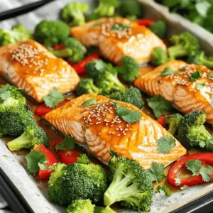 - 4 salmon fillets - 1/4 cup honey - 3 tablespoons soy sauce (or tamari for gluten-free) The main stars of this dish are the salmon fillets. They provide rich flavor and healthy fats. Honey adds sweetness, while soy sauce gives a savory touch. You can use tamari if you're gluten-sensitive. - 2 cups broccoli florets - 1 red bell pepper, sliced For added color and nutrition, I love using broccoli and red bell pepper. Broccoli brings a nice crunch, and red bell pepper adds a sweet, juicy bite. - 3 garlic cloves, minced - 1 tablespoon fresh ginger, grated - 1 tablespoon olive oil - 1 teaspoon sesame oil - 1 lemon, zested and juiced Garlic and ginger are key to the flavor. They give warmth and depth to the sauce. Olive oil adds richness, while sesame oil gives a toasted note. The lemon zest and juice brighten everything up and keep it fresh. Each ingredient plays a role in making this dish vibrant and tasty. You can mix and match flavors or add more veggies if you like. First, preheat your oven to 400°F (200°C). This heat helps the salmon cook evenly. Line a large baking sheet with parchment paper. This keeps your dish from sticking and makes cleanup easy. Next, grab a small bowl and whisk together the honey, soy sauce, minced garlic, grated ginger, olive oil, sesame oil, lemon juice, and zest. Mix until everything is well combined. This sauce is the star of the dish! Now it's time to season the salmon. Place the salmon fillets in the center of the prepared baking sheet. Sprinkle some salt and pepper over them. This simple step adds flavor. Arrange the broccoli florets and sliced red bell pepper around the salmon. Make sure the veggies lie flat on the sheet. This helps them roast nicely. Drizzle the honey garlic sauce over the salmon and vegetables. Make sure everything gets a good coating. This sauce will add a sweet and savory taste to your meal. Roast the dish in the preheated oven for about 15 to 20 minutes. Keep an eye on it! The salmon should be cooked through and flake easily with a fork. The veggies need to be tender but not mushy. After cooking, remove the sheet pan from the oven. Sprinkle sesame seeds over the salmon and veggies for a nice crunch. If you like, garnish with fresh cilantro or chopped green onions before serving. Enjoy your meal! To cook perfect salmon, aim for 15 to 20 minutes in a 400°F oven. Check for doneness by gently flaking the salmon with a fork. If it flakes easily, it’s ready! For tender vegetables, cut them into uniform pieces. This helps them cook evenly. Broccoli florets and red bell peppers should be bright and slightly crisp when done. Serving directly from the sheet pan gives a casual, homey feel. It’s easy and fun! If you want a fancier touch, transfer the salmon and veggies to plates. Drizzle any leftover sauce from the pan over each serving. This adds color and flavor. If you want a sweeter sauce, add more honey. For saltiness, increase the soy sauce. You can also try adding a splash of water to thin the sauce if it's too thick. Make extra sauce to serve on the side. It’s great for dipping! This way, everyone can enjoy the rich flavors even more. {{image_2}} You can change the veggies for more variety. Try using asparagus or zucchini instead of broccoli and bell pepper. They both cook well and add a nice twist. If you want to switch proteins, consider chicken or tofu. Both will soak up the honey garlic sauce, giving you a new flavor. Want to spice things up? Add red pepper flakes or a splash of sriracha. This will bring heat to your dish. You can also switch the seasonings. Try teriyaki sauce for a sweet and savory twist. Fresh herbs like cilantro or basil will add brightness and freshness, too. You can grill the salmon if you prefer a smoky taste. Just be sure to keep an eye on it, as grilling cooks faster. If you like slow cooking, use a slow cooker or an instant pot. This method makes the salmon super tender. Just adjust cooking times to ensure perfect results. To keep your honey garlic salmon fresh, use airtight containers. Glass or BPA-free plastic works best. Make sure to cool the salmon and veggies before sealing them. Store them in the fridge for up to three days. This helps keep the flavors strong. When you want to enjoy leftovers, the oven is your best friend. Preheat it to 350°F (175°C). Place the salmon and veggies on a baking sheet. Cover them with foil to keep moisture in. Heat for about 10-15 minutes. You can also use a microwave. Just heat in short bursts, checking often. This way, you keep the tasty flavors intact. If you want to freeze your meal, it’s easy. Place the cooled salmon and veggies in freezer-safe bags. Try to remove as much air as possible. They can stay frozen for up to three months. When you’re ready to eat, thaw in the fridge overnight. Reheat in the oven or microwave as mentioned. This keeps your meal tasty and ready to enjoy! The cooking time for salmon on a sheet pan depends on its thickness. For fillets about one inch thick, it typically takes 15 to 20 minutes at 400°F (200°C). Thicker fillets may need a few extra minutes. Always check for doneness. The salmon should flake easily with a fork when it's ready. Yes, you can use frozen salmon! Just remember to thaw it first. Place the frozen fillets in the fridge overnight or run them under cold water for quicker thawing. Once thawed, follow the same steps as fresh salmon. The honey garlic sauce will still work well, keeping your meal flavorful. For a complete meal, pair your honey garlic salmon with simple sides. Here are some great options: - Steamed rice or quinoa for a base. - Roasted or steamed vegetables like asparagus or carrots. - A light salad with mixed greens and a citrus vinaigrette. - Garlic bread for a tasty touch. These sides will balance the sweet and savory flavors of the salmon. This recipe offers a simple way to make honey garlic salmon with fresh veggies. You combine tasty salmon fillets with colorful broccoli and red bell peppers. The easy cooking steps and helpful tips ensure a delicious meal every time. You can also play with ingredients and cooking methods to fit your taste. In the end, this dish is about enjoying great flavors and healthy eating. Try it, and you’ll see how easy and tasty dinner can be.