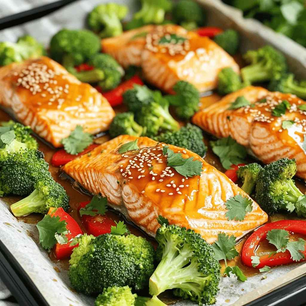 - 4 salmon fillets - 1/4 cup honey - 3 tablespoons soy sauce (or tamari for gluten-free) The main stars of this dish are the salmon fillets. They provide rich flavor and healthy fats. Honey adds sweetness, while soy sauce gives a savory touch. You can use tamari if you're gluten-sensitive. - 2 cups broccoli florets - 1 red bell pepper, sliced For added color and nutrition, I love using broccoli and red bell pepper. Broccoli brings a nice crunch, and red bell pepper adds a sweet, juicy bite. - 3 garlic cloves, minced - 1 tablespoon fresh ginger, grated - 1 tablespoon olive oil - 1 teaspoon sesame oil - 1 lemon, zested and juiced Garlic and ginger are key to the flavor. They give warmth and depth to the sauce. Olive oil adds richness, while sesame oil gives a toasted note. The lemon zest and juice brighten everything up and keep it fresh. Each ingredient plays a role in making this dish vibrant and tasty. You can mix and match flavors or add more veggies if you like. First, preheat your oven to 400°F (200°C). This heat helps the salmon cook evenly. Line a large baking sheet with parchment paper. This keeps your dish from sticking and makes cleanup easy. Next, grab a small bowl and whisk together the honey, soy sauce, minced garlic, grated ginger, olive oil, sesame oil, lemon juice, and zest. Mix until everything is well combined. This sauce is the star of the dish! Now it's time to season the salmon. Place the salmon fillets in the center of the prepared baking sheet. Sprinkle some salt and pepper over them. This simple step adds flavor. Arrange the broccoli florets and sliced red bell pepper around the salmon. Make sure the veggies lie flat on the sheet. This helps them roast nicely. Drizzle the honey garlic sauce over the salmon and vegetables. Make sure everything gets a good coating. This sauce will add a sweet and savory taste to your meal. Roast the dish in the preheated oven for about 15 to 20 minutes. Keep an eye on it! The salmon should be cooked through and flake easily with a fork. The veggies need to be tender but not mushy. After cooking, remove the sheet pan from the oven. Sprinkle sesame seeds over the salmon and veggies for a nice crunch. If you like, garnish with fresh cilantro or chopped green onions before serving. Enjoy your meal! To cook perfect salmon, aim for 15 to 20 minutes in a 400°F oven. Check for doneness by gently flaking the salmon with a fork. If it flakes easily, it’s ready! For tender vegetables, cut them into uniform pieces. This helps them cook evenly. Broccoli florets and red bell peppers should be bright and slightly crisp when done. Serving directly from the sheet pan gives a casual, homey feel. It’s easy and fun! If you want a fancier touch, transfer the salmon and veggies to plates. Drizzle any leftover sauce from the pan over each serving. This adds color and flavor. If you want a sweeter sauce, add more honey. For saltiness, increase the soy sauce. You can also try adding a splash of water to thin the sauce if it's too thick. Make extra sauce to serve on the side. It’s great for dipping! This way, everyone can enjoy the rich flavors even more. {{image_2}} You can change the veggies for more variety. Try using asparagus or zucchini instead of broccoli and bell pepper. They both cook well and add a nice twist. If you want to switch proteins, consider chicken or tofu. Both will soak up the honey garlic sauce, giving you a new flavor. Want to spice things up? Add red pepper flakes or a splash of sriracha. This will bring heat to your dish. You can also switch the seasonings. Try teriyaki sauce for a sweet and savory twist. Fresh herbs like cilantro or basil will add brightness and freshness, too. You can grill the salmon if you prefer a smoky taste. Just be sure to keep an eye on it, as grilling cooks faster. If you like slow cooking, use a slow cooker or an instant pot. This method makes the salmon super tender. Just adjust cooking times to ensure perfect results. To keep your honey garlic salmon fresh, use airtight containers. Glass or BPA-free plastic works best. Make sure to cool the salmon and veggies before sealing them. Store them in the fridge for up to three days. This helps keep the flavors strong. When you want to enjoy leftovers, the oven is your best friend. Preheat it to 350°F (175°C). Place the salmon and veggies on a baking sheet. Cover them with foil to keep moisture in. Heat for about 10-15 minutes. You can also use a microwave. Just heat in short bursts, checking often. This way, you keep the tasty flavors intact. If you want to freeze your meal, it’s easy. Place the cooled salmon and veggies in freezer-safe bags. Try to remove as much air as possible. They can stay frozen for up to three months. When you’re ready to eat, thaw in the fridge overnight. Reheat in the oven or microwave as mentioned. This keeps your meal tasty and ready to enjoy! The cooking time for salmon on a sheet pan depends on its thickness. For fillets about one inch thick, it typically takes 15 to 20 minutes at 400°F (200°C). Thicker fillets may need a few extra minutes. Always check for doneness. The salmon should flake easily with a fork when it's ready. Yes, you can use frozen salmon! Just remember to thaw it first. Place the frozen fillets in the fridge overnight or run them under cold water for quicker thawing. Once thawed, follow the same steps as fresh salmon. The honey garlic sauce will still work well, keeping your meal flavorful. For a complete meal, pair your honey garlic salmon with simple sides. Here are some great options: - Steamed rice or quinoa for a base. - Roasted or steamed vegetables like asparagus or carrots. - A light salad with mixed greens and a citrus vinaigrette. - Garlic bread for a tasty touch. These sides will balance the sweet and savory flavors of the salmon. This recipe offers a simple way to make honey garlic salmon with fresh veggies. You combine tasty salmon fillets with colorful broccoli and red bell peppers. The easy cooking steps and helpful tips ensure a delicious meal every time. You can also play with ingredients and cooking methods to fit your taste. In the end, this dish is about enjoying great flavors and healthy eating. Try it, and you’ll see how easy and tasty dinner can be.