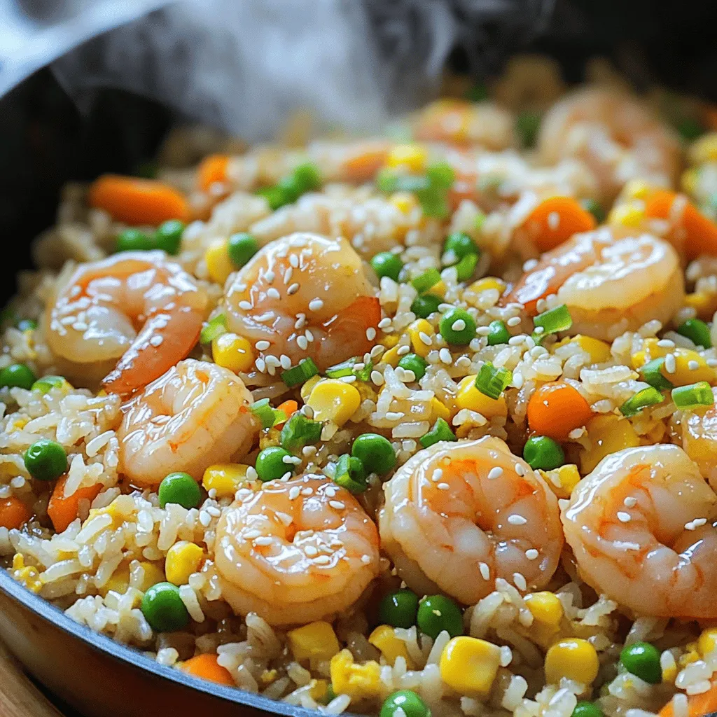 To make this dish, you need the right ingredients. Here’s what you’ll need: - 1 cup jasmine rice (cooked and cooled) - 1 cup shrimp, peeled and deveined - 2 tablespoons honey - 2 tablespoons soy sauce - 1 tablespoon garlic, minced - 1 tablespoon ginger, minced - 1 cup mixed vegetables (carrots, peas, corn) - 2 green onions, chopped - 2 tablespoons sesame oil - Salt and pepper to taste These ingredients create a sweet and savory flavor. The shrimp brings protein, while the rice fills you up. You will need some basic tools to cook this dish quickly: - A large skillet or wok - A spatula for stirring - A mixing bowl for marinating shrimp Using a large skillet helps the food cook evenly. A spatula makes it easy to mix everything. For extra flavor and a nice look, consider garnishing your dish: - Sesame seeds - Extra green onions These garnishes add a crunch and visual appeal. You can choose to skip them, but they enhance the dish. First, take one cup of shrimp, peeled and deveined. In a bowl, mix the shrimp with two tablespoons of honey, two tablespoons of soy sauce, one tablespoon of minced garlic, and one tablespoon of minced ginger. This mix adds lots of flavor. Let it sit for two minutes to soak up the taste. Next, heat your skillet or wok on medium-high. Add two tablespoons of sesame oil to the pan. Once hot, put the marinated shrimp in the skillet. Stir-fry the shrimp for two to three minutes. Watch for the color change; it should turn pink and look cooked. Remove the shrimp and set it aside. In the same skillet, add one cup of mixed vegetables. You can use carrots, peas, and corn. Stir-fry these for two to three minutes until they become tender. After that, push the veggies to one side of the skillet. Add the cooked jasmine rice to the empty side. Break it apart with a spatula. Mix the rice with the veggies well. Now, return the cooked shrimp to the skillet. If you want, drizzle a little more soy sauce for extra flavor. Mix everything well to combine. Cook for an additional minute or two to heat it all through. Finally, season with salt and pepper to taste. Just before serving, stir in some chopped green onions for a fresh touch. If you want, sprinkle sesame seeds on top for added crunch. Enjoy your meal! To get great flavor, use fresh shrimp. Fresh shrimp tastes better than frozen. Marinate your shrimp in honey, soy sauce, garlic, and ginger. This mix adds a sweet and savory taste. Let it sit for a couple of minutes. This step builds flavor. Use cold, cooked jasmine rice. Fresh rice can get mushy. Break up any clumps before adding it to the pan. This keeps the rice light and fluffy. Stir-fry the shrimp until they turn pink. Don’t overcook them; they should be tender. After cooking the shrimp, use the same pan for the veggies. This keeps all the flavor in the dish. Prep your ingredients ahead of time. Cut your veggies and marinate the shrimp before cooking. This cuts down on cooking time. You can also use leftover rice. It makes the dish come together faster. If you have frozen mixed veggies, use them. They cook quickly and save time. {{image_2}} You can swap shrimp for chicken, beef, or tofu. Chicken gives a nice, hearty flavor. Beef adds richness, while tofu is great for a meatless meal. Just ensure you cook your protein fully. Adjust cooking times based on the protein you choose. Feel free to change the mixed vegetables. Try bell peppers, broccoli, or snap peas. These add color and crunch. You can even use leftover veggies from your fridge. Just make sure they are chopped small for even cooking. Soy sauce is a classic, but you can mix it up. Try teriyaki sauce for a sweeter taste. Add a splash of sriracha for heat. You could also use oyster sauce for a deeper flavor. Don’t forget to season with salt and pepper as needed. Store leftover honey garlic shrimp fried rice in an airtight container. Make sure it cools first. Place it in the fridge within two hours of cooking. This keeps it fresh. You can enjoy it for up to three days. If you want to keep it longer, freezing is a good option. To reheat fried rice, use a skillet or a microwave. If using a skillet, add a splash of water or oil. Heat it gently over medium heat. Stir often to warm it evenly. In the microwave, cover the container loosely. Heat it in short bursts, stirring in between. This keeps the rice from drying out. If you want to freeze fried rice, portion it out first. Use freezer-safe bags or containers. Leave some space for expansion. When ready to eat, thaw it overnight in the fridge. To reheat, follow the guidelines above. Freezing helps keep your fried rice tasty for up to three months. It takes about 5 minutes to prep and 10 minutes to cook. In just 15 minutes, you can enjoy a tasty meal. This quick time makes it great for busy nights. Yes, you can use frozen shrimp! Just make sure to thaw it first. This way, the shrimp cooks evenly. For best results, run the shrimp under cold water for a few minutes. You can serve many things with this dish. A simple salad pairs well. You might also enjoy spring rolls or steamed dumplings. These sides add more flavor and texture to your meal. While jasmine rice is best for this dish, you can use other rice types. Long-grain rice or basmati rice works too. Just make sure your rice is cooked and cooled for optimal stir-frying. This blog covered the key ingredients and steps to make honey garlic shrimp fried rice. You learned about cooking tips, time-saving hacks, and storage options. Remember, you can customize this dish with different proteins, vegetables, and sauces to suit your taste. I hope these insights make your cooking easier and more fun. Enjoy your delicious fried rice, and don’t hesitate to experiment with variations!
