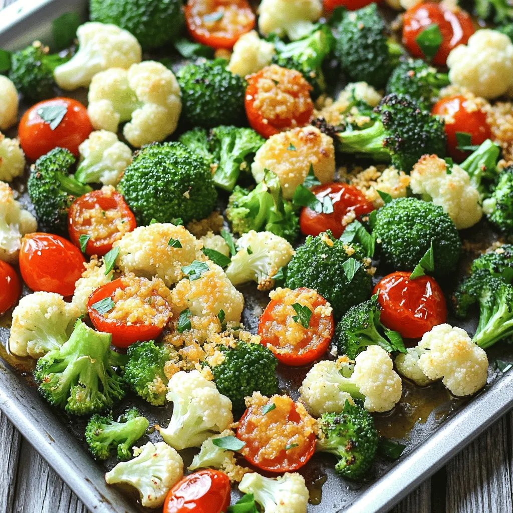 To make Sheet-Pan Garlic Parmesan Roasted Veggies, gather these fresh ingredients: - 2 cups broccoli florets - 2 cups cauliflower florets - 1 cup cherry tomatoes, halved - 1 bell pepper, diced (red or yellow) - 3 tablespoons olive oil - 4 cloves garlic, minced - ½ cup grated Parmesan cheese - 1 teaspoon dried Italian herbs (oregano, basil, thyme) - Salt and pepper to taste - Fresh parsley, chopped for garnish These ingredients blend together to create a colorful and tasty dish. The broccoli and cauliflower add crunch, while cherry tomatoes bring sweetness. The bell pepper adds flavor and bright color. Olive oil helps the veggies roast well. Garlic gives a strong taste, and Parmesan cheese adds richness. Dried Italian herbs bring a warm, savory note. Salt and pepper enhance all the flavors. Fresh parsley offers a nice touch for garnish. When you choose your veggies, look for bright colors and firm textures. This dish is not just healthy; it's also fun to make! Enjoy the process of chopping and mixing each ingredient. This is where your cooking adventure begins! Start by preheating your oven to 425°F (220°C). This heat helps the veggies roast nicely. Next, line a large baking sheet with parchment paper. This step makes cleanup easy and helps prevent sticking. In a large mixing bowl, add the broccoli florets, cauliflower florets, halved cherry tomatoes, and diced bell pepper. Drizzle 3 tablespoons of olive oil over the veggies. Add 4 cloves of minced garlic, 1 teaspoon of dried Italian herbs, and some salt and pepper. Toss everything well until the vegetables are coated. This mix is key to great flavor. Spread the vegetable mixture evenly on the prepared baking sheet. Make sure they are in a single layer. This helps them roast evenly. Place the baking sheet in the preheated oven and roast for 20 minutes. The high heat brings out the natural sweetness in the veggies. After 20 minutes, take the baking sheet out of the oven. Sprinkle ½ cup of grated Parmesan cheese over the veggies. This cheese adds a rich, savory flavor and a delightful crunch. Put the baking sheet back in the oven to roast for another 5 to 10 minutes. Watch closely until the cheese is golden and the veggies are tender. Once roasted, remove the sheet pan from the oven. Let it cool for a few minutes. Then, transfer the roasted veggies to a serving platter. For a fresh finish, sprinkle chopped parsley on top. This adds color and a bit of brightness to your dish. Enjoy your delicious creation! To get your veggies just right, set your oven to 425°F (220°C). This high heat gives you that crispy texture. Make sure to spread the veggies in one layer on the baking sheet. If they overlap, they will steam and not roast well. Always check for doneness. You want them tender but still firm. Cut all your veggies into similar sizes. This helps them cook evenly. For broccoli and cauliflower, aim for bite-sized pieces. Cherry tomatoes should be halved, and bell peppers diced into small chunks. This way, they will all finish cooking at the same time. Add more flavor with simple changes. Try different herbs like rosemary or thyme. A pinch of red pepper flakes can add heat. You can also mix in lemon juice before serving for a fresh twist. For extra richness, drizzle with balsamic glaze. Don’t forget to taste and adjust the salt and pepper before cooking! {{image_2}} You can mix and match veggies to suit your taste. Instead of broccoli and cauliflower, try these: - Zucchini, sliced - Carrots, chopped - Asparagus, cut into pieces - Brussels sprouts, halved These options bring new flavors and colors to your dish. Parmesan is great, but feel free to switch it up. Here are some tasty cheese ideas: - Feta adds a tangy kick - Cheddar gives a rich flavor - Mozzarella melts beautifully Experiment with these for a fresh twist on your veggies. Spices can change the whole dish. If you want a different vibe, try these: - Cumin for a warm taste - Paprika for a smoky flavor - Fresh herbs like basil or dill for brightness These changes can make your roasted veggies exciting and new. To store your leftover garlic Parmesan roasted veggies, let them cool first. Place them in an airtight container. You can keep them in the fridge for up to three days. When you're ready to enjoy your leftovers, preheat your oven to 350°F (175°C). Spread the veggies on a baking sheet. Heat them for about 10-15 minutes. This keeps them crispy and tasty. Alternatively, you can use a microwave. Just heat in 30-second bursts until warm. If you want to freeze your roasted veggies, let them cool down completely. Then, place them in a freezer-safe bag. Make sure to remove excess air before sealing. They can last up to three months in the freezer. When ready to eat, thaw in the fridge overnight, then reheat as usual. Yes, you can use frozen vegetables. They may need a bit longer to cook. Frozen veggies often contain extra water. This can make them less crispy. If using frozen, roast them until they are tender. To make this dish vegan, skip the Parmesan cheese. You can use nutritional yeast instead. It adds a cheesy flavor. You can also try vegan cheese options. Just sprinkle it on before the last roasting step. These roasted veggies pair well with many dishes. You can serve them with grilled chicken or fish. They also go well with pasta or quinoa. For a light meal, enjoy them with a fresh salad. Leftovers can last up to four days in the fridge. Store them in an airtight container. Reheat in the oven for best results. This keeps them crispy and tasty. Yes, you can prep the veggies ahead of time. Chop and mix them with oil and spices. Store them in the fridge for up to 24 hours. Just roast them when you're ready to eat. You learned how to make delicious Sheet-Pan Garlic Parmesan Roasted Veggies. We covered key ingredients, step-by-step instructions, and tips for the perfect roast. You saw how to adjust flavors and find creative variations too. Now you can enjoy tasty, healthy dishes anytime. Keep experimenting with your favorite veggies and seasonings. This recipe is fun and easy, making it a great addition to your kitchen. Enjoy your cooking adventures!