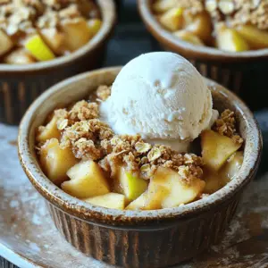 - Apples: Use 2 medium Granny Smith or Honeycrisp apples, peeled and diced. These types add a nice tartness and hold their shape well. - Other Ingredients with Measurements: - 2 tablespoons brown sugar - 1/2 teaspoon ground cinnamon - 1/4 teaspoon nutmeg - 1/2 cup rolled oats - 1/4 cup all-purpose flour - 1/4 cup cold unsalted butter, diced - 2 tablespoons granulated sugar - Pinch of salt - 1 tablespoon lemon juice - For a delightful touch, serve warm with a scoop of vanilla ice cream or a dollop of whipped cream. This adds creaminess that contrasts well with the warm, spiced apples. Enjoying it this way makes each bite even more special. Start with two medium apples. I like using Granny Smith or Honeycrisp for their tartness. Peel and dice the apples into small pieces. In a small bowl, mix the diced apples with two tablespoons of brown sugar, half a teaspoon of ground cinnamon, a pinch of nutmeg, and one tablespoon of lemon juice. Let this sit for a few minutes. This helps the apples soak up all the flavors. In another bowl, gather half a cup of rolled oats, a quarter cup of all-purpose flour, and two tablespoons of granulated sugar. Add a small pinch of salt for balance. Dice a quarter cup of cold unsalted butter and toss it in. Use your fingers or a pastry cutter to mix everything until it looks like coarse crumbs. This will be your crumble topping. Grab two small ramekins or a small baking dish. Evenly distribute the apple mixture into each ramekin. Then, sprinkle the crumble topping over the apples. Make sure it covers them well. This layer adds a nice crunch when baked. Preheat your oven to 350°F (175°C). This temperature is just right for cooking the apples and crisping the topping. Place the ramekins on a baking sheet. Bake them in the preheated oven for 25 to 30 minutes. You want the top to be golden brown and the apples to bubble. When they are done, take them out and let them cool for a minute before serving. - Ideal Butter Temperature Use cold butter. It helps create the best crumble. Diced butter should stay firm. This keeps the topping crunchy. If the butter warms up, the topping gets mushy. - Achieving Desired Texture Mix the butter with your dry ingredients. Use your fingers or a pastry cutter. You want coarse crumbs. This texture traps air and bakes up light. If it looks too wet, add a bit more flour. - Additional Spices to Consider Consider adding a pinch of ginger or cloves. These spices add warmth. They can also give a unique twist to your dish. Don't be shy to experiment! - Sweetness Adjustments Taste your apple mix before baking. If it’s too tart, add more brown sugar. Honey or maple syrup works, too. Adjust based on your preference. You can always add sweetness, but it’s hard to take it away! {{image_2}} Alternative Fruits You can switch apples for pears or peaches. These fruits add unique flavors. You can also use berries for a twist. Just chop them up and use them in the same way. Each fruit brings its own sweetness and taste. Experiment and find your favorite mix! Vegan Options To make this dessert vegan, swap butter for coconut oil. Use a plant-based sugar, like maple syrup. Choose vegan ice cream or skip the cream. These changes keep the dish tasty while fitting a vegan diet. Enjoy the crumble guilt-free! Garnishes and Sauces Top your apple crumble with a scoop of vanilla ice cream. A drizzle of caramel sauce adds rich sweetness. You can also sprinkle nuts on top for crunch. Whipped cream is another great choice. These garnishes make it look fancy and taste even better. Pairing with Beverages Serve your crumble with a warm cup of tea. A sweet cider pairs well, too. For a fun twist, try a splash of sparkling wine. These drinks enhance the dessert's flavors. Choose your favorite and enjoy! To keep your apple crumble fresh, store it in the fridge. Use an airtight container. This helps keep the flavors intact. You can enjoy leftovers for up to three days. When you want to reheat, preheat your oven to 350°F (175°C). Place the crumble in the oven for about 10-15 minutes. This warms it through and keeps the topping crispy. If you're in a hurry, you can use a microwave. Heat for 30-60 seconds, but this may soften the topping. If you want to save some for later, you can freeze apple crumble. First, let it cool completely. Then, wrap it tightly in plastic wrap or foil. You can also use a freezer-safe container. This will help prevent freezer burn. Apple crumble can be frozen for up to three months. When you're ready to eat it, thaw it in the fridge overnight. Reheat it in the oven as mentioned above for the best taste and texture. Enjoy your delicious treat anytime! To make a larger batch, simply double the recipe. Use four medium apples. Increase the sugar and spices as needed. You can also use a larger baking dish. Just keep an eye on the baking time. It may take a bit longer to cook. Yes, you can use a pre-made pie crust. Roll it out and cut it to fit your ramekins. Then, fill them with the apple mixture. You can top it with the pie crust instead of the crumble. Bake as directed. The crust will be golden and flaky. Yes, you can make this apple crumble gluten-free. Substitute the all-purpose flour with a gluten-free blend. Make sure your oats are labeled gluten-free too. The taste and texture will still be delicious. Enjoy your guilt-free dessert! This guide walks you through making a perfect apple crumble. We explored ingredients, preparation steps, and baking tips. I shared tricks for a great topping and suggested fun variations. Proper storage tips can help you enjoy leftovers later. Making this apple crumble can be fun and easy. Keep experimenting with flavors and ingredients. You’ll find the right mix for you. Enjoy creating delicious treats for everyone to love!