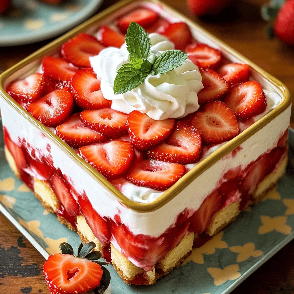 To make Strawberry Shortcake Icebox Cake, gather these items: - 1 pound fresh strawberries, hulled and sliced - 2 tablespoons granulated sugar - 1 cup heavy whipping cream - 2 tablespoons powdered sugar - 1 teaspoon vanilla extract - 12-15 shortbread cookies (store-bought or homemade) - Fresh mint leaves for garnish (optional) You can swap some ingredients if needed. Use any fresh fruit, like peaches or blueberries, instead of strawberries. For a lighter cake, try low-fat whipped cream. You can use honey or maple syrup instead of granulated sugar for sweetness. If you are gluten-free, use gluten-free cookies. You can also make your own cookies at home. To make this cake, you'll need a few tools: - A mixing bowl for strawberries - A mixing bowl for whipped cream - A whisk or electric mixer for whipping cream - A 9x9 inch baking dish for layering - A spatula for spreading cream - Plastic wrap to cover the dish These tools will help you create a lovely dessert with ease! First, take one pound of fresh strawberries. Remove the green tops and slice them. Place the sliced strawberries in a bowl. Add two tablespoons of granulated sugar. Toss the strawberries gently. Let them sit for about 15 minutes. This helps the strawberries release their juices. You will see the sugar mix with the juice. This step makes the strawberries sweet and tasty. Next, grab a separate bowl. Pour in one cup of heavy whipping cream. Add two tablespoons of powdered sugar. Don't forget one teaspoon of vanilla extract. Use a hand mixer or whisk. Beat the mixture for about 3 to 5 minutes. Look for medium peaks to form. This is when the cream thickens but is still soft. It should look fluffy and smooth. Now, let’s layer the cake. Take a 9x9 inch baking dish. Start with a layer of shortbread cookies at the bottom. You can break the cookies if they don’t fit. Spread a generous layer of the whipped cream over the cookies. Then, add a layer of the macerated strawberries. Make sure to include the juices. Repeat this process with the remaining cookies, cream, and strawberries. Finish with a top layer of whipped cream. Cover the dish with plastic wrap. Place it in the fridge for at least 4 hours. If you can, let it chill overnight. This helps all the flavors blend. When ready to serve, you can garnish with mint leaves. Slice into squares and enjoy! To make the best whipped cream, start with cold tools. Use a chilled bowl and beaters. This helps the cream whip faster. You want medium peaks, not stiff peaks. Medium peaks hold shape but are still soft. Beat the cream for about 3 to 5 minutes. Watch closely to avoid overwhipping. Overwhipped cream can turn into butter. Adding powdered sugar gives it a nice sweetness. The vanilla extract adds a lovely flavor too. When layering, start with a layer of cookies. You can break the cookies if they don’t fit. Spread whipped cream evenly over the cookies. Then, add macerated strawberries with their sweet juices. Repeat the layers until you use all your ingredients. Try to end with whipped cream on top. This creates a pretty finish. If you want, add fresh mint leaves for a pop of color. One common mistake is not letting strawberries sit long enough. They need time to release their juices. Skipping this step can make the cake too dry. Another mistake is not chilling the cake long enough. Refrigerate it for at least 4 hours. This helps the cookies soften and absorb flavors. Finally, be careful when whipping the cream. Don’t overwhip it, or it will become grainy. Remember these tips for a perfect Strawberry Shortcake Icebox Cake! {{image_2}} You can change the flavor of this cake easily. Try using different fruits like blueberries or raspberries. They add a nice twist. You can also use peaches or even cherries. For a fun twist, add a layer of lemon curd. It gives a fresh taste that pairs well with the cream. You can mix in a bit of cocoa powder to the whipped cream for a chocolate flavor. This adds a rich taste that chocolate lovers will enjoy. While shortbread cookies are classic, you can switch them up. Try using graham crackers for a different crunch. They give a nice texture and flavor. You can also use vanilla wafers for a sweeter base. If you want something more hearty, try oatmeal cookies. They add a chewy texture that contrasts nicely with the cream. If you need gluten-free options, use gluten-free cookies. Many brands make tasty options that work well in this cake. For a dairy-free version, use coconut cream instead of heavy cream. It whips up just like regular cream and adds a nice coconut flavor. You can also use almond milk or oat milk for the whipped cream. Just make sure to add a stabilizer like cornstarch to help it hold its shape. To keep your leftover Strawberry Shortcake Icebox Cake fresh, cover it tightly. Use plastic wrap or foil to seal the dish. This will prevent air and moisture from getting in. Store it in the refrigerator. It stays good for up to three days. Make sure to slice it before serving for easy access. You can freeze this cake if you have lots of leftovers. First, slice the cake into squares. Wrap each piece in plastic wrap, then place them in a freezer bag. This helps keep the cake fresh. You can freeze it for up to two months. When you want to eat it, just thaw it in the fridge overnight. The cake will last about three days in the fridge. After that, the cookies may get too soggy. If you freeze it, the flavor and texture stay good for two months. This makes it a great option for meal prep or making ahead for a party. Enjoy your cake fresh for the best taste! Yes, you can make this cake ahead of time. In fact, I recommend it! The flavors blend better when the cake sits. You can prepare it up to a day in advance. Just cover it well and place it in the fridge. When you are ready to serve, simply add your mint leaves for garnish. You can use many fruits in this cake. Ripe peaches, blueberries, or raspberries work well. You can even mix different fruits together. Just remember to adjust the sugar based on the sweetness of the fruit you choose. This keeps your cake balanced and tasty. The right consistency for whipped cream is when it forms medium peaks. This usually takes about 3-5 minutes of whipping. To test, lift the beaters out of the cream. The peaks should hold their shape but still be soft. If it looks too stiff, it has been over-whipped. Aim for a light and fluffy texture. This blog post covered every part of making a delicious cake. We discussed ingredients, tools, and each step, from preparing strawberries to layering. I shared tips for perfect whipped cream and common mistakes to avoid. Variations let you experiment with flavors and dietary needs. Finally, I included storage tips to keep your cake fresh. Enjoy creating your cake, and remember, practice makes perfect!