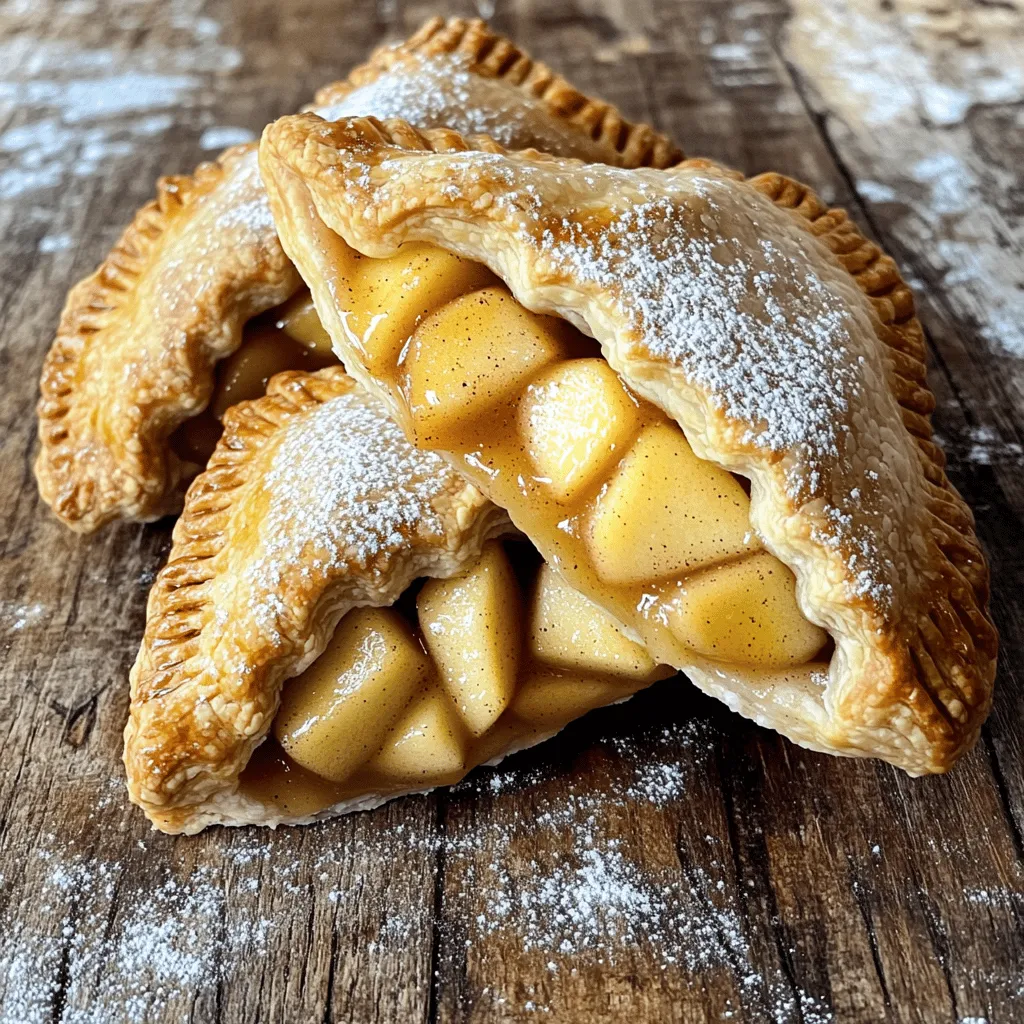- 2 medium apples, peeled and diced - 1 tablespoon lemon juice - 1/3 cup brown sugar - 1 teaspoon ground cinnamon - 1/4 teaspoon nutmeg - 1 tablespoon cornstarch - 1 tablespoon butter, melted - 1 package (1 lb) refrigerated pie crusts (or homemade pie dough) - 1 egg, beaten (for egg wash) - Powdered sugar (for dusting, optional) Alternative fruits for filling You can swap apples with pears or berries. Use what you love. Gluten-free pie crust options Look for gluten-free pie crusts in stores. You can also make your own with gluten-free flour. Sugar substitutes Try using coconut sugar or stevia. Both will keep the sweetness without regular sugar. First, gather your ingredients. You need two medium apples, diced, and some lemon juice. In a medium bowl, mix the diced apples with one tablespoon of lemon juice. Add in 1/3 cup of brown sugar, one teaspoon of ground cinnamon, and 1/4 teaspoon of nutmeg. Lastly, stir in one tablespoon of cornstarch. This helps thicken the filling. Mix well until the apples are coated. Let the mixture sit for about 10 minutes. This allows the sugar to draw out the juices from the apples. Next, let’s make the crust. Roll out the refrigerated pie crusts on a lightly floured surface. Cut them into circles, about 5 inches in diameter. You should get around 6-8 circles from each crust. Now, place about two tablespoons of the apple filling in the center of each dough circle. Brush the edges of the dough with melted butter. This helps the edges seal better. Fold the dough over to create a half-moon shape. Press the edges with a fork to seal. You can crimp by hand for a nice touch. Now it’s time to cook the hand pies! Preheat your air fryer to 350°F (175°C). Lightly brush the tops of the hand pies with the beaten egg for a golden finish. If you want, sprinkle some extra cinnamon and sugar on top. Place the hand pies in the air fryer basket. You might need to do this in batches. Cook for 10-12 minutes. Flip them halfway through for even cooking. They should turn golden brown and crispy. Once cooked, carefully remove the hand pies from the air fryer. Let them cool for a few minutes before enjoying! For crispy hand pies, set your air fryer to 350°F (175°C). This temperature helps create a nice crunch. Flip the hand pies halfway through cooking. This step ensures even browning on both sides. To avoid sogginess, do not overcrowd the basket. Give each pie room to breathe. Crimping the edges is key to a good seal. Use a fork to press down along the edges. This method keeps the filling inside while cooking. You can also pinch the edges with your fingers for a decorative look. To prevent leaks, brush the edges with melted butter before sealing. If you want a golden finish, consider vegan options. Use a mixture of almond milk and maple syrup instead of egg. This blend gives a nice color without using animal products. You can also use regular milk or cream for a similar effect. {{image_2}} You can change the filling to surprise your taste buds. Adding nuts or raisins brings a nice crunch and sweetness. Chopped walnuts or pecans work well. They add texture and a rich flavor. Raisins provide a chewy element that pairs perfectly with apples. You can also spice it up! Try adding cardamom or allspice to the apple mix. These spices add warmth and depth. Just a pinch can elevate the taste and make your pies unique. Experimenting is the fun part of cooking! The dough you choose can change the hand pies a lot. Whole wheat dough offers a nutty flavor and is more nutritious. Puff pastry gives a light, flaky texture that's hard to resist. Both options can be delicious! You can use homemade or store-bought dough. Homemade dough lets you control the ingredients. It can be fun to make, but store-bought is quick and easy. Both ways can lead to tasty hand pies. Serving your hand pies can be just as fun as making them! A scoop of ice cream or a dollop of whipped cream pairs great with warm pies. The cold creaminess contrasts nicely with the warm filling. These hand pies aren’t just for dessert. They make a tasty breakfast or snack too! You can grab one on the go or serve them at a brunch. They are versatile and always a hit! To keep your apple hand pies fresh, store them in the fridge. Use an airtight container to avoid drying out. You can also wrap them in plastic wrap. This method helps keep them moist. If you want to save them for longer, freezing is a great option. Place the hand pies in a freezer bag. Remove as much air as you can. They will stay fresh for about three months in the freezer. When you are ready to eat your hand pies, reheating is key to keeping them crispy. Place them in the air fryer at 350°F (175°C) for about 5-7 minutes. This method brings back the crunch. If you freeze them, first thaw them in the fridge overnight. Then, heat them using the same method. Thawed pies will take about 7-10 minutes to warm up. Keep an eye on them to avoid burning. Stored apple hand pies last for about 3-4 days in the fridge. Make sure to check for signs of spoilage. Look for any changes in color or smell. If they feel soggy or have an off taste, it’s best to toss them. Freezing can extend their life to three months. Always label your freezer bags with the date for easy tracking. Making pie dough from scratch is easy. You need just four simple ingredients. Here’s a quick overview: - 1 1/4 cups all-purpose flour - 1/2 teaspoon salt - 1/2 cup cold butter, diced - 3-4 tablespoons cold water Start by mixing the flour and salt in a bowl. Add the cold butter and mix until it looks like crumbs. Next, slowly add the cold water until the dough forms. Roll it out on a floured surface. Chill the dough for about 30 minutes before using. This will give you a nice, flaky crust for your apple hand pies. Yes, you can make apple hand pies ahead of time. Here are the best storage methods: - Refrigeration: Store uncooked hand pies in the fridge for up to 24 hours. - Freezing: For longer storage, freeze them before cooking. Place the pies on a baking sheet and freeze until solid. Then, transfer them to a freezer bag. They can stay frozen for up to three months. When you're ready to bake, cook them straight from the freezer. Just add a couple of extra minutes to the cooking time. Using the right apples makes a big difference. Here are my top recommendations: - Granny Smith: These apples are tart and hold their shape well. - Honeycrisp: Sweet and juicy, they add great flavor. - Fuji: These apples are crisp and sweet, perfect for a balanced pie. Mixing different apples can also create a delightful taste. Enjoy experimenting with flavors! In this blog post, I shared how to make delicious apple hand pies. You learned about the key ingredients, like fresh apples, brown sugar, and spices. I explained simple steps for preparation, assembly, and air frying. I also included tips for sealing, variations, and storage. Making these hand pies can be fun and easy. You can enjoy them as treats or snacks anytime. With these clear instructions and helpful tips, you’re ready to bake and share!