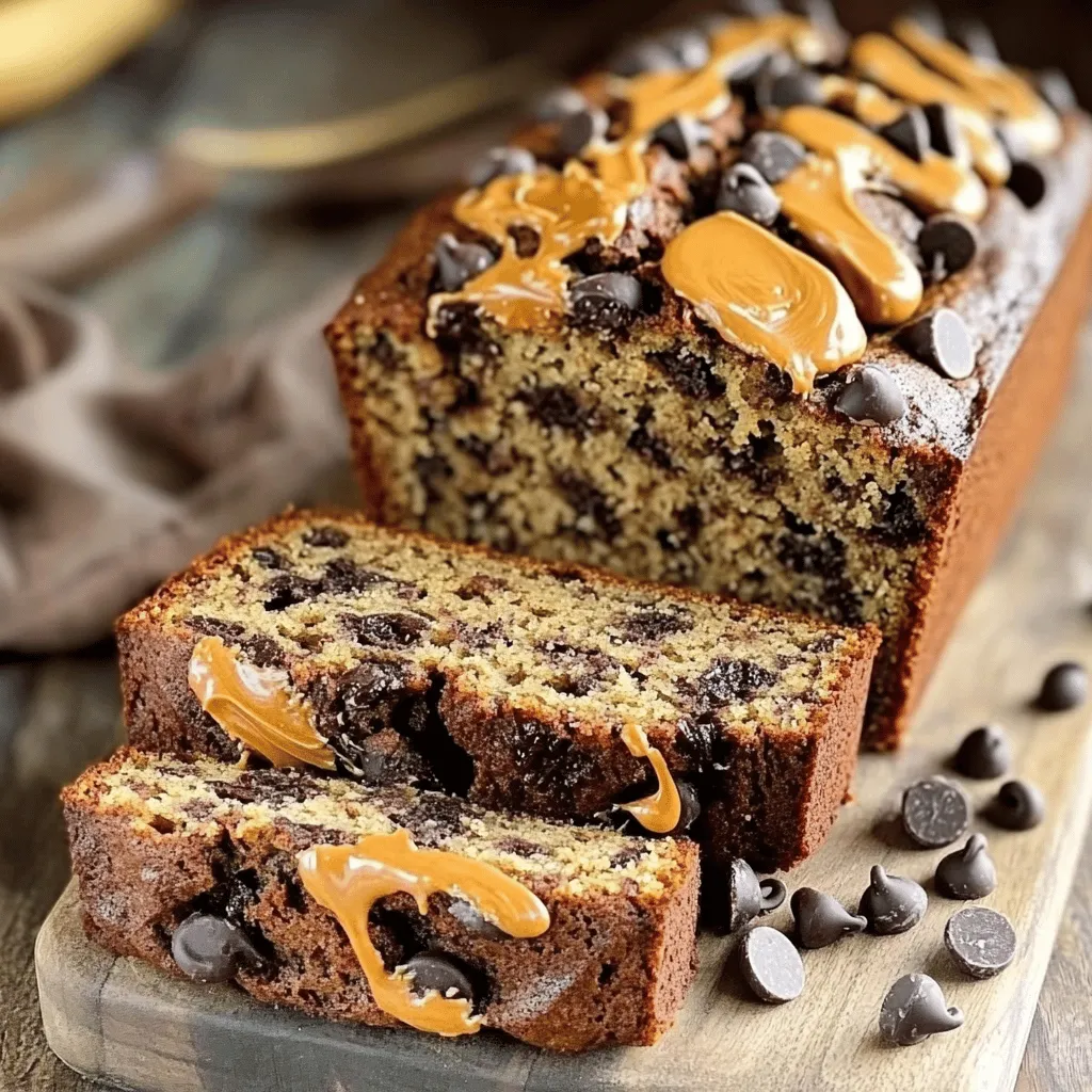 - 3 ripe bananas, mashed - 1/2 cup creamy peanut butter - 1/3 cup melted coconut oil (or unsalted butter) - 1/2 cup brown sugar - 2 large eggs - 1 teaspoon vanilla extract - 1 teaspoon baking soda - 1/4 teaspoon salt - 1 1/2 cups all-purpose flour - 1/2 cup chocolate chips (semi-sweet or dark) - Optional: 1/4 cup chopped walnuts or pecans This banana bread is a treat. It has a sweet taste and a soft texture. Ripe bananas give it a rich flavor. The more spots on the bananas, the better they are for baking. Creamy peanut butter adds a nice nutty taste. If you like, you can use crunchy peanut butter for a fun twist. Coconut oil makes the bread moist. You can also use unsalted butter if you prefer. Brown sugar adds a deep sweetness. It helps keep the bread soft and chewy. Large eggs bind everything together. They also help the bread rise. Vanilla extract brings a warm flavor. Baking soda helps it rise and gives the bread a fluffy texture. A little salt balances the sweetness. All-purpose flour creates the structure. Chocolate chips are a must for a sweet touch. You can use semi-sweet or dark chocolate. If you enjoy nuts, add walnuts or pecans for extra crunch. This mix of ingredients makes the best peanut butter chocolate chip banana bread! - First, preheat your oven to 350°F (175°C). This is key for even baking. - Next, grease a 9x5 inch loaf pan or line it with parchment paper. This helps with easy removal later. - In a large bowl, combine the mashed bananas and creamy peanut butter. Mix them until smooth. - Now, add the melted coconut oil, brown sugar, eggs, and vanilla extract. Stir well until everything blends nicely. - In another bowl, whisk together the baking soda, salt, and flour. This ensures even mixing. - Gradually add the dry mixture to the wet ingredients. Mix gently until just combined, being careful not to overmix. - Fold in the chocolate chips and, if you like, the chopped nuts. This adds great texture and flavor. - Pour the batter into your prepared loaf pan. Use a spatula to smooth the top. - Place the loaf pan in the oven and bake for 60-70 minutes. - To check if it’s done, insert a toothpick into the center. If it comes out clean, it’s ready! - Allow the bread to cool in the pan for about 10 minutes. This makes it easier to remove. - After that, carefully transfer it to a wire rack. Let it cool completely before slicing. - Avoid overmixing the batter: Mix gently until the ingredients blend. Overmixing makes the bread tough. You want a soft and moist texture. - How to test for doneness: Insert a toothpick into the center of the bread. If it comes out clean, your banana bread is ready. If it has wet batter, bake for a few more minutes. Keep checking every five minutes until it's done. - Best ways to serve banana bread: Serve slices warm or at room temperature. For a fun touch, drizzle extra peanut butter on top. You can also add chocolate chips for a sweet treat. - Pairing options with beverages: Enjoy your banana bread with a glass of cold milk. It also pairs well with coffee or tea. The flavors complement each other nicely, making your snack time special. - Best practices for storing: To keep your banana bread fresh, wrap it tightly in plastic wrap or place it in an airtight container. Store it at room temperature for up to three days. For longer storage, put it in the fridge or freezer. - How to reheat: To reheat, slice the bread and warm it in the microwave for about 15-20 seconds. You can also toast it for a few minutes. This brings back its soft, warm texture and enhances the flavors. {{image_2}} You can change the nuts in your banana bread to suit your tastes. Chopped walnuts or pecans add a nice crunch. If you like almonds or hazelnuts, try those instead. They bring their unique flavors to the bread. For those who want a nut-free option, sunflower seeds work well. They add texture without the nut flavor. You can also skip the nuts entirely if you prefer a smooth loaf. Chocolate chips are a must in this recipe. Semi-sweet or dark chocolate chips both work great. Each type gives a different taste, so pick what you like best. For a richer chocolate flavor, add cocoa powder. Mixing in 1/4 cup of cocoa powder can turn your bread into a chocolate lover's dream. You might also try chocolate chunks instead of chips. They melt beautifully and create gooey pockets of chocolate. If you want to switch up the sweetener, brown sugar is a classic choice. But you can use coconut sugar for a healthier twist. It has a similar flavor and keeps the bread moist. Natural sweeteners like honey or maple syrup can replace brown sugar too. Just remember to use less liquid in your wet mix if you add these. This will help your bread stay soft and tasty. This peanut butter chocolate chip banana bread has about 170 calories per slice. Each slice offers a mix of key nutrients, making it a tasty treat. Here’s a quick look at the main macronutrients: - Carbohydrates: 22 grams - Protein: 4 grams - Fat: 8 grams These numbers can vary based on your specific ingredients and portion sizes. Bananas and peanut butter pack a powerful punch. Bananas are rich in potassium, which helps your heart and muscles. They also provide fiber, aiding digestion. Peanut butter offers healthy fats, protein, and vitamins. It can keep you full and satisfied. However, eating too much peanut butter can add extra calories. Moderation is key to enjoying this delicious bread without overdoing it. If you need gluten-free options, use almond or coconut flour instead of all-purpose flour. You can also find gluten-free baking mixes at the store. For a vegan version, swap the eggs for flax eggs. Mix one tablespoon of ground flaxseed with three tablespoons of water. Let it sit for a few minutes before adding it to the batter. This will help you keep the bread moist and fluffy without using eggs. Yes, you can use frozen bananas. They work great in banana bread. Frozen bananas are soft when thawed. This helps blend them well with peanut butter. The flavor remains sweet and rich. Just make sure to thaw and drain any excess water before using. This keeps the texture nice and moist. You can swap a few ingredients for healthier options. Try using whole wheat flour instead of all-purpose flour. You can also replace brown sugar with honey or maple syrup. This adds natural sweetness. If you want less fat, use unsweetened applesauce instead of coconut oil. You still get a tasty loaf with these changes. If your banana bread is too dry, don’t worry. You can fix it! First, check if you overbaked it. Next time, try adding an extra mashed banana. This adds moisture. You can also drizzle some milk over slices before serving. This helps soften the bread and makes it more enjoyable. Absolutely, you can freeze this banana bread. Cool the bread completely before freezing. Wrap it tightly in plastic wrap, then in foil. This prevents freezer burn. When you want to eat it, thaw it in the fridge overnight. You can also heat slices in the microwave for a quick treat. Enjoy the warm, fresh taste! This blog post shared a simple recipe for making delicious peanut butter chocolate chip banana bread. We covered essential ingredients, easy steps for preparation, and baking tips. Remember to avoid overmixing for a great texture. You can customize it with various nuts, chocolates, or sweeteners. Store it properly for fresh enjoyment later. I hope you feel inspired to bake this tasty treat. Enjoy every bite and share it with friends and family!