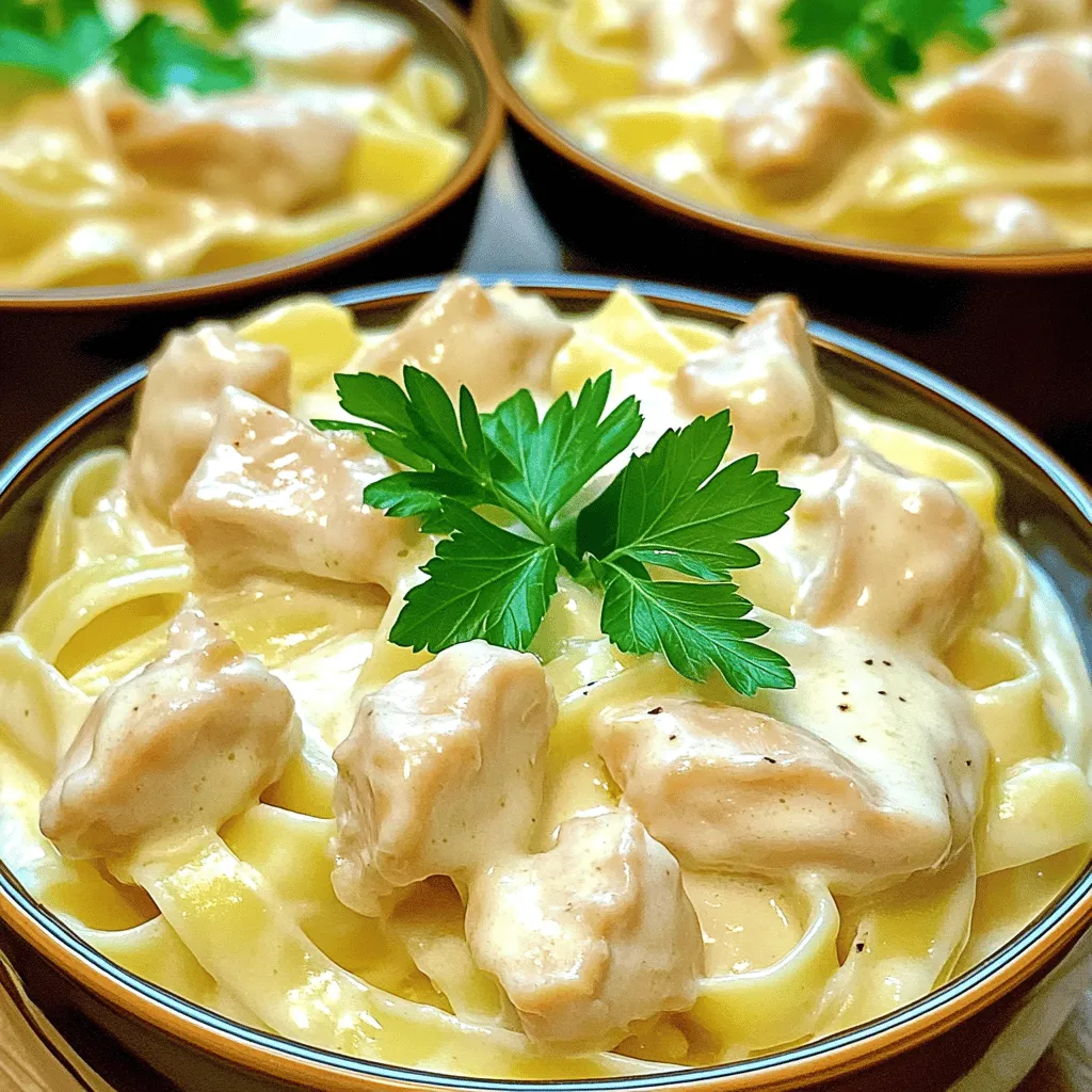For a creamy Instant Pot Chicken Alfredo, you need: - 1 lb boneless, skinless chicken breasts, cut into bite-sized pieces - 12 oz fettuccine pasta - 1 cup heavy cream - 1 cup grated Parmesan cheese Having these main ingredients is key to a rich and tasty dish. The chicken adds protein, while the fettuccine serves as the perfect base. The cream and cheese bring that classic Alfredo flavor we love. You will also need: - 2 tablespoons olive oil - 3 cloves garlic, minced - 1 teaspoon Italian seasoning - Salt and pepper to taste The olive oil helps sauté the chicken, giving it a nice color. Garlic adds depth, and the Italian seasoning brings a burst of flavor. Don't forget to add salt and pepper to enhance the taste! Finally, grab: - 2 cups chicken broth The chicken broth is essential. It helps cook the pasta and keeps everything moist. It also enriches the sauce, making it more delicious. 1. First, turn on the Instant Pot and set it to 'Sauté' mode. 2. Add 2 tablespoons of olive oil and let it heat up. 3. Cut 1 pound of boneless, skinless chicken into bite-sized pieces. 4. Add the chicken to the pot and sprinkle with salt, pepper, and 1 teaspoon of Italian seasoning. 5. Sauté the chicken for 5-7 minutes until it turns lightly brown. 6. Stir occasionally to cook evenly. 7. Next, add 3 cloves of minced garlic to the pot. 8. Sauté the garlic for about 1 minute until it smells great. 1. Pour in 2 cups of chicken broth. 2. Use a spatula to scrape the bottom of the pot. This helps deglaze it. 3. Break 12 ounces of fettuccine pasta in half and add it to the pot. 4. Make sure the pasta is well submerged in the broth. 5. Close the lid tightly and set the pressure valve to 'Sealing.' 6. Cook on 'Manual' or 'Pressure Cook' for 5 minutes. 1. After 5 minutes, do a quick release of the pressure. 2. Open the lid carefully. 3. Add 1 cup of heavy cream and 1 cup of grated Parmesan cheese to the pot. 4. Stir gently until everything blends well and turns creamy. 5. If the sauce seems too thick, add a bit more chicken broth to thin it out. 6. Taste the dish and adjust the seasoning if needed before serving. This easy method makes a creamy, flavorful chicken Alfredo in no time! To make your sauce just right, focus on thickness first. After adding cream and cheese, stir well. If it feels too thick, just add some chicken broth. This easy step gives you control over the sauce's texture. For flavor adjustments, taste the sauce before serving. You can add salt, pepper, or more Italian seasoning as needed. A little bit of lemon juice can brighten the flavors too! While sautéing, avoid burning the garlic. It can turn bitter. Stir often, and watch closely. If you smell it getting too dark, turn down the heat. When cooking the pasta, remember to break it in half first. This helps it fit better in the pot and ensures even cooking. The pasta should be tender but not mushy. Check it before serving. To serve, use nice bowls for your creamy Alfredo. This adds a touch of class. You can sprinkle extra Parmesan on top for a cheesy finish. Garnish with fresh parsley for color. It makes the dish look appealing and adds a bit of freshness. These simple touches can turn a home-cooked meal into a delightful feast! {{image_2}} You can switch the chicken for shrimp or sausage. Shrimp cooks fast and adds a nice flavor. To use shrimp, add it when you add the garlic. Cook until pink and firm. For sausage, slice it and brown it with the chicken. This gives a tasty twist to your dish. For a veggie option, add broccoli or spinach. Broccoli adds crunch and color. You can add it right before sealing the pot. Spinach wilts down nicely and adds nutrients. Toss in a few handfuls when you add the cream. Both options make the dish healthy and bright. If you want to change the pasta, try penne or gluten-free pasta. Penne holds sauce well. Just adjust the cooking time as needed. Gluten-free pasta is great for those with dietary needs. Follow the package instructions for cooking times. Each option will give your meal a new feel. To store leftovers, let the dish cool first. Place the chicken Alfredo in an airtight container. It will stay fresh in the fridge for up to three days. When you want to reheat, use the microwave or a pot on the stove. Add a splash of chicken broth if it seems dry. Heat gently until warm. For long-term storage, you can freeze the chicken Alfredo. Use a freezer-safe container or freezer bags. Make sure to remove as much air as possible. This dish can last up to three months in the freezer. When ready to eat, thaw it overnight in the fridge. Reheat on the stove for the best results. Cooked chicken Alfredo stays fresh for about three days in the fridge. After that, the quality may decline. If you freeze it, it remains safe to eat for up to three months. Always check for any signs of spoilage before consuming. Yes, you can use different pasta shapes. I like fettuccine for its wide, flat shape. You can try penne, rotini, or even whole wheat pasta. Just make sure to adjust the cooking time based on the pasta you choose. Smaller shapes may cook faster, so keep an eye on them. Absolutely! If you don't have an Instant Pot, you can use a large pot on the stove. Start by sautéing the chicken in olive oil, just like in the recipe. After browning the chicken, add the garlic and broth. Then, bring it to a boil and add the pasta. Cook until the pasta is done and then mix in the cream and cheese. You can cut calories by using less cream. Try substituting half of the heavy cream with low-fat milk or broth. You can also use less cheese or a lighter cheese option. Adding more vegetables like spinach or zucchini can also help make the dish lighter without losing flavor. This blog post covered how to create a delicious chicken Alfredo. We explored key ingredients like chicken, pasta, and cheese. I shared step-by-step cooking instructions and tips for perfecting your sauce. We discussed fun variations, so you can change things up, plus storage tips for leftovers. Remember, cooking is a chance to be creative. Use what you like, and have fun in the kitchen. Enjoy making this meal, and share it with friends and family!