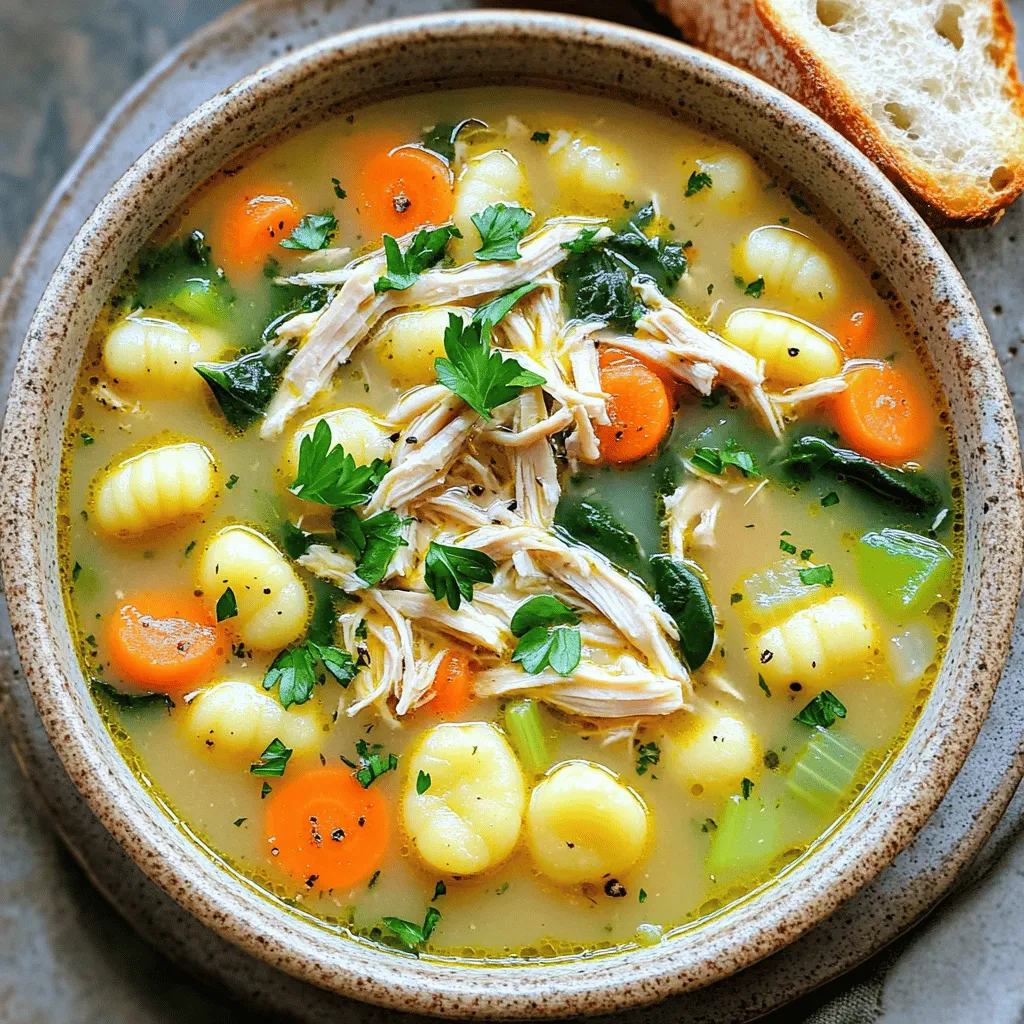 - 1 lb boneless, skinless chicken breasts - 4 cups chicken broth - 1 medium onion, diced - 2 cloves garlic, minced - 4 medium carrots, diced - 2 stalks celery, diced - 1 cup baby spinach - 1 cup heavy cream - 1 package (16 oz) potato gnocchi - Fresh parsley for garnish You need fresh ingredients for the best flavor. Start with chicken breasts. I like using boneless and skinless ones. They cook well and stay tender. Next, choose a good chicken broth. It adds depth to your soup. Diced onions and minced garlic bring an aromatic base. Carrots and celery add crunch and sweetness. Baby spinach gives a nice pop of color and nutrition. For creaminess, heavy cream does the trick. Finally, potato gnocchi makes it hearty and fun. - Olive oil - Dried thyme - Dried oregano - Salt and pepper to taste You will also need some pantry staples. Use olive oil to sear the chicken. Dried thyme and oregano add earthy notes. Salt and pepper enhance all the flavors in the soup. Make sure to have these on hand. They are key to making your soup shine. - Searing the Chicken Breasts in Olive Oil Start by heating 2 tablespoons of olive oil in a skillet. Place 1 pound of boneless, skinless chicken breasts in the hot oil. Sear each side for 2-3 minutes until they turn golden brown. This step adds flavor and locks in juices. - Transferring to Slow Cooker Once seared, carefully move the chicken breasts to your slow cooker. It’s important to keep all those delicious juices in the pan for later use. - Layering Vegetables Over Chicken Next, add 1 medium diced onion, 2 minced garlic cloves, 4 diced carrots, and 2 diced celery stalks over the chicken in the slow cooker. Layering these veggies gives the soup a rich flavor. - Incorporating Chicken Broth and Seasonings Pour in 4 cups of chicken broth. Then sprinkle 1 teaspoon each of dried thyme and oregano. Season with salt and pepper to taste. These herbs bring warmth and depth to the soup. - Setting Slow Cooker Temperature and Time Cover the slow cooker and set it to low for 6-7 hours or high for 4 hours. This slow cooking makes the chicken very tender and allows the flavors to blend. - Shredding the Chicken After Cooking After cooking, remove the chicken from the slow cooker. Use two forks to shred the chicken into bite-sized pieces. This makes it easy to enjoy in your soup. - Adding Gnocchi and Cream Stir in 1 package (16 oz) of potato gnocchi, 1 cup of heavy cream, and 1 cup of baby spinach. Cook on high for an additional 30 minutes. This will make the gnocchi tender and the soup creamy. Enjoy the warmth and comfort of this hearty soup! To make your soup pop with flavor, start with seasoning. Use salt and pepper to taste. These basics lift the dish and enhance all the other flavors. I recommend adding garlic for a warm taste. You can use fresh or dried garlic, depending on what you have. For herbs, dried thyme and oregano work well. These herbs add depth and warmth to your soup. If you're feeling adventurous, try fresh herbs like basil or parsley. They can brighten the dish when you add them at the end. Cooking gnocchi in the slow cooker is easy. Add them during the last 30 minutes of cooking. This way, they stay soft and don't get mushy. Stir gently to coat them in the creamy soup. To adjust creaminess, add more heavy cream if you want a richer soup. If you prefer a lighter soup, use less cream or substitute with milk. You can even add more chicken broth for a thinner texture. Just taste as you go to find your perfect balance! {{image_2}} You can change the protein in this soup. Try using turkey or even tofu. These swaps keep the dish tasty and fun. If you use turkey, keep the cooking time the same. For tofu, add it near the end to warm through. Mix in seasonal veggies for a fresh twist. In spring, try peas or asparagus. In fall, add sweet potatoes or butternut squash. These options bring color and flavor to your soup. Plus, they boost nutrition. If you need gluten-free gnocchi, look for brands made from rice or corn. Many stores sell these now. They work just as well and taste great in the soup. Just check the package for cooking times. To make the soup dairy-free, swap heavy cream for coconut milk or almond milk. These options add richness without dairy. Use unsweetened versions to keep the flavor balanced. Adjust the seasoning as needed. - Storing Leftovers Properly: Let your soup cool down first. Then, pour it into an airtight container. Seal it tight and place it in the fridge. Your soup stays fresh for up to three days. - Best Practices for Freshness: Always use clean utensils to scoop out the soup. This keeps germs away. If you notice any change in smell or color, throw it out. - How to Freeze Gnocchi Soup: Use freezer-safe containers or bags. Leave some space at the top, as the soup will expand. It can stay frozen for up to three months. - Thawing and Reheating Tips: To thaw, move the soup from the freezer to the fridge overnight. For quick thawing, place the sealed bag in cold water. Reheat it on the stove over low heat. Stir often until it’s hot. If the soup seems thick, add a splash of chicken broth or water. You can cook this soup on low for 6-7 hours. If you need it faster, cook it on high for about 4 hours. Both methods will give you tender chicken and rich flavors. Yes, you can! To make this soup without a slow cooker, use a large pot on your stove. Sear the chicken in the pot, then add the veggies and broth. Let it simmer for about 30-40 minutes. This way, you can still enjoy a cozy meal without the slow cooker. I love to serve this soup with a slice of crusty bread. It soaks up the broth nicely. You can also pair it with a simple green salad for a fresh touch. A light vinaigrette adds a nice zing to the meal. You’ve learned how to make a delicious chicken gnocchi soup. We covered the main ingredients, step-by-step instructions, and useful tips. Variations let you change flavors, while storage info helps keep leftovers fresh. Now, it’s your turn to enjoy this comforting meal. Whether you stick to the recipe or make it your own, this soup will warm your heart and fill your belly. Happy cooking!