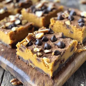 - 1 cup unsalted butter - 1 cup brown sugar, packed - 1/2 cup granulated sugar - 1 cup canned pumpkin puree - 2 large eggs - 1 teaspoon vanilla extract - 2 cups all-purpose flour - 1 teaspoon baking powder - 1 teaspoon baking soda - 1 teaspoon ground cinnamon - 1/2 teaspoon ground nutmeg - 1/4 teaspoon ground ginger - 1/4 teaspoon salt - 1 cup chocolate chips (optional) - 1/2 cup walnuts or pecans, chopped (optional) You can make your blondies even more fun with add-ins. Chocolate chips add sweetness and creaminess. Use dark or milk chocolate, based on your taste. Chopped nuts like walnuts or pecans give a nice crunch. If you want a unique twist, try dried cranberries or white chocolate chips. For a gluten-free option, swap all-purpose flour for a gluten-free blend. When picking canned pumpkin, look for 100% pure pumpkin. Avoid pumpkin pie filling. The filling has added sugar and spices, which change the taste. Check the label for quality. Brands like Libby’s and Farmer’s Market are popular. Also, look for cans without dents or rust for freshness. 1. Preheat your oven to 350°F (175°C). 2. Line a 9x13 inch baking pan with parchment paper. Leave some overhang to remove later. 3. In a medium saucepan, melt 1 cup of unsalted butter over medium heat. 4. Swirl the pan as the butter cooks. Watch for it to turn golden brown. 5. This usually takes about 5-7 minutes. The butter should smell nutty. 6. Remove the pan from heat and let the butter cool slightly. 7. In a large bowl, combine the brown butter, 1 cup brown sugar, and 1/2 cup granulated sugar. 8. Whisk these ingredients until they blend well. 9. Add 1 cup canned pumpkin puree, 2 large eggs, and 1 teaspoon vanilla extract. 10. Mix this until the batter is smooth. 1. In another bowl, whisk together 2 cups all-purpose flour, 1 teaspoon baking powder, 1 teaspoon baking soda, 1 teaspoon ground cinnamon, 1/2 teaspoon ground nutmeg, 1/4 teaspoon ground ginger, and 1/4 teaspoon salt. 2. Gradually add the dry mix to the wet mix. Stir gently until combined. 3. Do not overmix! This keeps your blondies soft and chewy. 4. If you like, fold in 1 cup chocolate chips and 1/2 cup chopped nuts. 5. Pour the batter into the lined baking pan and spread it evenly. 6. Bake for 25-30 minutes in the preheated oven. 7. Check for doneness by inserting a toothpick in the center. It should come out with a few moist crumbs. - Start checking at 25 minutes to avoid overbaking. - If the toothpick has wet batter, give it more time. - Let the blondies cool in the pan for 15 minutes. - Then, transfer them to a wire rack to cool completely. - Cut into squares once they are cool. Enjoy your delicious treat! To get that soft and chewy blondie texture, use the right amount of flour. Measure carefully, and don’t pack the flour into the cup. Overpacking can lead to dry blondies. Mix your batter just until combined. Overmixing can make them tough. Brown butter adds a rich, nutty flavor. To brown butter, melt it in a medium saucepan over medium heat. Keep an eye on it. Swirl the pan to help it cook evenly. After about five to seven minutes, it should turn a golden brown. Don’t walk away; it can burn quickly. Avoid using cold eggs or pumpkin puree straight from the fridge. Room temperature ingredients mix better and create a smoother batter. Also, be sure to line your baking pan with parchment paper. This helps with easy removal and prevents sticking. Keep an eye on your blondies while baking. They can go from perfect to overbaked fast. {{image_2}} You can change up the flavor of your blondies easily. Try adding different spices like cardamom or allspice for a new twist. You can also swap the chocolate chips for white chocolate or butterscotch chips. Mixing in dried fruit, like cranberries or raisins, gives a nice chew and extra flavor. If you love nuts, try using pecans or hazelnuts. These mix-ins make your blondies unique and fun. To make gluten-free blondies, swap all-purpose flour for a gluten-free blend. Look for one that has xanthan gum for the best results. For a dairy-free version, use coconut oil or vegan butter in place of unsalted butter. Also, choose dairy-free chocolate chips if you add them. This way, everyone can enjoy these treats! Seasonal ingredients can change the taste of your blondies. In fall, add apple butter or maple syrup instead of pumpkin puree for a different flavor. In spring, consider using fresh strawberries or raspberries to brighten the taste. You can also mix in some lemon zest for a fresh zing. Each season brings new options to keep your blondies exciting! To keep your brown butter pumpkin blondies fresh, store them in an airtight container. Use parchment paper between layers to prevent sticking. Keep them at room temperature for up to four days. For longer storage, refrigerate them for up to a week. Let them come back to room temperature before serving for the best taste. Freezing blondies is easy and a great way to save extras. First, let them cool completely. Then, cut them into squares. Wrap each square in plastic wrap or foil. Place the wrapped blondies in a freezer bag. They will stay good for up to three months. To enjoy, simply thaw them in the fridge overnight or at room temperature. Reheating blondies is simple and quick. Preheat your oven to 350°F (175°C). Place the blondies on a baking sheet. Heat for about 5 to 10 minutes, until warm. You can also microwave a single square for about 15 to 20 seconds. Serve them warm with ice cream or whipped cream for an extra treat! Yes, you can use fresh pumpkin. First, roast a small pumpkin until soft. Then, scoop out the flesh and blend it until smooth. Make sure to measure it as one cup, just like canned pumpkin. To check if your blondies are done, insert a toothpick in the center. If it comes out with a few moist crumbs, they are ready. If it has wet batter, bake for a few more minutes. Yes, you can make this recipe vegan. Replace the eggs with flax eggs or unsweetened applesauce. Use vegan butter instead of regular butter. Also, choose dairy-free chocolate chips if you want them. These blondies are great on their own but can be even better with a scoop of vanilla ice cream. You can also top them with whipped cream and a sprinkle of cinnamon for extra flavor. You learned about the key ingredients for making blondies, from canned pumpkin to mix-ins. I shared tips on achieving the perfect texture and how to brown butter. You also discovered best practices for baking and storing your treats. Remember, blondies can have many fun variations. You can switch out flavors and ingredients to match your taste. Whether you make them gluten-free or dairy-free, enjoy your baking journey!