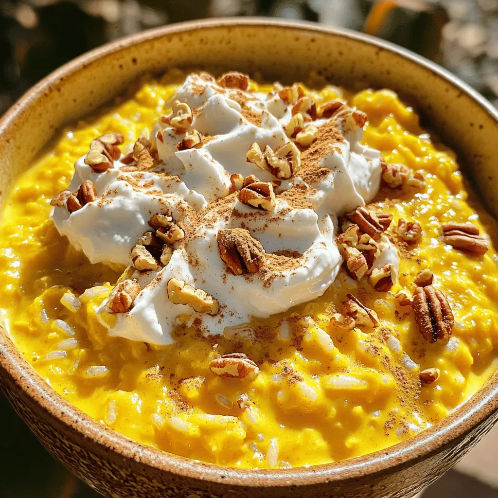 When making Pumpkin Spice Rice Pudding, you need a few simple ingredients. Here’s what you’ll need: - 1 cup Arborio rice - 4 cups whole milk - 1 cup pumpkin puree - 1/3 cup brown sugar - 1 teaspoon pumpkin pie spice - 1 teaspoon vanilla extract - 1/4 teaspoon salt - Optional add-ins: - 1/2 cup raisins - 1/4 cup chopped pecans (for topping) - Whipped cream (for serving) Each ingredient plays a key role in creating rich flavors. Arborio rice gives the pudding its creamy texture. Whole milk adds that wonderful richness. Pumpkin puree is the star, bringing in a lovely fall flavor. Brown sugar sweetens the dish, while pumpkin pie spice adds warmth. Vanilla extract lifts the overall taste, and a pinch of salt balances it. You can also add raisins for sweetness and pecans for crunch. The whipped cream is a nice touch for serving, making it feel special. 1. In a medium saucepan, combine 1 cup of Arborio rice with 4 cups of whole milk. This rice gives our pudding a creamy texture. 2. Next, incorporate 1 cup of pumpkin puree. This adds flavor and color to the dish. 3. Now, add 1/3 cup of brown sugar. This sugar will give the pudding its sweet taste. If you want it sweeter, you can add a bit more. 4. Then, mix in 1 teaspoon of pumpkin pie spice. This will bring that warm, fall flavor. Finally, add 1/4 teaspoon of salt to enhance all the flavors. 1. Bring the mixture to a gentle boil over medium heat. Make sure to stir it often. This helps prevent sticking and burning. 2. Once it starts boiling, reduce the heat to low. Let it simmer uncovered. Stir occasionally for about 25-30 minutes. This is when the rice will become tender and the pudding thickens. 3. Keep an eye on the time. If the rice is still hard, you can cook it a bit longer. Just make sure to stir so it doesn’t stick. 1. After cooking, stir in 1 teaspoon of vanilla extract. If you like, you can also add 1/2 cup of raisins at this point. Cook for an additional 5 minutes. 2. Remove from heat and let it cool slightly. The pudding will thicken a bit more as it cools. 3. For serving, spoon the pudding into bowls. Sprinkle chopped pecans on top for a nice crunch. You can serve it warm or chilled. If you want, add a dollop of whipped cream for extra creaminess. - To avoid sticking, stir often while cooking. Use a wooden spoon for best results. - If your pudding is too thin, let it simmer a bit longer. Keep stirring to prevent burning. - Use a heavy-bottomed pot. It distributes heat evenly and helps your pudding cook well. - You can substitute pumpkin pie spice with cinnamon or nutmeg. This adds depth to your dish. - Try adding a pinch of nutmeg. It pairs nicely with pumpkin and adds warmth. - If you like, mix in maple syrup instead of brown sugar. It gives a nice twist to the flavor. - For garnish, top with chopped pecans or a sprinkle of cinnamon. This adds crunch and color. - Serve with fresh cranberries for a tangy contrast. They brighten the dish and add seasonal flair. - A dollop of whipped cream makes it rich and smooth. It’s a great finishing touch for your pudding. {{image_2}} You can play with rice types in this recipe. Arborio rice is creamy, but other options work too. Jasmine rice gives a nice aroma. Sushi rice adds a chewy texture. Both choices keep it fun and new. For a dairy-free twist, try almond or coconut milk. Almond milk offers a light nutty flavor. Coconut milk gives a tropical taste. Both alternatives still create a nice creamy pudding. Add spices to change the flavor in exciting ways. Nutmeg and allspice can blend well with pumpkin pie spice. A hint of ginger can also add warmth. If you love chocolate, stir in some cocoa powder. You can even add chocolate chips for sweetness. Caramel drizzled on top brings a rich touch. These additions make the pudding unique every time. You can serve this rice pudding in fun ways. Layer it with whipped cream and fruit for a parfait look. This adds texture and makes it more appealing. Want a baked version? Pour the pudding into a baking dish. Top with a sprinkle of nuts or crumbs. Bake until golden for a delicious twist. You can enjoy it warm or cold, whatever you like best. To keep your pumpkin spice rice pudding fresh, let it cool first. Store it in an airtight container. This will help prevent it from drying out. For best results, use glass containers. They keep flavors intact and are easy to clean. You can reheat your rice pudding in two ways: the microwave or stovetop. For the microwave, place the pudding in a bowl. Heat it in short bursts, stirring in between. This keeps the pudding creamy. For the stovetop, place the pudding in a saucepan over low heat. Stir often to avoid burning. Add a splash of milk if it seems too thick. To freeze rice pudding, let it cool completely. Then, scoop it into freezer-safe containers. Leave some space at the top for expansion. When you want to enjoy it, thaw the pudding in the fridge overnight. Reheat it using the stovetop method, adding a bit of milk for creaminess. For pumpkin spice rice pudding, I love using Arborio rice. This rice has a high starch content. As it cooks, it releases creamy starch, which makes the pudding rich and smooth. Other types, like long-grain rice, won’t give the same texture. They do not have enough starch to create that creamy feel. Arborio rice is the star here! Yes, you can make this recipe ahead of time. After cooking, let the pudding cool to room temperature. Then, store it in an airtight container in the fridge. It will stay fresh for about three days. When you want to enjoy it, reheat gently on the stove or in the microwave. Add a splash of milk to bring back its creamy texture. To boost the flavor, you can add extra spices. A pinch of nutmeg or cinnamon works wonders. You can also mix in some maple syrup for sweetness. If you want more texture, try adding chopped nuts or dried fruit. You can even swirl in some caramel sauce for a sweet twist. Each change makes the dish more personal and special! We covered how to make a delicious pumpkin spice rice pudding. You learned about key ingredients like Arborio rice and pumpkin puree. I walked you through preparation, cooking, and finishing touches for the perfect dish. We explored helpful tips and fun variations, enhancing your recipe experience. Finally, I shared storage and reheating advice for leftovers. Enjoy creating this cozy fall dessert that’s easy and customizable for anyone!