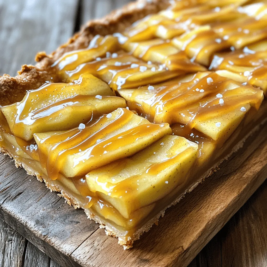 To make these bars, gather these key ingredients: - 2 cups all-purpose flour - 1/2 cup granulated sugar - 1/4 teaspoon salt - 1/2 cup unsalted butter, softened - 1/4 cup brown sugar - 1 large egg - 3 cups thinly sliced apples (about 3 medium apples, preferably Granny Smith) - 1/2 teaspoon cinnamon - 1/4 teaspoon nutmeg - 1/4 cup salted caramel sauce (store-bought or homemade) - Sea salt for topping These ingredients work together to create a sweet and savory taste. The apples add a fresh crunch, while the caramel brings a rich, sweet touch. The spices enhance the flavor, making each bite a delight. You can customize your bars with these optional ingredients: - Chopped nuts (like walnuts or pecans) for crunch - Oats for a chewy texture - Vanilla extract for added depth - Dried fruit like raisins or cranberries for sweetness Adding these can give your bars a unique twist. Feel free to play around with flavors to suit your taste! For this recipe, I recommend using Granny Smith apples. They are tart and hold their shape well when baked. Other great options include: - Honeycrisp for a sweet crunch - Fuji for a sweeter flavor - Braeburn for a hint of spice Choose apples based on your taste. Mixing different types can add depth and fun to your bars! First, you need to preheat your oven to 350°F (175°C). This is a key step to get the bars just right. Next, take an 8x8 inch baking dish and line it with parchment paper. Make sure to let some paper hang over the edges. This makes it easy to lift out the bars later. In a large bowl, mix 2 cups of all-purpose flour, 1/2 cup of granulated sugar, and 1/4 teaspoon of salt. This combination gives your crust a nice flavor. Now, add in 1/2 cup of softened unsalted butter. Mix it until it looks like coarse crumbs. Next, stir in 1/4 cup of brown sugar and 1 large egg. Keep mixing until the dough sticks together. Take about 2/3 of this dough and press it into the bottom of your prepared dish. Make sure it is even. Reserve the rest of the dough for later. Bake the crust for 15 to 20 minutes, or until it turns lightly golden. Once baked, set it aside to cool a bit. Now it’s time for the apple filling. In a separate bowl, toss 3 cups of thinly sliced apples with 1/2 teaspoon of cinnamon and 1/4 teaspoon of nutmeg. This gives the apples a warm, spiced flavor. Spread the apple mixture evenly over the baked crust. Next, drizzle 1/4 cup of salted caramel sauce over the apples. Make sure to cover them well. Finally, crumble the reserved dough over the top. This will create a nice texture when baked. Return the dish to the oven and bake for another 25 to 30 minutes. You want the top to be golden brown and the apples tender. Once done, let the bars cool completely before lifting them out. Enjoy your delicious creation! When picking apples, look for firm and crisp ones. I love using Granny Smith apples. They are tart and hold up well when baking. You can also try Honeycrisp or Fuji apples for a sweeter taste. Always smell the apples. They should have a nice, fresh scent. Avoid any with bruises or soft spots. To make your crust flaky, use cold butter. Cut the butter into small pieces before mixing it. Mix the dough just until it comes together. Do not overwork it. This will keep your crust light and flaky. After baking the base, let it cool for a bit. This helps keep the crust from getting soggy when you add the apples and caramel. Spices can take your bars to the next level. I like to use cinnamon and nutmeg, but you can add more. Try ginger or allspice for a warm kick. You can even add a splash of vanilla extract to the apple mixture. This will give a nice depth of flavor. Just a pinch of sea salt on top brings out all the sweet notes. {{image_2}} You can change up the flavor by using different apples. Granny Smith apples have a tart taste. This tartness balances the sweet caramel. Honeycrisp apples are sweet and crisp. They add a nice texture to the bars. Fuji apples are another great choice. They are sweet and juicy, which makes the bars taste delightful. You can mix different apple types too. This gives a more complex flavor to your bars. If you need a gluten-free option, try using almond flour or oat flour. Almond flour gives a nutty flavor. Oat flour keeps the bars soft and chewy. You can also use a gluten-free all-purpose blend. Just make sure it has xanthan gum for the best texture. When you use these flours, the bars may need a bit more moisture. Add a splash of water or milk to help with this. To make these bars vegan, swap the butter for coconut oil or vegan butter. Use a flax egg instead of a regular egg. To make a flax egg, mix one tablespoon of ground flaxseed with three tablespoons of water. Let it sit for a few minutes until it thickens. For caramel, use a vegan caramel sauce or make your own with coconut milk. These changes keep the bars tasty while fitting a vegan diet. To keep your salted caramel apple pie bars fresh, store them in an airtight container. Place parchment paper between layers to avoid sticking. This method keeps the bars soft and tasty. You can keep them at room temperature for up to three days. If you want them to last longer, refrigerate them for up to a week. To enjoy your bars warm, reheating is key. Preheat your oven to 350°F (175°C). Place the bars on a baking sheet. Cover them loosely with foil to prevent drying out. Heat for about 10 minutes. For a quick option, use the microwave. Heat for about 15-20 seconds. This warms them up and softens the caramel. Freezing is a great way to save your salted caramel apple pie bars for later. First, let the bars cool completely. Then, wrap each bar in plastic wrap. Place the wrapped bars in a freezer-safe bag or container. They can stay frozen for up to three months. When ready to eat, thaw them in the fridge overnight. Reheat as mentioned before for the best taste. Yes, you can use store-bought caramel sauce. It saves time and still tastes good. Look for a high-quality brand that is creamy and rich. If you want a quick fix, this is a great option. Just pour it over the apples before adding the topping. To make salted caramel from scratch, you need sugar, butter, and cream. Here’s a simple way to do it: - In a saucepan, heat 1 cup of sugar over medium heat. - Stir until it melts and turns golden brown. - Add 6 tablespoons of butter and stir until melted. - Slowly pour in 1/2 cup of heavy cream, stirring constantly. - Add a pinch of sea salt. Let it cool before using. This method gives you a fresh caramel flavor that is hard to beat! Salted caramel apple pie bars pair well with many things. Here are some ideas: - Vanilla ice cream adds creaminess. - Whipped cream makes it light and fluffy. - A drizzle of extra salted caramel enhances the flavor. - A scoop of cinnamon ice cream gives a nice spice kick. These options make every bite even more enjoyable! In this article, we explored how to make salted caramel apple pie bars. We discussed essential and optional ingredients, ideal apple types, and gave step-by-step instructions. I shared tips for a perfect crust, flavor boosts, and variations to fit dietary needs. Storing and reheating were also covered. These bars are not just tasty; they can be adapted to suit your preferences. Try them out and enjoy a sweet treat!