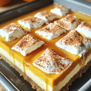 To make these no-bake pumpkin cheesecake bars, gather the following items: - 1 ½ cups graham cracker crumbs - ½ cup unsalted butter, melted - 2 tablespoons sugar - 16 oz cream cheese, softened - 1 ½ cups canned pumpkin puree - 1 cup powdered sugar - 1 teaspoon vanilla extract - 1 teaspoon ground cinnamon - ½ teaspoon ground ginger - ¼ teaspoon nutmeg - 1 ½ cups whipped cream (prepared or homemade) For an extra touch, consider these garnishes: - Caramel sauce for drizzling - Extra ground cinnamon for sprinkling - Chopped nuts like pecans or walnuts If you need to make some changes, try these options: - Use gluten-free graham crackers if you want a gluten-free crust. - Swap cream cheese with a dairy-free version for a vegan option. - Maple syrup can replace sugar for a natural sweetener. - Whipped coconut cream works well instead of regular whipped cream. To make the crust, gather these items: - 1 ½ cups graham cracker crumbs - ½ cup unsalted butter, melted - 2 tablespoons sugar In a medium bowl, mix the graham cracker crumbs, melted butter, and sugar. Stir until all crumbs are coated. Next, press this mixture firmly into the bottom of a 9x9-inch baking dish. Make sure it’s even. After pressing, place the dish in the fridge to chill while you prepare the filling. For the filling, you will need: - 16 oz cream cheese, softened - 1 ½ cups canned pumpkin puree - 1 cup powdered sugar - 1 teaspoon vanilla extract - 1 teaspoon ground cinnamon - ½ teaspoon ground ginger - ¼ teaspoon nutmeg - 1 ½ cups whipped cream Start by beating the softened cream cheese in a large bowl. Mix until it’s smooth and creamy. Then, add the pumpkin puree, powdered sugar, vanilla extract, cinnamon, ginger, and nutmeg. Stir until everything is well blended. Finally, gently fold in the whipped cream. This makes the filling light and fluffy. Now, take the chilled crust out of the fridge. Spoon the pumpkin cheesecake filling over the crust. Use a spatula to spread it evenly. Once you have an even layer, cover the dish. Place it back in the fridge for at least 4 hours. I recommend letting it chill overnight for the best results. After it sets, cut the cheesecake into bars and serve them cold. Enjoy! To get a smooth filling, start with room temperature cream cheese. Cold cream cheese can lead to lumps. Beat it well until it's creamy before adding other ingredients. Mix the pumpkin puree and spices in slowly. This helps the flavors blend well. Finally, gently fold in the whipped cream. This keeps the filling light and fluffy. Chill your cheesecake bars for at least four hours. Overnight is even better. This allows the bars to set properly. The longer they chill, the firmer they become. It also improves the flavors. For best results, cover them well during chilling. When serving, cut the bars into squares for easy portions. Drizzle caramel sauce over each bar for extra sweetness. A sprinkle of cinnamon adds a nice touch too. You can also serve them with a dollop of whipped cream. These little extras make your bars look and taste great! {{image_2}} To make vegan no-bake pumpkin cheesecake bars, swap the cream cheese for a plant-based option. Use vegan cream cheese or silken tofu for a creamy texture. Replace whipped cream with coconut cream. This gives you a rich and smooth filling. The rest of the ingredients, like pumpkin and spices, remain the same. These changes keep the taste delicious while being dairy-free. For gluten-free pumpkin cheesecake bars, use gluten-free graham cracker crumbs. You can find these in many stores. If you can't find them, crush gluten-free cookies or make your own from gluten-free oats and nuts. The filling stays the same, ensuring you still enjoy that creamy pumpkin flavor. It's a simple switch that keeps everyone happy! You can add different flavors to your pumpkin cheesecake bars. Consider mixing in chocolate chips for a sweet touch. You might also add a splash of maple syrup for extra sweetness. If you like spice, try adding a pinch of allspice or cloves. These small changes can elevate your dessert and make it truly unique. Store any leftover cheesecake bars in an airtight container. Place them in the fridge. They will stay fresh for about four to five days. If you want them to last longer, freezing is a great option. To freeze the bars, first cut them into pieces. Wrap each piece in plastic wrap. Then, place them in a freezer-safe bag or container. They can last up to three months when frozen. When ready to enjoy, thaw in the fridge overnight. Always keep the bars covered to avoid drying out. To maintain the best texture, avoid cutting until you're ready to serve. If they sit too long, the crust might lose its crunch. Enjoy them fresh for the best taste! You can easily make these bars a day or two in advance. Just follow the recipe steps. After you assemble the bars, cover them well with plastic wrap. Store them in the fridge. This allows the flavors to meld and improves the taste. When you are ready to serve, cut them into bars. This makes for a great dessert option when hosting. Yes, homemade whipped cream works great in this recipe. To make it, whip heavy cream until it forms soft peaks. You can add a bit of sugar for sweetness if you like. Just make sure it is light and fluffy before folding it into the pumpkin mix. This adds a fresh taste and even more creaminess to your bars. If you need a substitute for cream cheese, try using Greek yogurt. It gives a tangy flavor and creamy texture. You can also use a plant-based cream cheese for a vegan option. Just ensure that the substitute is spreadable and soft. This way, it mixes well with the pumpkin and other ingredients. To sum up, we explored how to make delicious pumpkin cheesecake bars. I shared the key ingredients and helpful substitutions. You learned easy steps for preparing the crust and filling. Tips for a smooth texture and chilling time also helped guide you. Plus, variations like vegan and gluten-free options made this recipe accessible to all. Finally, we covered storage tips to keep your bars fresh. Enjoy your tasty treats, and share them with others!