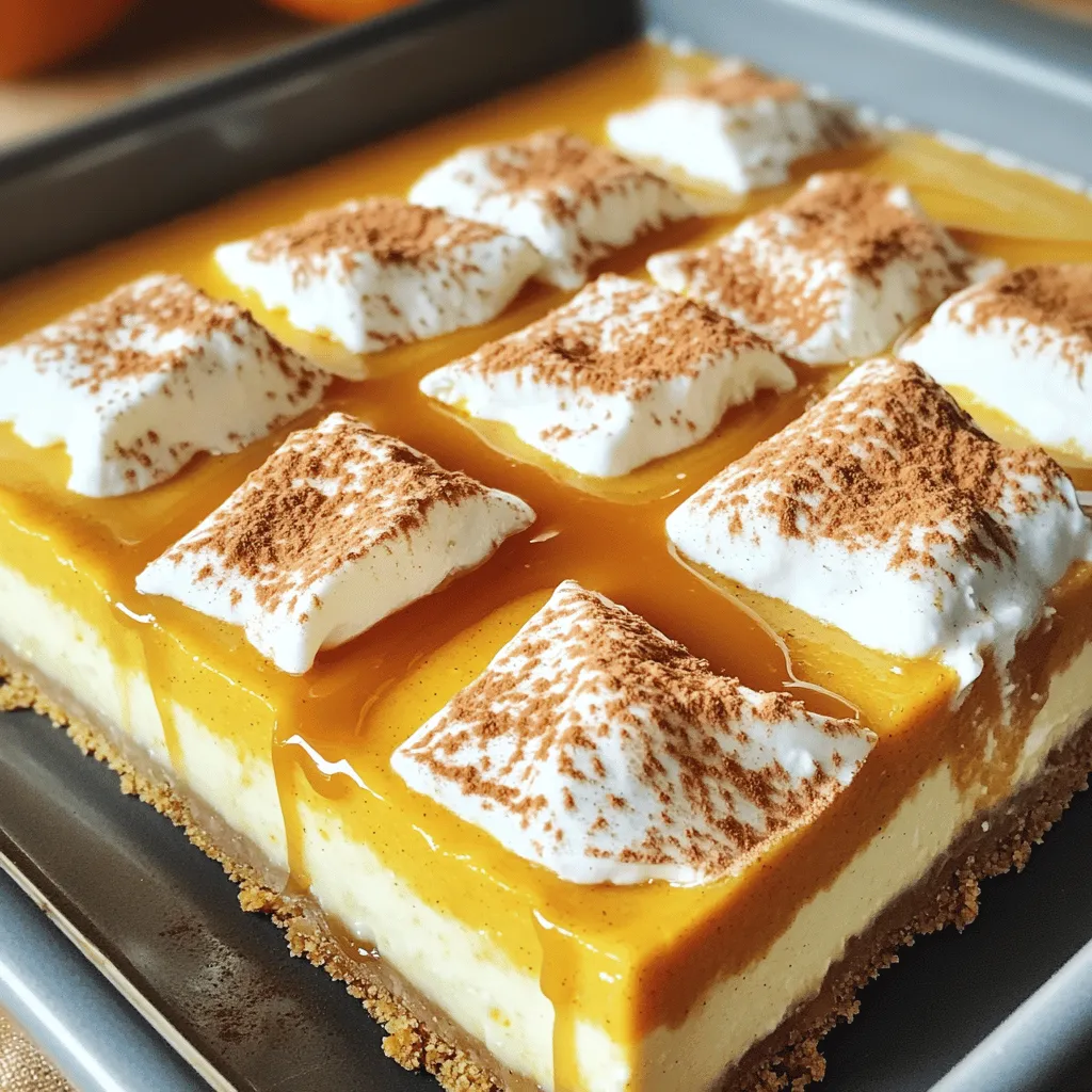 To make these no-bake pumpkin cheesecake bars, gather the following items: - 1 ½ cups graham cracker crumbs - ½ cup unsalted butter, melted - 2 tablespoons sugar - 16 oz cream cheese, softened - 1 ½ cups canned pumpkin puree - 1 cup powdered sugar - 1 teaspoon vanilla extract - 1 teaspoon ground cinnamon - ½ teaspoon ground ginger - ¼ teaspoon nutmeg - 1 ½ cups whipped cream (prepared or homemade) For an extra touch, consider these garnishes: - Caramel sauce for drizzling - Extra ground cinnamon for sprinkling - Chopped nuts like pecans or walnuts If you need to make some changes, try these options: - Use gluten-free graham crackers if you want a gluten-free crust. - Swap cream cheese with a dairy-free version for a vegan option. - Maple syrup can replace sugar for a natural sweetener. - Whipped coconut cream works well instead of regular whipped cream. To make the crust, gather these items: - 1 ½ cups graham cracker crumbs - ½ cup unsalted butter, melted - 2 tablespoons sugar In a medium bowl, mix the graham cracker crumbs, melted butter, and sugar. Stir until all crumbs are coated. Next, press this mixture firmly into the bottom of a 9x9-inch baking dish. Make sure it’s even. After pressing, place the dish in the fridge to chill while you prepare the filling. For the filling, you will need: - 16 oz cream cheese, softened - 1 ½ cups canned pumpkin puree - 1 cup powdered sugar - 1 teaspoon vanilla extract - 1 teaspoon ground cinnamon - ½ teaspoon ground ginger - ¼ teaspoon nutmeg - 1 ½ cups whipped cream Start by beating the softened cream cheese in a large bowl. Mix until it’s smooth and creamy. Then, add the pumpkin puree, powdered sugar, vanilla extract, cinnamon, ginger, and nutmeg. Stir until everything is well blended. Finally, gently fold in the whipped cream. This makes the filling light and fluffy. Now, take the chilled crust out of the fridge. Spoon the pumpkin cheesecake filling over the crust. Use a spatula to spread it evenly. Once you have an even layer, cover the dish. Place it back in the fridge for at least 4 hours. I recommend letting it chill overnight for the best results. After it sets, cut the cheesecake into bars and serve them cold. Enjoy! To get a smooth filling, start with room temperature cream cheese. Cold cream cheese can lead to lumps. Beat it well until it's creamy before adding other ingredients. Mix the pumpkin puree and spices in slowly. This helps the flavors blend well. Finally, gently fold in the whipped cream. This keeps the filling light and fluffy. Chill your cheesecake bars for at least four hours. Overnight is even better. This allows the bars to set properly. The longer they chill, the firmer they become. It also improves the flavors. For best results, cover them well during chilling. When serving, cut the bars into squares for easy portions. Drizzle caramel sauce over each bar for extra sweetness. A sprinkle of cinnamon adds a nice touch too. You can also serve them with a dollop of whipped cream. These little extras make your bars look and taste great! {{image_2}} To make vegan no-bake pumpkin cheesecake bars, swap the cream cheese for a plant-based option. Use vegan cream cheese or silken tofu for a creamy texture. Replace whipped cream with coconut cream. This gives you a rich and smooth filling. The rest of the ingredients, like pumpkin and spices, remain the same. These changes keep the taste delicious while being dairy-free. For gluten-free pumpkin cheesecake bars, use gluten-free graham cracker crumbs. You can find these in many stores. If you can't find them, crush gluten-free cookies or make your own from gluten-free oats and nuts. The filling stays the same, ensuring you still enjoy that creamy pumpkin flavor. It's a simple switch that keeps everyone happy! You can add different flavors to your pumpkin cheesecake bars. Consider mixing in chocolate chips for a sweet touch. You might also add a splash of maple syrup for extra sweetness. If you like spice, try adding a pinch of allspice or cloves. These small changes can elevate your dessert and make it truly unique. Store any leftover cheesecake bars in an airtight container. Place them in the fridge. They will stay fresh for about four to five days. If you want them to last longer, freezing is a great option. To freeze the bars, first cut them into pieces. Wrap each piece in plastic wrap. Then, place them in a freezer-safe bag or container. They can last up to three months when frozen. When ready to enjoy, thaw in the fridge overnight. Always keep the bars covered to avoid drying out. To maintain the best texture, avoid cutting until you're ready to serve. If they sit too long, the crust might lose its crunch. Enjoy them fresh for the best taste! You can easily make these bars a day or two in advance. Just follow the recipe steps. After you assemble the bars, cover them well with plastic wrap. Store them in the fridge. This allows the flavors to meld and improves the taste. When you are ready to serve, cut them into bars. This makes for a great dessert option when hosting. Yes, homemade whipped cream works great in this recipe. To make it, whip heavy cream until it forms soft peaks. You can add a bit of sugar for sweetness if you like. Just make sure it is light and fluffy before folding it into the pumpkin mix. This adds a fresh taste and even more creaminess to your bars. If you need a substitute for cream cheese, try using Greek yogurt. It gives a tangy flavor and creamy texture. You can also use a plant-based cream cheese for a vegan option. Just ensure that the substitute is spreadable and soft. This way, it mixes well with the pumpkin and other ingredients. To sum up, we explored how to make delicious pumpkin cheesecake bars. I shared the key ingredients and helpful substitutions. You learned easy steps for preparing the crust and filling. Tips for a smooth texture and chilling time also helped guide you. Plus, variations like vegan and gluten-free options made this recipe accessible to all. Finally, we covered storage tips to keep your bars fresh. Enjoy your tasty treats, and share them with others!