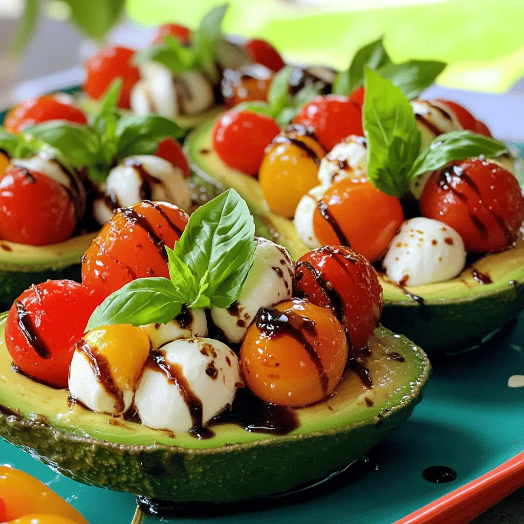 - 2 ripe avocados - 1 cup cherry tomatoes, halved - 1/4 cup fresh basil leaves, chopped - 1 cup fresh mozzarella balls, halved - 2 tablespoons balsamic glaze - 2 tablespoons olive oil - Salt and pepper to taste Caprese stuffed avocados shine with fresh and vibrant flavors. The base of this dish is two ripe avocados. Ripe avocados have a slight give when you press them gently. This tells you they are ready to eat. Next, you will need one cup of cherry tomatoes. Halve them to make every bite juicy. A quarter cup of fresh basil leaves adds a fragrant touch. For the cheesy goodness, grab one cup of fresh mozzarella balls. When you halve them, they mix well with the other ingredients. The balsamic glaze, two tablespoons, brings a sweet tang. Olive oil also adds richness, so grab two tablespoons of that too. To make the dish pop, season with salt and pepper to taste. Each ingredient plays a role in creating a fresh, tasty delight. Make sure you use quality ingredients for the best results. - Cut the avocados in half and remove the pits. - Use a spoon to scoop out some flesh. This creates more room for the filling. - In a mixing bowl, combine halved cherry tomatoes, mozzarella balls, and chopped basil. - Drizzle olive oil and balsamic glaze over the mixture. Season with salt and pepper. Gently mix to coat all ingredients. - Spoon the tomato and mozzarella mixture into each avocado half. Pack it in slightly for a full look. - Arrange the stuffed avocados on a platter. Drizzle with more balsamic glaze for added flavor. Choosing ripe avocados Select avocados that feel slightly soft when you press them. They should not feel mushy. If you find hard avocados, leave them on the counter for a few days to ripen. A ripe avocado has a dark green skin. Preventing browning after cutting To keep avocado from turning brown, sprinkle the cut sides with lemon juice. You can also use lime juice for a zesty kick. Cover the avocado tightly with plastic wrap if you're not using it right away. Adjusting seasonings to taste Taste your filling before you stuff the avocados. You can add more salt or pepper if needed. This ensures each bite bursts with flavor. Adding extra ingredients like garlic or red pepper flakes For a kick, mix in minced garlic or red pepper flakes. These small additions can elevate your dish from good to amazing. Play around and find what you enjoy the most! Plating suggestions for an attractive dish Serve the stuffed avocados on a colorful platter. Arrange them evenly to catch the eye. You want your dish to look as good as it tastes. Garnishing tips with fresh herbs Top your stuffed avocados with fresh basil leaves. This adds color and flavor. You can also sprinkle some extra mozzarella for a delicious finish. {{image_2}} You can switch up the cheese to add new flavors. Feta cheese brings a tangy twist. Goat cheese offers a creamy texture. Both choices work well with the fresh ingredients. Need a change from balsamic glaze? Try a splash of lemon juice. It adds a zesty kick that brightens the dish. Want to make it more filling? Add cooked chicken or shrimp for protein. Both pair nicely with the creamy avocado. You can also mix in other vegetables. Bell peppers add crunch, while cucumbers bring freshness. Each ingredient boosts flavor and texture, making your dish even better. For gluten-free needs, this recipe is already perfect. If you want a vegetarian option, just stick to the fresh veggies. For a vegan choice, consider using cashew cheese. It mimics the creaminess of mozzarella well. These adjustments keep the dish enjoyable for everyone. To store leftover stuffed avocados, place them in an airtight container. Cover them tightly to keep air out. This step helps prevent browning. It's best to eat them within a day or two for fresh taste. If you have extra filling, store it in a separate container. This keeps the avocado and filling fresh. For keeping ingredients fresh, store ripe avocados at room temperature. Once they are cut, refrigerate any leftovers. Keep cherry tomatoes at room temperature, away from direct sunlight. Fresh mozzarella should stay in its liquid until you open it. After that, store it in a container with some liquid for moisture. Can you freeze filled avocados? No, filled avocados do not freeze well. The texture changes when thawed, making them mushy. But you can freeze the filling. To properly freeze individual ingredients, chop your tomatoes and basil. Place them in a freezer bag, and remove as much air as possible. You can also freeze mozzarella. Just make sure to drain it well and wrap it tightly. Use these frozen ingredients within three months for the best quality. To choose ripe avocados, look for a few key signs. First, check the color. Ripe avocados are usually dark green or almost black. Next, gently squeeze the avocado. It should feel soft but not mushy. If it feels hard, it is not ripe yet. Also, check the stem area. If it comes off easily and is green underneath, the avocado is ripe. If it is brown, the avocado may be overripe. Yes, you can prepare some parts ahead of time. You can cut and pit the avocados a few hours before serving. To keep them fresh, brush the insides with lemon juice. This will slow browning. You can also make the filling ahead. Just mix the tomatoes, mozzarella, and basil. Store it in the fridge. When you are ready to serve, stuff the avocados with the filling and drizzle with balsamic glaze. Caprese stuffed avocados pair well with many side dishes. A fresh green salad with a light vinaigrette works great. You can also serve crusty bread or toasted baguette slices for a nice crunch. For a heartier meal, consider grilled chicken or shrimp. These options enhance the flavors and create a complete meal. Enjoy your Caprese stuffed avocados with these tasty sides! In this blog post, we explored how to make delicious Caprese stuffed avocados. We guided you through selecting fresh ingredients like avocados, mozzarella, and tomatoes. Then, I shared easy steps to prepare and assemble the dish. You can enhance flavors with tips for seasonings and presentation. Remember, this recipe allows for many variations to fit your taste and dietary needs. Enjoy making this healthy dish for yourself or guests. It’s simple, fun, and full of fresh flavor!