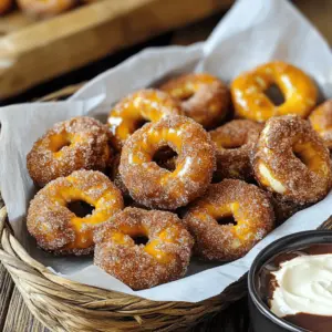 - 1 ½ cups warm water (110°F to 115°F) - 2 tablespoons granulated sugar - 1 packet (2 ¼ teaspoons) active dry yeast - 4 cups all-purpose flour - ½ cup baking soda - 1 large egg (beaten) - ½ cup unsalted butter, melted - 1 teaspoon salt - ¼ cup granulated sugar (for coating) - 1 tablespoon ground cinnamon To make cinnamon sugar pretzel bites, gather these simple ingredients. The warm water helps activate the yeast. You need sugar to sweeten the dough and feed the yeast. Active dry yeast makes the pretzel bites rise perfectly. All-purpose flour gives the dough its structure. Baking soda is key for that signature pretzel taste. You'll use a large egg for a nice golden color. Unsalted butter adds richness to the dough. Salt balances the sweetness and enhances flavor. For the coating, mix granulated sugar with cinnamon. This gives the bites their sweet, warm flavor. With these ingredients ready, you’re set to create a delicious treat that everyone will love! Start by combining 1 ½ cups of warm water, 2 tablespoons of granulated sugar, and 1 packet of active dry yeast in a large mixing bowl. Make sure the water is between 110°F to 115°F. Let this sit for about 5 minutes. You want to see bubbles form on the surface, showing the yeast is active. Next, add in ½ cup of melted unsalted butter, 1 teaspoon of salt, and 4 cups of all-purpose flour. Mix until a soft dough forms. Once combined, knead the dough on a lightly floured surface for about 5 minutes. The dough should feel smooth and elastic when you're done. Take the kneaded dough and place it in a greased bowl. Cover it with a kitchen towel. Let it rise in a warm spot for about 1 hour. You will know it's ready when it doubles in size. While waiting, preheat your oven to 450°F and line a baking sheet with parchment paper. After the dough has risen, punch it down. Divide it into small pieces, rolling each piece into a rope about 1 inch thick. Cut the ropes into 1-inch pieces to form your pretzel bites. In a large pot, bring about 8 cups of water to a boil. Add ½ cup of baking soda to the boiling water. Carefully drop the pretzel bites into the boiling water in batches. Let them cook for about 30 seconds. Use a slotted spoon to remove them and place on the prepared baking sheet. Brush the tops of the pretzel bites with a beaten egg for a nice golden finish. In a small bowl, mix ¼ cup of granulated sugar and 1 tablespoon of ground cinnamon. Sprinkle this mixture generously over the pretzel bites. Bake them in the preheated oven for 12 to 15 minutes, or until they turn golden brown. To make great pretzel bites, you need to focus on the dough. - Ensuring Proper Rising Temperature: Keep the dough in a warm spot. Aim for 80°F to 85°F. This helps the yeast grow well. If your kitchen is cold, try placing the bowl near a warm oven. - Techniques for Kneading: Knead the dough for about five minutes. Use your hands to fold and push the dough. This builds gluten, giving the bites a great texture. You should end up with smooth, elastic dough. Boiling is key for soft pretzel bites. - Importance of Baking Soda Bath: The baking soda bath makes the crust chewy. It also gives the pretzels their nice brown color. Don't skip this step; it’s what makes them special! - Timing for Boiling Bites: Boil the bites for just 30 seconds. This is enough time for the baking soda to work its magic. If you boil them too long, they might get tough. Serving your pretzels well makes them even more fun. - Best Accompaniments: Serve the bites warm with melted chocolate or cream cheese dip. These dips add a sweet and creamy touch that everyone loves. - Presentation Ideas: Place the pretzel bites in a cute basket. Lining the basket with parchment paper keeps them cozy and adds charm. You want your guests to be excited to dig in! {{image_2}} You can make these pretzel bites even more fun. One great way is by adding chocolate chips. Just mix in a cup of semi-sweet chips into the dough. They melt and create a sweet surprise inside each bite. Another fun twist is cheese stuffed pretzel bites. To make these, flatten a piece of dough and add a small cube of cheese inside. Then, wrap the dough around the cheese and shape it into a bite. You’ll get a gooey, cheesy center that pairs well with the cinnamon sugar coating. You can switch up the sugar you use for coating. Regular granulated sugar gives a nice sweet crunch. However, using brown sugar adds a deeper, richer flavor. You might even try mixing both sugars for a tasty blend. Experimenting with flavor dusts can also be fun. Try using pumpkin spice for a fall treat or chili powder for a spicy kick. Each flavor offers a new twist on the classic taste. Pairing these pretzel bites with dipping sauces makes them even better. A small bowl of melted chocolate is a sweet choice. Cream cheese dip is also a great match, adding a rich, tangy flavor. You can also serve these pretzel bites on skewers. Thread them onto wooden sticks for an easy-to-eat snack. This makes them great for parties or movie nights, adding a fun touch to your table. Let the pretzel bites cool on a wire rack. This helps air circulate around them. Avoid stacking them while they are hot. Stacking can make them soggy and lose their crunch. Cool them completely before putting them away. Store cooled pretzel bites in an airtight container. This keeps them fresh for about 2 to 3 days. Place a paper towel inside to absorb any moisture. This step helps maintain their texture. If they become too soft, you can reheat them to restore some crispness. To freeze pretzel bites, wait until they are fully cooled. Place them in a single layer on a baking sheet. Freeze them for about 1 hour. After that, transfer them to a freezer bag. They can last up to 3 months in the freezer. When you are ready to eat, reheat them in the oven. Bake at 350°F (175°C) for about 10 minutes. This will bring back their warmth and texture. For best results, let the pretzel bites cool completely. Then, place them in an airtight container. You can also use a resealable plastic bag. This keeps them soft and fresh. Store them at room temperature for up to two days. If you want to keep them longer, refrigerate them for up to a week. Yes, you can use whole wheat flour. It adds a nutty flavor and more fiber. However, the texture will be different. The bites may be denser than using all-purpose flour. If you want a lighter texture, mix half whole wheat and half all-purpose flour. Cinnamon sugar pretzel bites last about two days at room temperature. If you store them in the fridge, they can last up to a week. Make sure to keep them in an airtight container to maintain freshness. After freezing, they can last up to three months. Yes, you can prepare the dough the day before. After kneading, let it rise and then shape the bites. Cover and place them in the fridge. When ready, boil and bake them. This saves time when you want to enjoy fresh bites. To reheat pretzel bites, use an oven. Preheat it to 350°F (175°C). Place the bites on a baking sheet. Heat for about 5-10 minutes. This method keeps them soft and warm. You can also microwave them, but they may become chewy. Making cinnamon sugar pretzel bites is fun and easy. You learned about key ingredients like yeast, flour, and butter. The step-by-step guide showed you how to create and boil the dough for a perfect texture. Tips helped you improve your skills and make unique variations. Lastly, storing methods ensure your bites stay fresh. Now, it's your turn to try this recipe and delight your taste buds with warm, sweet pretzel bites. Happy cooking!