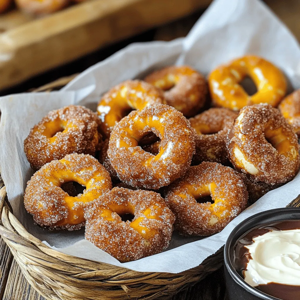 - 1 ½ cups warm water (110°F to 115°F) - 2 tablespoons granulated sugar - 1 packet (2 ¼ teaspoons) active dry yeast - 4 cups all-purpose flour - ½ cup baking soda - 1 large egg (beaten) - ½ cup unsalted butter, melted - 1 teaspoon salt - ¼ cup granulated sugar (for coating) - 1 tablespoon ground cinnamon To make cinnamon sugar pretzel bites, gather these simple ingredients. The warm water helps activate the yeast. You need sugar to sweeten the dough and feed the yeast. Active dry yeast makes the pretzel bites rise perfectly. All-purpose flour gives the dough its structure. Baking soda is key for that signature pretzel taste. You'll use a large egg for a nice golden color. Unsalted butter adds richness to the dough. Salt balances the sweetness and enhances flavor. For the coating, mix granulated sugar with cinnamon. This gives the bites their sweet, warm flavor. With these ingredients ready, you’re set to create a delicious treat that everyone will love! Start by combining 1 ½ cups of warm water, 2 tablespoons of granulated sugar, and 1 packet of active dry yeast in a large mixing bowl. Make sure the water is between 110°F to 115°F. Let this sit for about 5 minutes. You want to see bubbles form on the surface, showing the yeast is active. Next, add in ½ cup of melted unsalted butter, 1 teaspoon of salt, and 4 cups of all-purpose flour. Mix until a soft dough forms. Once combined, knead the dough on a lightly floured surface for about 5 minutes. The dough should feel smooth and elastic when you're done. Take the kneaded dough and place it in a greased bowl. Cover it with a kitchen towel. Let it rise in a warm spot for about 1 hour. You will know it's ready when it doubles in size. While waiting, preheat your oven to 450°F and line a baking sheet with parchment paper. After the dough has risen, punch it down. Divide it into small pieces, rolling each piece into a rope about 1 inch thick. Cut the ropes into 1-inch pieces to form your pretzel bites. In a large pot, bring about 8 cups of water to a boil. Add ½ cup of baking soda to the boiling water. Carefully drop the pretzel bites into the boiling water in batches. Let them cook for about 30 seconds. Use a slotted spoon to remove them and place on the prepared baking sheet. Brush the tops of the pretzel bites with a beaten egg for a nice golden finish. In a small bowl, mix ¼ cup of granulated sugar and 1 tablespoon of ground cinnamon. Sprinkle this mixture generously over the pretzel bites. Bake them in the preheated oven for 12 to 15 minutes, or until they turn golden brown. To make great pretzel bites, you need to focus on the dough. - Ensuring Proper Rising Temperature: Keep the dough in a warm spot. Aim for 80°F to 85°F. This helps the yeast grow well. If your kitchen is cold, try placing the bowl near a warm oven. - Techniques for Kneading: Knead the dough for about five minutes. Use your hands to fold and push the dough. This builds gluten, giving the bites a great texture. You should end up with smooth, elastic dough. Boiling is key for soft pretzel bites. - Importance of Baking Soda Bath: The baking soda bath makes the crust chewy. It also gives the pretzels their nice brown color. Don't skip this step; it’s what makes them special! - Timing for Boiling Bites: Boil the bites for just 30 seconds. This is enough time for the baking soda to work its magic. If you boil them too long, they might get tough. Serving your pretzels well makes them even more fun. - Best Accompaniments: Serve the bites warm with melted chocolate or cream cheese dip. These dips add a sweet and creamy touch that everyone loves. - Presentation Ideas: Place the pretzel bites in a cute basket. Lining the basket with parchment paper keeps them cozy and adds charm. You want your guests to be excited to dig in! {{image_2}} You can make these pretzel bites even more fun. One great way is by adding chocolate chips. Just mix in a cup of semi-sweet chips into the dough. They melt and create a sweet surprise inside each bite. Another fun twist is cheese stuffed pretzel bites. To make these, flatten a piece of dough and add a small cube of cheese inside. Then, wrap the dough around the cheese and shape it into a bite. You’ll get a gooey, cheesy center that pairs well with the cinnamon sugar coating. You can switch up the sugar you use for coating. Regular granulated sugar gives a nice sweet crunch. However, using brown sugar adds a deeper, richer flavor. You might even try mixing both sugars for a tasty blend. Experimenting with flavor dusts can also be fun. Try using pumpkin spice for a fall treat or chili powder for a spicy kick. Each flavor offers a new twist on the classic taste. Pairing these pretzel bites with dipping sauces makes them even better. A small bowl of melted chocolate is a sweet choice. Cream cheese dip is also a great match, adding a rich, tangy flavor. You can also serve these pretzel bites on skewers. Thread them onto wooden sticks for an easy-to-eat snack. This makes them great for parties or movie nights, adding a fun touch to your table. Let the pretzel bites cool on a wire rack. This helps air circulate around them. Avoid stacking them while they are hot. Stacking can make them soggy and lose their crunch. Cool them completely before putting them away. Store cooled pretzel bites in an airtight container. This keeps them fresh for about 2 to 3 days. Place a paper towel inside to absorb any moisture. This step helps maintain their texture. If they become too soft, you can reheat them to restore some crispness. To freeze pretzel bites, wait until they are fully cooled. Place them in a single layer on a baking sheet. Freeze them for about 1 hour. After that, transfer them to a freezer bag. They can last up to 3 months in the freezer. When you are ready to eat, reheat them in the oven. Bake at 350°F (175°C) for about 10 minutes. This will bring back their warmth and texture. For best results, let the pretzel bites cool completely. Then, place them in an airtight container. You can also use a resealable plastic bag. This keeps them soft and fresh. Store them at room temperature for up to two days. If you want to keep them longer, refrigerate them for up to a week. Yes, you can use whole wheat flour. It adds a nutty flavor and more fiber. However, the texture will be different. The bites may be denser than using all-purpose flour. If you want a lighter texture, mix half whole wheat and half all-purpose flour. Cinnamon sugar pretzel bites last about two days at room temperature. If you store them in the fridge, they can last up to a week. Make sure to keep them in an airtight container to maintain freshness. After freezing, they can last up to three months. Yes, you can prepare the dough the day before. After kneading, let it rise and then shape the bites. Cover and place them in the fridge. When ready, boil and bake them. This saves time when you want to enjoy fresh bites. To reheat pretzel bites, use an oven. Preheat it to 350°F (175°C). Place the bites on a baking sheet. Heat for about 5-10 minutes. This method keeps them soft and warm. You can also microwave them, but they may become chewy. Making cinnamon sugar pretzel bites is fun and easy. You learned about key ingredients like yeast, flour, and butter. The step-by-step guide showed you how to create and boil the dough for a perfect texture. Tips helped you improve your skills and make unique variations. Lastly, storing methods ensure your bites stay fresh. Now, it's your turn to try this recipe and delight your taste buds with warm, sweet pretzel bites. Happy cooking!