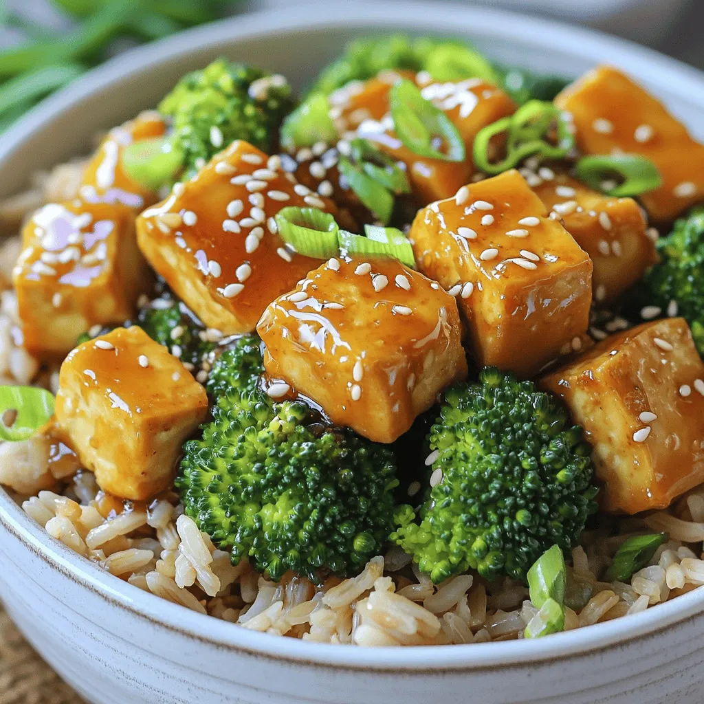 - 1 block (14 oz) firm tofu, pressed and cubed - ¼ cup honey (or maple syrup for a vegan option) - 3 tablespoons soy sauce (low sodium) - 3 cloves garlic, minced - 1 tablespoon fresh ginger, minced - 2 tablespoons vegetable oil - 1 tablespoon rice vinegar - 1 cup broccoli florets - 1 cup cooked brown rice (or quinoa) - 2 green onions, sliced - Sesame seeds for garnish To make Sticky Honey Garlic Tofu Bowls, you need simple yet powerful ingredients. Tofu is the star of the dish. It absorbs flavors well, making it a great canvas for the sweet and tangy sauce. Honey or maple syrup adds a touch of sweetness. If you want a vegan option, choose maple syrup. Soy sauce brings the umami punch that makes this dish truly savory. Garlic and ginger add warmth and depth. For extra texture and flavor, you’ll need vegetable oil to fry the tofu until it’s crispy. Rice vinegar brightens the dish and balances the sweetness. Broccoli florets add color and nutrients. You can also use brown rice or quinoa as a hearty base. For garnishing, green onions give a fresh crunch. A sprinkle of sesame seeds adds a nice finish. Each ingredient plays a role in creating a balanced, tasty meal. Gather all these ingredients, and you’ll be ready to create a delicious and healthy meal. - Pressing the Tofu: Start by removing excess moisture from the tofu. Wrap it in a clean kitchen towel and place a heavy item on top. Let it sit for at least 15 minutes. This helps the tofu absorb flavors better. - Cutting into Cubes: Once pressed, take the tofu out of the towel. Cut it into bite-sized cubes. Aim for pieces about 1-inch in size. This ensures even cooking. - Coating with Cornstarch: In a mixing bowl, toss the cubed tofu with cornstarch. Make sure each piece is coated evenly. This step is key for achieving crispy tofu. - Frying the Tofu: Heat vegetable oil in a large non-stick skillet over medium-high heat. Add the tofu cubes gently. Fry them for about 8-10 minutes, turning occasionally until they are golden brown and crispy. Once done, remove the tofu from the skillet and set it aside. - Sautéing Garlic and Ginger: In the same skillet, lower the heat to medium. Add minced garlic and ginger. Sauté them for 1-2 minutes until they become fragrant. This step builds flavor in your sauce. - Combining Sauce Ingredients: Pour in honey or maple syrup, soy sauce, rice vinegar, and sesame oil. Stir everything together. Let it simmer for 2-3 minutes until it thickens slightly. - Timing for Tenderness: Toss in the broccoli florets into the skillet with the sauce. Cook for an additional 3-4 minutes. You want the broccoli tender but still bright green. - Combining with Sauce: After the broccoli cooks, return the crispy tofu to the skillet. Gently mix everything together, cooking for an extra minute to combine the flavors. - Layering Ingredients in Bowls: Take your bowls and add the cooked brown rice (or quinoa) as the base. Then, spoon the sticky honey garlic tofu and broccoli mixture on top. - Garnishing for Presentation: Finish by topping your bowls with sliced green onions and a sprinkle of sesame seeds. This adds flavor and makes your dish look beautiful. Tips for Crispy Tofu To get crispy tofu, start by pressing it well. Remove the extra moisture. I usually let it sit for at least 15 minutes. After pressing, cut the tofu into cubes. Toss these cubes in cornstarch. This helps create that perfect crunch when frying. Heat oil in a non-stick skillet. Fry the tofu until golden brown on all sides. This usually takes about 8-10 minutes. Alternatives to Tofu If you want to skip tofu, you can try tempeh. It has a nice texture and absorbs flavors well. Chickpeas are another great option. They add protein and a different taste. You can even use seitan for a chewy bite. Each option brings its own flavor, so feel free to experiment. Adjusting Sweetness The honey gives the sauce a sweet touch. If you want less sweetness, use less honey. Maple syrup is a great vegan substitute. It adds a rich flavor while keeping it sweet. If you prefer a tangy twist, add a bit more rice vinegar. This balances the sweetness nicely. Adding Spice To kick up the heat, add red pepper flakes or sriracha. Start with a small amount and taste as you go. If you want depth, consider adding a dash of sesame oil. It adds warmth and a nutty taste. Spice adjustments can really make the dish your own. Best Sides These sticky honey garlic tofu bowls pair well with steamed vegetables. Broccoli, carrots, and snap peas are great choices. You can also serve them with a fresh salad. A simple cucumber salad adds a nice crunch. Meal Prep Ideas These bowls are perfect for meal prep. Cook a large batch of brown rice or quinoa. Divide it into containers for the week. Store the tofu and sauce separately to keep things fresh. You can quickly reheat and enjoy a healthy meal any day! {{image_2}} You can make this dish vegan by swapping honey for maple syrup. Maple syrup gives a similar sweetness with a unique flavor. It's a great choice for plant-based eaters. You can also add more veggies. Try bell peppers, carrots, or snap peas. They bring color and nutrients to the bowl. Plus, they taste great with the sauce. If you want a different protein, tempeh works well. It has a firm texture and absorbs flavors nicely. Another option is chickpeas. They are packed with protein and fiber. You can use them instead of tofu for a hearty meal. Simply sauté them in the sauce for added flavor. For a gluten-free dish, use tamari instead of soy sauce. Tamari has a rich taste and is gluten-free. It makes the sauce just as tasty. You can also change the grain. Instead of brown rice, try quinoa or cauliflower rice. Both options keep the dish light and healthy. To keep your sticky honey garlic tofu fresh, store it in an airtight container. This way, it stays moist and flavorful. Place the tofu and broccoli mixture in the container, along with the cooked brown rice or quinoa. - Shelf Life: When stored properly, the dish lasts about 3 to 4 days in the fridge. Always check for any signs of spoilage before eating. Reheating your tofu bowls can be simple. Use a microwave for quick heat or a skillet for better texture. - Best Methods for Reheating: For the microwave, place the tofu bowls in a safe dish, cover lightly, and heat for about 1 to 2 minutes. Stir halfway through to ensure even heating. For the skillet, add a splash of water or oil and heat on medium. Stir occasionally until warm. - Retaining Texture and Flavor: To keep the tofu crispy, reheat it in a skillet rather than the microwave. This method revives the crunch and flavor. Freezing your sticky honey garlic tofu bowls is great for meal prep. It allows you to enjoy this dish later. - Freezing Portions: Divide the tofu bowls into single servings. Place them in freezer-safe containers or bags. Remember to remove as much air as possible to prevent freezer burn. - Thawing and Reheating: When ready to eat, move a portion from the freezer to the fridge for about 6 to 8 hours to thaw. Reheat using the instructions above for the best results. You can use several tasty options instead of tofu. Here are some good choices: - Tempeh: A firm soy product with a nutty flavor. - Chickpeas: Canned or cooked, they add protein and fiber. - Cauliflower: Roast it for a hearty, low-calorie option. - Seitan: A wheat-based meat substitute that has a chewy texture. - Portobello mushrooms: Great for a meaty bite. These alternatives can work well in this recipe. Each will bring its own flavor and texture. Yes, you can make it low-carb. Here are some substitutes: - Replace brown rice with cauliflower rice for fewer carbs. - Use zucchini noodles instead of rice or quinoa. - Add more non-starchy veggies like bell peppers or spinach. These swaps will keep your meal tasty while reducing carbs. Meal prep is simple with this recipe. Here are some tips: - Store tofu and sauce separately from the rice or quinoa. This keeps everything fresh. - Use airtight containers to keep the meal fresh longer. - Cook a big batch of tofu and sauce for the week. - Pre-portion servings for easy grab-and-go meals. These steps make it easy to enjoy your Sticky Honey Garlic Tofu Bowls anytime. Serving this dish can be fun and creative. Here are some ideas: - Serve in deep bowls for a cozy feel. - Top with extra green onions or sesame seeds for crunch. - Pair with a side salad or steamed veggies for color. - Add a drizzle of sriracha for heat. These ideas can help make your meal look and taste even better! This blog post provides a clear guide to making Sticky Honey Garlic Tofu Bowls. We discussed key ingredients like tofu, honey, soy sauce, and garlic. I shared step-by-step instructions to prepare and cook the dish, including tips for perfecting tofu and enhancing the sauce. You can explore variations for different diets and find storage tips for leftovers. I hope this recipe inspires you to create a delicious meal. Enjoy your cooking adventure!
