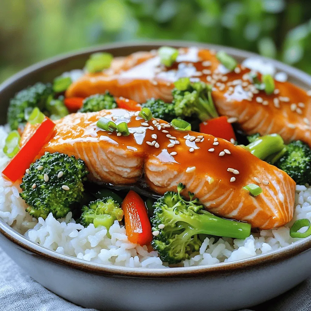 To make delicious Minute Teriyaki Salmon Rice Bowls, you will need the following ingredients: - 2 salmon fillets - 1 cup cooked jasmine rice - 1/4 cup teriyaki sauce (store-bought or homemade) - 1 tablespoon sesame oil - 1 cup broccoli florets - 1/2 red bell pepper, sliced - 1/4 cup green onions, chopped - 1 tablespoon sesame seeds - Salt and pepper to taste These ingredients create a simple yet tasty meal. The salmon fillets provide protein, while the jasmine rice offers a fluffy base. The teriyaki sauce adds a sweet and savory flavor that complements the fish perfectly. Sesame oil gives a rich taste that makes the vegetables pop. Broccoli and red bell pepper add color and crunch. Finally, green onions and sesame seeds give a finishing touch that enhances the dish. Gather these items before you start. They will make your cooking process faster and easier. Enjoy the fresh flavors and the joy of cooking this meal! First, season the salmon fillets with salt and pepper on both sides. This adds flavor and enhances the dish. Use fresh salmon if possible for the best taste. Next, heat 1 tablespoon of sesame oil in a large skillet over medium heat. Once hot, add 1 cup of broccoli florets and 1/2 sliced red bell pepper. Sauté these for about 5 minutes. You want them tender but still crisp. This step brings out their bright colors and fresh taste. Now, push the vegetables to one side of the skillet. Add the seasoned salmon fillets to the pan. Pour 1/4 cup of teriyaki sauce over the salmon. Cook for 4 to 5 minutes on each side. Check for doneness by seeing if the salmon flakes easily with a fork. This means it is ready to eat. In a bowl, layer 1/2 cup of cooked jasmine rice at the bottom. Next, place the sautéed vegetables next to the rice. Finally, add the teriyaki salmon fillet on top. Drizzle any remaining teriyaki sauce from the skillet over the bowl. This ties all the flavors together. To finish, sprinkle chopped green onions and sesame seeds over the bowl. This adds a nice crunch and fresh flavor. You can serve the bowl hot or warm for the best experience. Enjoy your meal! To achieve a flaky texture, cook the salmon on medium heat. This helps it cook evenly. Avoid flipping it too soon. Let it be for about 4-5 minutes on each side. To avoid overcooking, keep an eye on the color. When it turns light pink, it’s done. If you want a homemade teriyaki sauce, mix soy sauce, honey, and ginger. This gives a fresh taste. You can also try adding garlic or chili flakes for heat. These extra touches make the flavor pop. To save time, prep all ingredients first. Chop veggies and season the salmon before cooking. You can also use pre-cooked jasmine rice. It cuts down cooking time and gives you a quick meal. {{image_2}} You can switch out salmon for chicken or tofu. If you choose chicken, use boneless thighs or breasts. Cook the chicken for about 6-7 minutes on each side. If you prefer tofu, use firm tofu for best results. Sear the tofu for about 3-4 minutes on each side until it's golden. Adjust the cooking time to ensure everything cooks evenly. Feel free to mix in other veggies. Carrots, snap peas, or zucchini work great. For a seasonal touch, add asparagus in spring or squash in fall. This way, you can enjoy fresh flavors year-round. Just remember to cut your veggies into even pieces for even cooking. You can spice things up by adding ginger or garlic. A dash of chili flakes brings heat, while lime juice adds tang. Try different teriyaki sauces too. Some brands have a sweet side, while others are more savory. Taste as you go to find your perfect balance. To keep your teriyaki salmon rice bowls fresh, use airtight containers. Glass or plastic containers work well. Make sure the bowls cool down before sealing them. This helps prevent moisture buildup. Store leftovers in the fridge for up to three days. If you want to save them longer, freezing is a good option. You can reheat your rice bowls in the microwave or on the stove. For the microwave, place the bowl in and cover it with a damp paper towel. Heat for 1-2 minutes, checking often. On the stove, put the bowl in a skillet over low heat. Stir gently until warm. This method keeps the salmon from drying out. Always check the salmon to ensure it’s heated through without becoming tough. Yes, you can freeze teriyaki salmon rice bowls. For best results, freeze them without the toppings. This keeps the texture nice. Wrap each bowl tightly in plastic wrap, then place them in a freezer bag. When you’re ready to eat, thaw in the fridge overnight. Reheat gently as mentioned above to keep everything tasty. Yes, you can use brown rice. Brown rice adds a nutty flavor and more fiber. Just remember, it takes longer to cook than jasmine rice. Follow the cooking time on the brown rice package. The texture will change a bit, but it’s still tasty! You can swap teriyaki sauce with soy sauce or hoisin sauce. For a sweeter taste, mix soy sauce with honey or maple syrup. You can also make a quick homemade teriyaki sauce using soy sauce, sugar, and ginger. Cooked salmon lasts about 3 to 4 days in the fridge. Make sure to store it in an airtight container. This keeps the salmon fresh and tasty for your next meal. Yes, this recipe is great for meal prep. You can cook the salmon and veggies ahead of time. Store them in separate containers with rice. Reheat them for a quick meal during the week. This recipe shows how to create a tasty teriyaki salmon bowl. You learned about each ingredient, cooking steps, and tips for better flavor. Remember, you can change proteins, use different veggies, and adjust the sauce. By storing and reheating correctly, you can enjoy leftovers too. Whether you try new flavors or switch proteins, this dish is easy to make. Embrace your kitchen skills and enjoy your tasty creation!