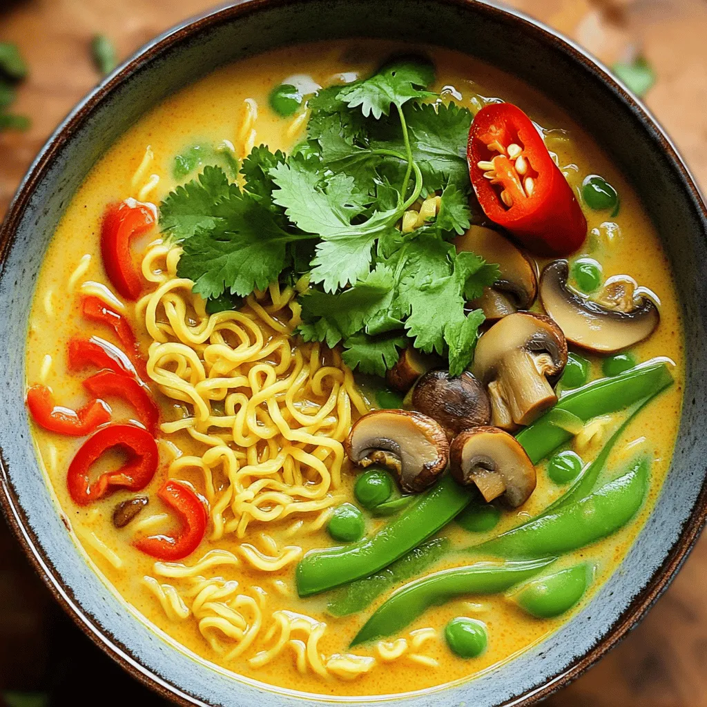 - 2 packs of instant ramen noodles (discard the seasoning packets) - 1 can (400ml) coconut milk - 1 tablespoon red curry paste - 2 cups vegetable broth - 1 tablespoon soy sauce - 1 cup snow peas - 1 red bell pepper, thinly sliced - 1 cup mushrooms, sliced - 1 tablespoon lime juice - Fresh cilantro for garnish - Sliced chili for heat The heart of this dish lies in its simple yet vibrant ingredients. Instant ramen noodles form the base, providing a quick and hearty texture. Coconut milk adds creaminess and a subtle sweetness. Red curry paste gives the dish its bold flavor. Next, vegetable broth enhances the soup's depth. Soy sauce adds saltiness, balancing the creaminess. Fresh vegetables like snow peas, red bell pepper, and mushrooms bring crunch and bright colors. For a zesty touch, lime juice is fantastic. Fresh cilantro adds a refreshing note, while sliced chili can give your ramen a spicy kick. Adjust these optional ingredients to fit your taste. Feel free to mix and match. Each ingredient contributes to the overall flavor. The beauty of this recipe is its flexibility. Enjoy creating your perfect bowl of Minute Coconut Curry Ramen! 1. Heat a drizzle of oil in a large pot over medium heat. 2. Add minced garlic and grated ginger. Sauté for about 1 minute. 3. The smell will be amazing! Stir in 1 tablespoon of red curry paste. Cook for another minute. 1. Pour in 1 can of coconut milk and 2 cups of vegetable broth. 2. Stir well to combine all the flavors. 3. Bring the mixture to a gentle simmer. 1. Add 1 cup of sliced mushrooms, 1 thinly sliced red bell pepper, and 1 cup of snow peas. 2. Let it all simmer for about 5 minutes. You want the veggies tender but not mushy. 3. While the veggies cook, prepare 2 packs of instant ramen noodles. Follow the package instructions. Usually, it takes 3-4 minutes in boiling water. Drain the noodles and set them aside. 1. Once the vegetables are cooked, add 1 tablespoon of soy sauce and 1 tablespoon of lime juice to the pot. 2. Mix in the cooked ramen noodles with the broth. Stir well to coat the noodles in the flavor. 3. Serve immediately in bowls. Garnish with fresh cilantro and optional sliced chili for some extra heat. Enjoy your delicious meal! To make your coconut curry ramen just right, adjust the spice levels. If you like heat, add sliced chili. You can stir it in or use it as a garnish. This small change can really amp up the flavor. Fresh herbs also make a big difference. Cilantro adds a bright taste. Just sprinkle it on top before serving. This simple step elevates your dish and makes it look great. Prepping vegetables ahead of time is a smart move. Chop your snow peas, bell pepper, and mushrooms the day before. Store them in the fridge. This way, your cooking time will be much shorter. Using pre-cooked noodles is another great trick. You can buy these at the store. They save you time and can be ready in just a minute. Pair your ramen with simple sides. A fresh salad or some spring rolls work well. They balance the meal and add variety. For garnishes, get creative! Besides cilantro, try adding lime wedges or sesame seeds. These extras make your dish look fancy and taste even better. {{image_2}} To make this dish vegetarian or vegan, simply swap chicken broth for vegetable broth. This keeps the flavor rich without meat. You can also add tofu for extra protein. Firm tofu works best. Just cube it and toss it in when you add the veggies. It absorbs the curry flavor well. Want to switch things up? Try green or yellow curry paste instead of red. Each paste has its own unique taste. You can also mix in different vegetables or proteins. Broccoli, carrots, or zucchini can add crunch. If you like meat, consider chicken or shrimp. They cook quickly and blend nicely with the curry. If you need gluten-free ramen, look for rice noodles. They cook fast and taste great. You can also add an egg for a creamy texture. To do this, crack an egg into the broth just before serving. Shrimp is another tasty option. Add it when the veggies are almost done cooking. It cooks quickly and adds a nice touch. To keep your leftover ramen fresh, place it in the fridge right away. Use an airtight container to prevent moisture loss. This helps keep the noodles from drying out. You can store it in the fridge for up to three days. When reheating, add a splash of water or broth to keep it moist. Heat it slowly on the stove for the best flavor. Stir gently to mix everything well. Avoid using the microwave if you can. It can make the noodles mushy. You can freeze coconut curry ramen, but it’s best to freeze the broth and noodles separately. This keeps the noodles from getting too soft. To freeze, pour the cooled broth into freezer-safe bags. Lay the bags flat for easy storage. When you are ready, thaw it in the fridge overnight. Reheat and add freshly cooked noodles. Minute Coconut Curry Ramen takes about 20 minutes to make. You will spend 10 minutes preparing the ingredients. The cooking time is also around 10 minutes. This quick meal is perfect for busy days when you need something tasty fast. Yes, you can add meat to this recipe. Chicken or beef works well. For chicken, use cooked, shredded pieces. You can also add thin strips of beef. Just add the meat to the pot with the vegetables. This will let the flavors blend nicely. You should use instant ramen noodles for this recipe. They cook quickly and soak up the curry flavor. Discard the seasoning packets that come with them. You can also try whole wheat ramen or rice noodles if you prefer. Yes, this recipe is great for meal prep. You can make a big batch and store it. Just keep the noodles and broth separate until serving. This will help the noodles stay firm. Store in airtight containers in the fridge for up to three days. You can make delicious Minute Coconut Curry Ramen with just a few simple ingredients. Start with instant ramen, coconut milk, and red curry paste. Add fresh veggies and adjust the spice to your liking. Remember, you can personalize this dish, whether you want it vegetarian or with meat. This recipe is quick, easy, and perfect for meal prep. With the right tips, you can maximize flavor and enjoy your ramen at its best. Now, it's time to get cooking and enjoy a tasty bowl of comfort!