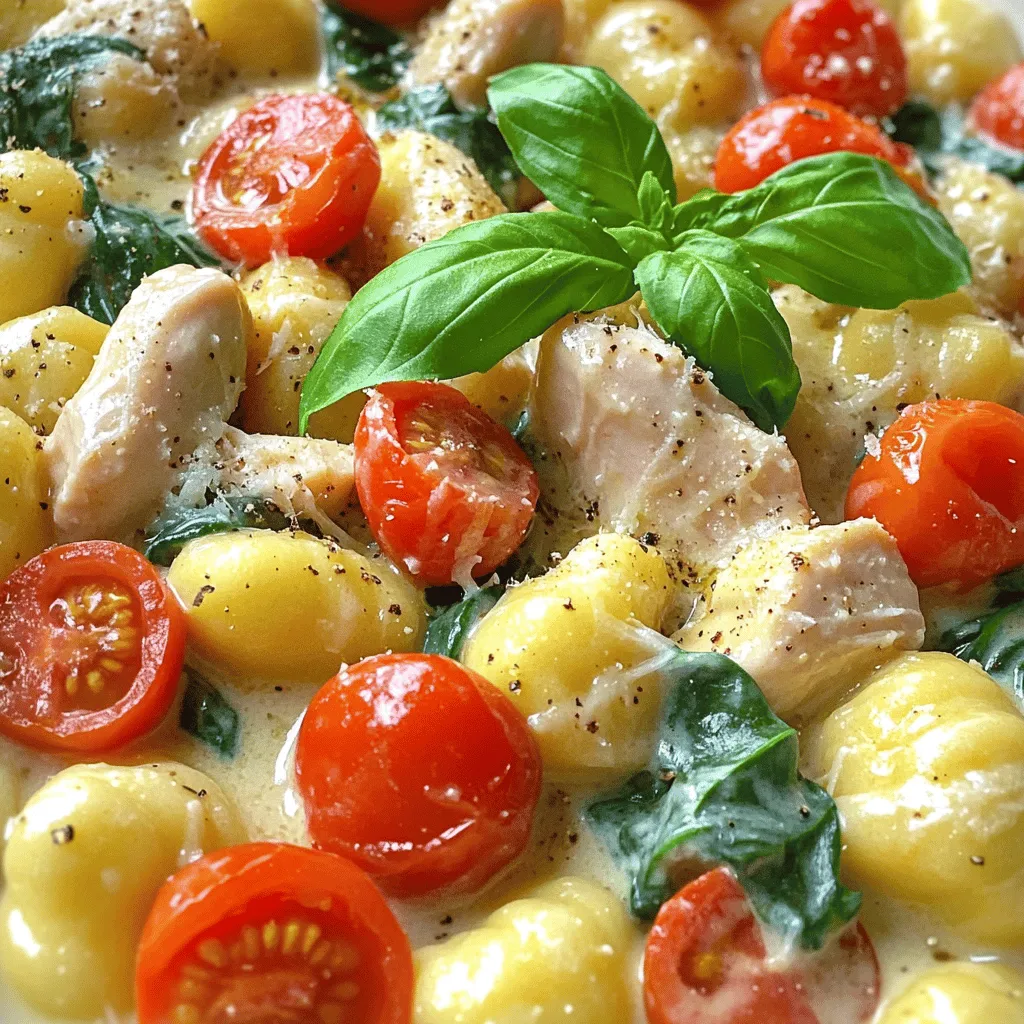 - 1 lb chicken breast, diced - 1 lb gnocchi (store-bought or homemade) - 1 cup cherry tomatoes, halved - 2 cups fresh spinach - 1 tablespoon olive oil - 1 cup heavy cream - ½ cup freshly grated Parmesan cheese - 1 teaspoon Italian seasoning - Salt and pepper to taste - Fresh basil leaves - Additional cheese options Gathering these ingredients is the first step to making creamy Tuscan chicken gnocchi. You need chicken breast for protein, diced into small pieces. Gnocchi, either store-bought or homemade, will create a chewy base for this dish. Fresh vegetables like cherry tomatoes and spinach add vibrant color and flavor. In your pantry, you will need olive oil to cook the chicken and create the sauce. Heavy cream makes the dish rich and creamy. Parmesan cheese adds a salty kick, while Italian seasoning provides that delightful Tuscan touch. Don’t forget salt and pepper to enhance all the flavors. For garnishing, fresh basil leaves are a must. They not only look great but also add a fresh taste. You might also want to consider extra cheese for a richer finish. With these ingredients ready, you can move on to making this delicious dinner! To cook the gnocchi, start by bringing a large pot of salted water to a boil. Add the gnocchi to the pot. Cook until they float to the top, which takes about 2-3 minutes. This floating is a sign they are done. Carefully drain them and set aside. Next, heat a large skillet over medium heat. Add one tablespoon of olive oil. Once hot, add the diced chicken. Season it with salt and pepper. Cook the chicken until it turns golden brown and is no longer pink, about 5-7 minutes. Remove the chicken from the skillet and keep it warm. In the same skillet, add three cloves of minced garlic. Cook for about 30 seconds until it smells good. Then, add one cup of halved cherry tomatoes. Sauté them for 3-4 minutes until soft. Stir in two cups of fresh spinach and cook until it wilts, about 2 minutes. Lower the heat and pour in one cup of heavy cream. Mix well, then add half a cup of freshly grated Parmesan cheese and one teaspoon of Italian seasoning. Let the sauce simmer for 3-4 minutes until it thickens slightly. Now, add the chicken and the cooked gnocchi back into the skillet. Gently stir everything together so the chicken and gnocchi are coated in the creamy sauce. Cook for an additional 2 minutes to heat everything through. Taste the dish and add more salt and pepper if needed. Serve it warm, topped with fresh basil leaves for a lovely touch. To ensure the chicken is tender, use fresh or thawed chicken. Cut it into small pieces for even cooking. Season the chicken with salt and pepper before cooking. This adds flavor and helps create a nice crust. For a creamy texture, add the heavy cream slowly. Stir it well with the sautéed garlic and tomatoes. Let it simmer gently to avoid curdling. The Parmesan cheese adds richness, so use freshly grated cheese for the best results. Serve this dish with a simple salad. A light green salad with vinaigrette balances the richness of the gnocchi. Garlic bread also makes a great side, perfect for soaking up the creamy sauce. For wine pairings, try a crisp white wine like Pinot Grigio. Its acidity complements the dish nicely. Use a large pot for boiling the gnocchi. A deep skillet works best for cooking the chicken and sauce. A good wooden spoon helps mix everything well. If you have a cheese grater, use it for the Parmesan. This makes it fresh and fluffy. {{image_2}} If you need gluten-free gnocchi, you have options. Many stores sell gluten-free gnocchi made from potato or rice flour. You can also make your own using mashed potatoes and gluten-free flour. This way, you can enjoy this dish while staying gluten-free. For vegetarians or vegans, swap the chicken for hearty mushrooms or tofu. Use cashew cream or a nut-based milk for that creamy texture. Nutritional yeast can give you a cheesy flavor without dairy. These swaps keep the dish rich and satisfying. To change up the flavors, try adding different vegetables. Bell peppers, zucchini, or asparagus make great choices. You can sauté these with the garlic and tomatoes for extra taste. Spicing it up can bring a new twist. Add red pepper flakes for heat or fresh herbs like thyme or oregano. This not only boosts flavor but also adds freshness to your creamy sauce. Experiment with these variations to find what you love best! To keep your creamy Tuscan chicken gnocchi fresh, store leftovers in an airtight container. Place them in the fridge within two hours of cooking. This helps prevent bacteria growth. Enjoy your dish for up to three days when stored properly. For longer storage, you can freeze it. Just make sure to use a freezer-safe container. This way, you can enjoy it later! To reheat gnocchi, the best method is on the stove. Start by adding a splash of water or cream to a skillet. Heat it over medium-low heat. Add your gnocchi mixture and stir gently. This keeps the sauce creamy and avoids burning. Heat until it’s warmed through. You can also use the microwave if you're in a hurry. Just cover it to keep moisture in, and heat for short intervals. When stored correctly, creamy Tuscan chicken gnocchi lasts about three to four days in the fridge. If frozen, it stays good for up to three months. Just remember to label your containers with the date. This way, you know when to enjoy your leftovers! Yes, you can use homemade gnocchi. It adds a personal touch. Homemade gnocchi is often fresher and tastier. However, it can take more time to prepare. Store-bought gnocchi is quick and convenient. It cooks easily and saves time. Choose what fits your schedule and skills best. To add heat, consider using red pepper flakes. Start with a small pinch. You can also add chopped fresh chili peppers. If you like a smoky flavor, try smoked paprika. Adjust the amount to match your taste. Spicy ingredients enhance the overall dish flavor. If you want a lighter version, use half-and-half. You can also try Greek yogurt mixed with milk. Coconut milk gives a nice flavor but alters the taste. Silken tofu blended into a smooth texture is another option. Each substitute changes the creaminess, so pick what you like. In this blog post, we explored how to create a delicious chicken and gnocchi dish. We discussed key ingredients like chicken, gnocchi, and fresh veggies, along with pantry staples for flavor. You learned step-by-step cooking methods to ensure tasty results. I also shared useful tips for preparing, serving, and storing the dish. Try variations to fit your tastes, including dietary changes and flavor tweaks. Cooking can be fun and rewarding. Enjoy your meal with friends and family!