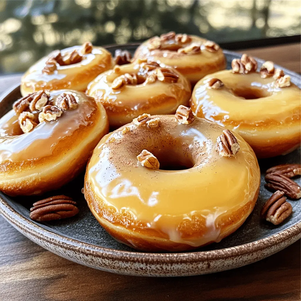 - 2 cups all-purpose flour - 3/4 cup granulated sugar - 1 tablespoon baking powder - 1/2 teaspoon salt - 1/4 teaspoon ground nutmeg - 1/2 teaspoon ground cinnamon - 2 large eggs - 1/2 cup whole milk - 1/4 cup unsalted butter, melted - 1 teaspoon vanilla extract - Vegetable oil for frying - For the glaze: - 1 cup powdered sugar - 1/4 cup pure maple syrup - 1 tablespoon milk (more if needed) You can swap some ingredients if needed. Here are my favorites: - Use whole wheat flour for a heartier donut. - Substitute honey for granulated sugar for a different sweet taste. - Use almond milk instead of whole milk for a dairy-free option. - Replace unsalted butter with coconut oil for a vegan twist. - Maple syrup can be swapped with agave syrup for a lighter flavor. Each donut will give you about: - Calories: 190 - Protein: 2g - Carbohydrates: 25g - Fat: 9g - Fiber: 1g - Sugar: 8g These values can change based on substitutions or toppings. Enjoy making choices that suit your needs! 1. In a large bowl, mix the flour, sugar, baking powder, salt, nutmeg, and cinnamon. Whisk until combined. 2. In another bowl, beat the eggs. Add the milk, melted butter, and vanilla. Mix well until smooth. 3. Pour the wet mix into the dry mix. Stir gently until just combined. Don’t worry about lumps. 4. Cover the dough with plastic wrap. Chill it in the fridge for 30 minutes. This helps the dough firm up. 5. On a floured surface, roll out the dough to 1/2 inch thick. Use a donut cutter to shape them. 6. Heat vegetable oil in a deep skillet to 350°F (175°C). Fry the donuts for 1-2 minutes on each side. They should be golden brown. 7. Once fried, place the donuts on paper towels to drain excess oil. - Always check the oil temperature with a thermometer. Too hot can burn donuts. - Fry a few donuts at a time to avoid crowding. This keeps the oil hot. - Use a slotted spoon to remove the donuts. This allows oil to drip off quickly. - If you see bubbles around donuts, they are frying well. This means the oil is at the right temperature. 1. In a bowl, whisk together the powdered sugar, maple syrup, and milk. Mix until smooth. 2. If the glaze is too thick, add a bit more milk to reach the right consistency. 3. Dip the warm donuts into the glaze. Make sure they are fully coated. 4. Place glazed donuts on a rack to allow the glaze to set. Enjoy them warm or at room temperature. These steps will help you create delicious maple glazed donuts. They are soft, sweet, and perfect for any occasion. To get the best donut texture, mix dry and wet ingredients gently. Too much mixing makes donuts tough. Refrigerate the dough for 30 minutes. This helps it firm up. Roll the dough to 1/2 inch thick. This gives a nice rise when frying. Fry in oil heated to 350°F. This ensures a golden brown color and keeps them soft inside. One common mistake is overmixing the batter. This leads to dense donuts. Another mistake is not heating the oil enough. If the oil is too cool, the donuts absorb more oil and become greasy. Be careful when frying. Fry only a few donuts at a time. This keeps the oil temperature steady. Finally, don’t skip the cooling step. Placing them on paper towels helps remove excess oil. To make the glaze smooth, whisk the powdered sugar, maple syrup, and milk well. If it's thick, add more milk a little at a time. Dip warm donuts into the glaze for the best flavor. Let them sit on a rack after glazing. This helps the glaze set properly. For a special touch, sprinkle cinnamon or chopped nuts on top. This adds flavor and looks great! {{image_2}} You can change up the glaze for fun. Try chocolate glaze for a rich taste. Mix cocoa powder with powdered sugar and milk. You can also add spices like cinnamon or cardamom for a twist. Citrus glazes, like lemon or orange, add a zesty kick. Just mix fresh juice with powdered sugar. Each flavor gives a new life to your donut. You can choose to bake or fry your donuts. Fried donuts are crisp on the outside and soft inside. They have that classic donut feel. If you want a lighter option, baking is great. Baked donuts use less oil and are easy to make. Just pour the batter into a donut pan. Both methods give tasty results, so try them both! Seasonal flavors bring variety to your donut game. In fall, try pumpkin maple donuts. Add pumpkin puree and warm spices like nutmeg and cinnamon. For winter, think about peppermint glaze for a festive touch. You can mix crushed candy canes into your glaze for a holiday vibe. Seasonal variations keep your donut-making exciting all year round! To keep your donuts fresh, store them in an airtight container. Line the container with paper towels. Place the donuts on top and cover them with more paper towels. This helps absorb any moisture. Keep them at room temperature for up to two days. If you want to store them longer, consider freezing. To maintain the glaze's shine and texture, store it separately. Pour any leftover glaze into a clean jar. Seal it tightly and keep it in the fridge. When ready to use, just stir it well. If it’s too thick, add a splash of milk to thin it out. You can freeze donuts for future enjoyment. Let them cool completely before freezing. Place them in a single layer on a baking sheet. Freeze until solid, then transfer them to a freezer bag. They can last up to three months. To thaw, take them out and let them sit at room temperature for about an hour. For a warm treat, reheat them in the oven at 350°F for a few minutes. You can make donuts without a donut cutter by using two round cookie cutters. Use a larger one for the outside and a smaller one for the hole. Press them into the dough after rolling it out. This method works great and gives you perfect shapes. Yes, you can use a different type of flour. If you want a gluten-free option, try using a gluten-free all-purpose flour blend. Just make sure it has xanthan gum for the best texture. Other flours, like whole wheat, may change the taste and texture a bit. To reheat leftover donuts, use your oven. Preheat it to 350°F (175°C). Place the donuts on a baking sheet and warm them for about 5-7 minutes. This method keeps them nice and soft, just like fresh. Homemade donuts last about 1-2 days at room temperature. Store them in an airtight container. If you want to keep them longer, put them in the fridge for up to a week. You can also freeze leftover donuts for up to 3 months. To find the best maple glazed donuts near you, check local bakeries and coffee shops. Look for places that make donuts fresh daily. You can also search online reviews for the best spots in your area. Don't forget to ask friends for their favorites! You now know how to make delicious maple glazed donuts. We covered the right ingredients, preparation steps, and tips for glazing. Remember to choose your favorite flavor and avoid common mistakes. Store your donuts properly to keep them fresh. These treats can delight any occasion. With this guide, you can create donuts that impress family and friends. Happy frying, and enjoy your maple glazed donuts!