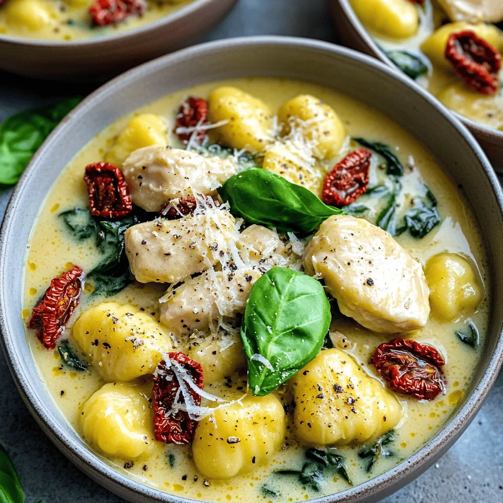 - 2 tablespoons olive oil - 1 lb (450g) chicken breast, cut into bite-sized pieces - Salt and pepper, to taste - 4 cloves garlic, minced - 1 teaspoon Italian seasoning - 1 cup sun-dried tomatoes, chopped - 2 cups fresh spinach - 1 cup heavy cream - 1 cup chicken broth - 1 lb (450g) gnocchi - ½ cup grated Parmesan cheese - Fresh basil leaves, for garnish These ingredients combine to create a rich and creamy sauce. The chicken adds protein, while the gnocchi acts as a soft and pillowy base. The sun-dried tomatoes give a sweet and tangy flavor. Fresh spinach adds color and nutrients. - Crushed red pepper flakes - Lemon zest - Fresh parsley Adding crushed red pepper flakes gives a nice kick. Lemon zest can brighten up the dish. Fresh parsley adds a fresh touch and extra flavor. - Chicken breast: You can use chicken thighs for more flavor. - Heavy cream: Try coconut cream for a dairy-free option. - Gnocchi: Use pasta if you cannot find gnocchi. These substitutes keep the dish tasty. They also help if you have dietary restrictions. Feel free to mix and match to suit your taste! This dish takes just 10 minutes to prep. You will need about 30 minutes to cook. In total, you can make this meal in under 40 minutes. It serves four, making it perfect for family dinners. 1. Heat the Oil: Start by heating 2 tablespoons of olive oil in a large pot over medium heat. 2. Cook the Chicken: Season 1 pound of chicken breast pieces with salt and pepper. Add them to the pot and cook for 5-6 minutes. The chicken should turn golden brown and be fully cooked. Once done, take the chicken out and set it aside. 3. Sauté Garlic and Herbs: In the same pot, add 4 cloves of minced garlic and 1 teaspoon of Italian seasoning. Cook for about 1 minute until you smell the aroma. 4. Add Tomatoes and Spinach: Toss in 1 cup of chopped sun-dried tomatoes and 2 cups of fresh spinach. Sauté them until the spinach wilts. 5. Mix in Cream and Broth: Pour in 1 cup of heavy cream and 1 cup of chicken broth. Stir to mix everything well and bring it to a gentle simmer. 6. Add Gnocchi: Now, add 1 pound of gnocchi to the pot. Stir gently to ensure they are covered in the sauce. Let them simmer for 3-5 minutes until they are soft and tender. 7. Combine Chicken and Cheese: Return the cooked chicken to the pot. Add ½ cup of grated Parmesan cheese and stir until it melts and makes the dish creamy. 8. Adjust Seasoning: Taste the dish and add more salt and pepper if it needs more flavor. 9. Garnish and Serve: Finally, remove the pot from heat. Garnish with fresh basil leaves before serving. To keep your dish creamy, make sure to stir gently when you add the gnocchi. This avoids breaking them apart. Use heavy cream for the best texture. If the sauce seems too thick, you can add a splash more chicken broth. This keeps it smooth and rich. Enjoy the creamy flavors with every bite! When cooking One Pot Creamy Tuscan Chicken Gnocchi, avoid these common mistakes: - Overcooking chicken: Cook it just until golden brown. This keeps it juicy. - Adding gnocchi too early: Wait until the sauce simmers before adding gnocchi. This helps them cook well. - Skipping seasoning: Don’t forget salt and pepper. They bring out all the flavors. To make the flavors pop in your dish, try these tips: - Use fresh garlic: Fresh garlic gives a better taste than pre-minced. - Add extra herbs: Fresh basil or thyme can enhance the dish's aroma and taste. - Adjust creaminess: If you want a thicker sauce, add a little more Parmesan cheese. Having the right tools makes cooking easier: - Large pot or skillet: A wide pot helps ingredients cook evenly. - Wooden spoon: This is perfect for stirring without scratching your pot. - Sharp knife: A good knife makes chopping chicken and veggies quick and easy. {{image_2}} You can swap chicken for turkey or shrimp. Both add unique flavors. If you want something different, try diced pork or even tofu. These options work well and cook quickly, just like chicken. If you want a meat-free meal, use mushrooms or zucchini instead of chicken. For a vegan twist, replace heavy cream with coconut milk. Use vegetable broth instead of chicken broth. This makes the dish creamy and rich without any animal products. Add more flavor with fresh herbs like thyme or oregano. You can toss in some red pepper flakes for heat. If you love cheese, try adding ricotta or mozzarella for extra creaminess. Spinach can be replaced with kale for a different taste. Mix in peas or bell peppers for added color and nutrition. These small changes keep the dish exciting every time you make it. To store your creamy Tuscan chicken gnocchi, let it cool down first. Place it in an airtight container. This keeps it fresh and tasty. Store it in the fridge. It will last for about 3 to 4 days. If you want to keep it longer, consider freezing it. When you are ready to eat, take the gnocchi out of the fridge. You can reheat it on the stove or in the microwave. If using the stove, heat it on low. Add a splash of chicken broth or cream to keep it creamy. Stir it often until it's warm. In the microwave, heat it for 1 to 2 minutes. Stir halfway for even warmth. To freeze, place your cooled gnocchi in a freezer-safe container. Make sure to leave some space at the top. The gnocchi may expand when frozen. It can last up to 3 months in the freezer. When you want to enjoy it again, thaw it overnight in the fridge before reheating. Yes, you can use frozen gnocchi. Just add them straight to the pot. They will cook quickly in the creamy sauce. Make sure to check the cooking time on the package. This way, the gnocchi stays soft and tender. If you want a lighter option, use half-and-half instead of heavy cream. You can also use coconut milk for a dairy-free choice. Both options will still give you a nice creamy texture. This dish lasts about 3 to 4 days in the fridge. Place it in an airtight container to keep it fresh. When you're ready to eat, just reheat it on the stove or in the microwave. This blog post covered the main ingredients for your dish, providing options and substitutes. I shared step-by-step cooking instructions and tips for a creamy texture. We discussed mistakes to avoid and tools to enhance your cooking. Variations for protein and vegetarian choices add fun flavors. Lastly, you learned how to store and reheat leftovers. Cooking can be easy and enjoyable when you know the right methods. Try these tips to make it your own. Happy cooking!