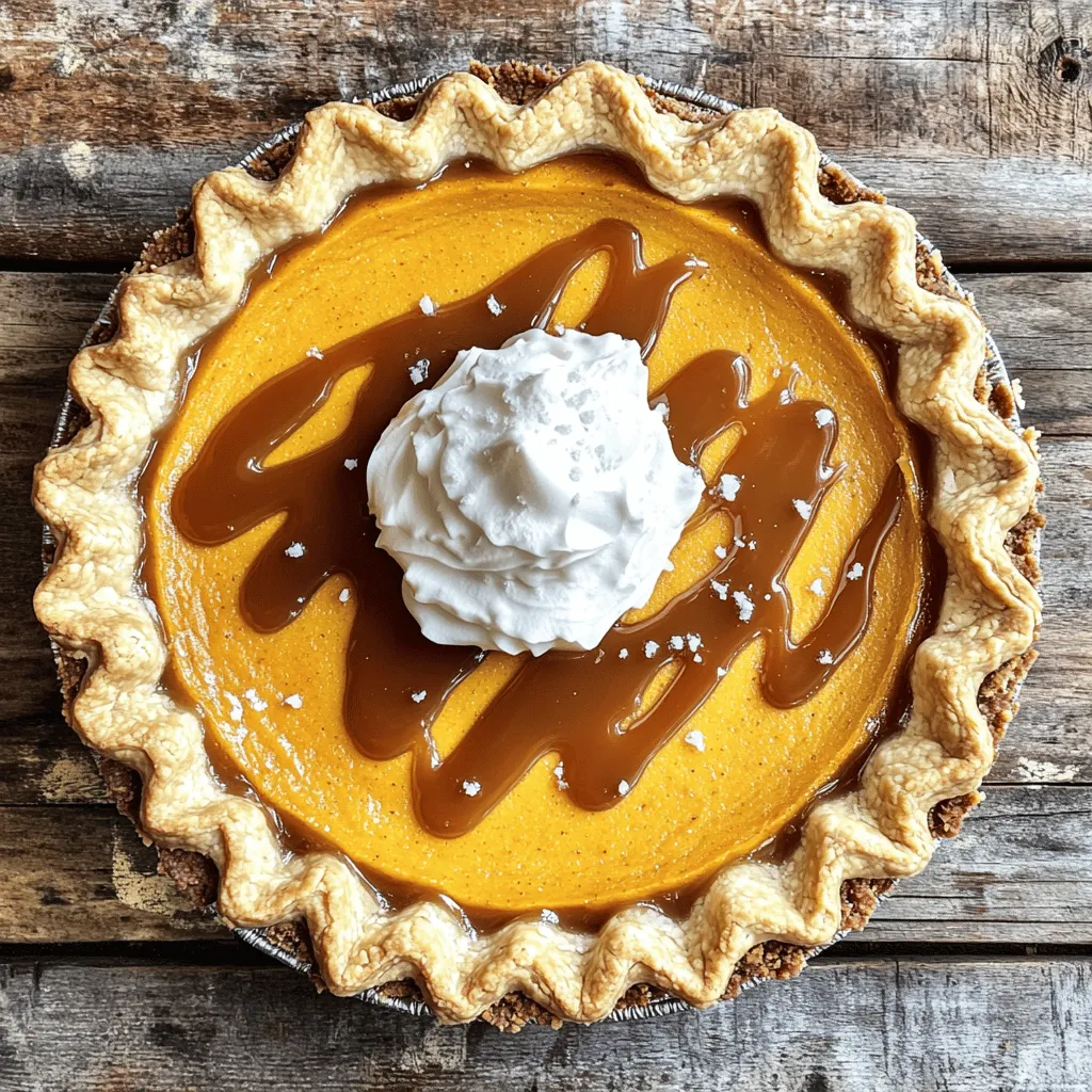 - 1 unbaked pie crust (store-bought or homemade) - 1 cup pumpkin puree (canned or homemade) - 3/4 cup brown sugar - 1/2 cup granulated sugar - 1 teaspoon ground cinnamon - 1/2 teaspoon ground nutmeg - 1/4 teaspoon ground ginger - 1/4 teaspoon salt - 3 large eggs - 1 cup heavy cream - 1 teaspoon vanilla extract - 1/2 cup salted caramel sauce (store-bought or homemade) - Whipped cream for topping - Optional: additional sea salt for garnish When choosing your pumpkin puree, look for 100% pumpkin on the label. Avoid blends with added sugar or spices. For sugars, I prefer light brown sugar as it gives a rich flavor. Pick fresh spices over old ones for better taste. Use large eggs for a fluffy filling. Heavy cream should be fresh and high in fat for the best texture. If you want to make the pie gluten-free, swap the crust for a gluten-free version. You can use coconut sugar instead of brown sugar for a different flavor. For a lighter option, try half-and-half instead of heavy cream. If you’re out of vanilla extract, almond extract can work, but use it sparingly. For a vegan version, use a plant-based cream and flax eggs. Start by preheating your oven to 425°F (220°C). On a clean, floured surface, roll out the pie crust. Fit it into a 9-inch pie plate. Make sure to trim the edges and crimp them for style. Use a fork to prick the bottom of the crust. This helps stop bubbling. Bake the crust for about 10 minutes. After that, take it out and let it cool a bit. In a large bowl, add the pumpkin puree, brown sugar, granulated sugar, cinnamon, nutmeg, ginger, and salt. Whisk these ingredients together until they mix well. Next, add the eggs one at a time. Mix after each egg until it blends in fully. Pour in the heavy cream and vanilla extract. Keep mixing until the filling is nice and smooth. Now, gently fold in the salted caramel sauce. Save a little bit for later drizzling. Pour the pumpkin mixture into your cooled pie crust. Place the pie in the oven. Bake it at 425°F (220°C) for 15 minutes. After that, lower the oven temperature to 350°F (175°C). Continue baking for 35-40 more minutes. Check if the filling is set by inserting a toothpick in the center. If it comes out clean, your pie is ready. Once baked, take the pie out and let it cool to room temperature. Drizzle the reserved caramel sauce on top and sprinkle with sea salt if you like. Enjoy your delicious creation! To get a great filling, keep these tips in mind. First, ensure your oven is preheated. Starting at 425°F helps cook the edges fast. This way, the center sets well. After 15 minutes, lower the heat to 350°F. Bake for another 35-40 minutes. Check the center with a toothpick. It should come out clean. If not, give it a few more minutes. Let the pie cool at room temperature. This step is key for a good texture. If you put it in the fridge right away, the filling can become too dense. Cooling helps it firm up without losing that creamy feel. Allow at least two hours before serving. This time lets the flavors blend nicely. When serving, a slice of pie looks great with whipped cream on top. You can drizzle extra salted caramel sauce for a showstopper effect. Sprinkle a bit of sea salt as a final touch. This adds a nice contrast to the sweetness. For a cozy vibe, serve slices with a hot drink, like apple cider or coffee. This combination brings out the fall flavors perfectly! {{image_2}} You can switch up flavors in your salted caramel pumpkin pie. Try adding a hint of chocolate. Mix in a few chocolate chips or swirl in some chocolate sauce. You can also use maple syrup instead of some sugar. This gives a rich, warm flavor. Another great option is to add a touch of orange zest. This adds brightness and pairs well with pumpkin. Making this pie gluten-free is easy. Just use a gluten-free pie crust. Many brands offer ready-made options. For a vegan version, swap the eggs for flaxseed meal or applesauce. You can also use coconut cream instead of heavy cream. Make sure the caramel sauce is dairy-free. Check the label or make your own with coconut milk. Toppings can elevate your pie. Whipped cream is classic and always a hit. You can also use coconut whipped cream for a dairy-free option. Drizzle extra salted caramel over the top for a sweeter finish. For crunch, sprinkle some crushed nuts, like pecans or walnuts. A sprinkle of cinnamon or cocoa powder can add a nice touch, too. To keep your salted caramel pumpkin pie fresh, cover it well. Use plastic wrap or aluminum foil. You can also place it in an airtight container. Store it in the fridge. It will stay good for about four days. Make sure it cools to room temperature before storing. If you want to save it for later, freezing works great. Slice the pie into pieces. Wrap each slice in plastic wrap tightly. Place the wrapped slices in a freezer bag. Squeeze out all the air before sealing. The pie can last in the freezer for up to three months. Thaw overnight in the fridge when you’re ready to enjoy it again. To reheat, preheat your oven to 350°F (175°C). Place the pie on a baking sheet. Cover it with aluminum foil to prevent burning. Heat for about 15-20 minutes or until warm. If you prefer, you can also microwave a slice. Heat it for about 30 seconds or until warm. Top it with whipped cream and a drizzle of caramel for a tasty treat. Yes, you can use fresh pumpkin. Start with a sugar pumpkin. Cut it, remove the seeds, and bake it until soft. Then, scoop the flesh and blend it until smooth. This gives you a fresh flavor and texture. Fresh pumpkin can be less sweet, so taste it and add a bit more sugar if needed. To make homemade salted caramel, you need just a few ingredients. Use: - 1 cup granulated sugar - 6 tablespoons unsalted butter - 1/2 cup heavy cream - 1 teaspoon sea salt 1. Heat the sugar in a pan over medium heat. Stir until it melts and turns amber. 2. Add the butter and stir until melted. 3. Slowly add the cream while stirring. Mix until smooth. 4. Remove from heat and add sea salt. Let it cool before using. This sauce adds a rich flavor to your pie. To keep your crust crisp, here are some tips: - Pre-bake the crust for about 10 minutes. This helps set it. - Prick the bottom of the crust with a fork. This prevents air bubbles. - Fill the crust with a layer of breadcrumbs or crushed nuts before adding the filling. This creates a barrier. - Bake the pie until the filling is set. Check with a toothpick. A well-baked pie keeps the crust from getting soggy. You learned about the key ingredients for the perfect pie. I shared tips for selecting the best ones. You also saw steps for mixing and baking, plus tricks for a smooth filling. We covered variations for different tastes and how to store leftovers well. For your next baking adventure, remember these ideas to make your pie shine. Enjoy the process, and don’t be afraid to get creative! Your delicious pie awaits.