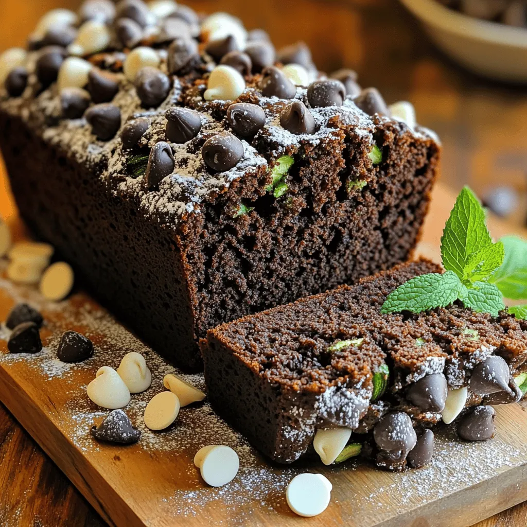 To make Triple Chocolate Zucchini Bread, gather these simple items: - 1 medium zucchini, grated (about 1 cup) - 1 cup all-purpose flour - 1/2 cup cocoa powder - 1/2 teaspoon baking powder - 1/2 teaspoon baking soda - 1/4 teaspoon salt - 1/2 cup granulated sugar - 1/2 cup brown sugar, packed - 1/3 cup vegetable oil - 2 large eggs - 1 teaspoon vanilla extract - 1/2 cup semi-sweet chocolate chips - 1/2 cup white chocolate chips - 1/2 cup dark chocolate chips You can easily swap some ingredients if needed: - Use coconut oil instead of vegetable oil for a richer flavor. - Applesauce can replace eggs for a vegan version. - Whole wheat flour works well for a healthier option. - If you don’t have cocoa powder, use carob powder as an alternative. Accurate measurements help your bread turn out great. - For grated zucchini, pack it lightly in the measuring cup. - Use a kitchen scale for precise flour and sugar amounts. - When measuring brown sugar, press it into the cup for a firm pack. - Always level off dry ingredients with a straight edge for best results. These tips and substitutes make this recipe flexible and fun! 1. Preheat your oven to 350°F (175°C). Grease a 9x5-inch loaf pan or line it with parchment paper. 2. Grate one medium zucchini until you have about one cup. Place this in a bowl. 3. Add half a cup of granulated sugar and half a cup of brown sugar to the zucchini. Let it rest for about 10 minutes. This helps to draw out the moisture from the zucchini. 4. In another bowl, mix one cup of all-purpose flour, half a cup of cocoa powder, half a teaspoon of baking powder, half a teaspoon of baking soda, and a quarter teaspoon of salt. Set this mixture aside. 5. In the zucchini bowl, add one-third of a cup of vegetable oil, two large eggs, and one teaspoon of vanilla extract. Stir well until it combines. 6. Gradually add the dry flour mixture to the wet zucchini mix. Stir gently until just combined. Be careful not to overmix the batter. 7. Fold in half a cup each of semi-sweet, white, and dark chocolate chips. This adds delicious layers of flavor. 8. Pour the batter into your prepared loaf pan. Smooth the top with a spatula. 9. Bake in the preheated oven for 50 to 60 minutes. Check for doneness by inserting a toothpick in the center. It should come out clean or with a few moist crumbs. 10. Once baked, take the bread out of the oven. Let it cool in the pan for 10 minutes. 11. Transfer the bread to a wire rack to cool completely. 12. For serving, slice the bread into thick pieces. Place it on a wooden cutting board. Dust the top with powdered sugar and add a sprig of mint for garnish. 13. For a special touch, serve with whipped cream or a scoop of vanilla ice cream. Enjoy your decadent creation! To prevent soggy bread, remove excess moisture from the zucchini. Grate the zucchini and place it in a clean cloth. Squeeze out the water before mixing. This step helps keep your bread light and fluffy. Another tip is to bake the bread until a toothpick comes out clean. Check it around the 50-minute mark, but don't rush it. The bread should not look wet on top. When mixing your ingredients, use two separate bowls. In one, mix the wet ingredients and in the other, combine the dry ones. This keeps the flavors balanced. Avoid overmixing when you combine them. Stir gently just until they come together. Overmixing can lead to tough bread. Lastly, fold in the chocolate chips softly to keep them intact. To store leftover bread, let it cool completely first. Wrap it in plastic wrap to keep it fresh. You can also place it in an airtight container. This helps prevent drying out. If you want to keep it longer, freeze it. Slice it before freezing, so you can take out just what you need. Enjoy your delicious Triple Chocolate Zucchini Bread for days! {{image_2}} If you want a nut-free version of this bread, simply skip any nuts. You can still enjoy the rich chocolate flavor without them. The texture stays moist and soft, thanks to the zucchini. To make this bread gluten-free, swap the all-purpose flour with a 1:1 gluten-free flour blend. This blend often contains xanthan gum, which helps mimic the texture of regular flour. You may also need to adjust the baking time slightly, so keep an eye on it. You can add different flavors to your bread. Consider adding 1/2 cup of chopped walnuts or pecans for a crunchy texture. Spices like cinnamon or nutmeg can add warmth to the flavor. If you want a twist, try adding 1 teaspoon of almond or peppermint extract. These small changes can create a unique taste each time you bake! Each slice of triple chocolate zucchini bread has about 200 calories. This bread serves ten slices. The main sources of calories are the sugars, oils, and chocolate. If you want to track your intake, it's good to know this. Zucchini is low in calories and high in fiber. It helps with digestion and keeps you full. Chocolate, especially dark chocolate, has antioxidants. It can improve heart health and mood. Combining these two makes this bread a tasty treat with some benefits. You can make this recipe vegan by using flax eggs instead of real eggs. For a low-sugar version, cut down on the granulated and brown sugar. You can also use a sugar substitute. This bread can fit various diets with a few simple changes. Yes, you can use frozen zucchini. Just thaw it first and squeeze out the water. This helps keep the bread from being too wet. Frozen zucchini works well because it still has the same great flavor. Just be sure to measure one cup after squeezing out the liquid. You can check if the bread is done by using a toothpick. Insert it in the center of the loaf. If it comes out clean or with a few moist crumbs, your bread is ready. It usually takes 50 to 60 minutes to bake. The top should be firm to the touch and have a nice dark color. Leftover zucchini can be used in many ways. You can add it to salads for a fresh crunch. It can also go into stir-fries or soups. If you have a lot, try making zucchini fritters or even zucchini noodles. You can freeze it for later too. Just grate and store in a bag. This blog post covered key points on making delicious zucchini chocolate bread. We discussed ingredients, substitutions, and measurement tips to help you get started. I shared step-by-step instructions for prepping, baking, and serving. You learned tips to avoid soggy bread and right ways to store leftovers. We also explored variations, including nut-free and gluten-free options, along with nutritional facts. Embrace these ideas to bake amazing bread. Your kitchen adventures will surely impress! Enjoy every bite and share your success.