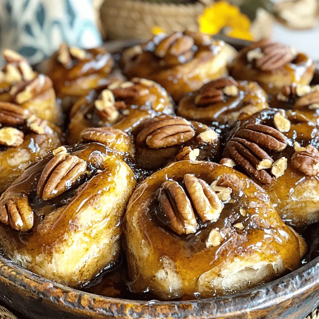 - 2 cups all-purpose flour - 1/2 cup whole milk, warmed - 1/4 cup granulated sugar - 1/4 cup unsalted butter, melted - 1 packet (2 1/4 tsp) active dry yeast - 1/2 teaspoon salt - 1 large egg - 1 teaspoon vanilla extract - 1 cup pecans, chopped - 1/2 cup brown sugar, packed - 1/4 cup maple syrup To make the best Maple Pecan Sticky Buns, you need a few key items. All-purpose flour is the base of the dough. It gives the buns their soft texture. Whole milk and yeast work together to make the dough rise. Warm milk activates the yeast, making it bubbly and alive. Granulated sugar and brown sugar add sweetness and help with the sticky topping. - 1 teaspoon ground cinnamon - 1/4 teaspoon ground nutmeg You can add ground spices like cinnamon and nutmeg for extra flavor. These spices make the buns taste warm and cozy. Toppings like maple syrup and whole pecans finish the buns perfectly. Drizzling extra maple syrup on top makes them even more delicious. Whole pecans add a nice crunch and look great too. These ingredients are simple, yet they create a treat that feels special. Maple Pecan Sticky Buns are easy to make and great for sharing. 1. Start by combining warm milk and yeast in a small bowl. Let it sit for 5-10 minutes until it looks frothy. This means the yeast is ready to work. 2. In a larger mixing bowl, whisk together the flour, granulated sugar, and salt. These dry ingredients form the base of your dough. 3. Next, add the melted butter, egg, vanilla extract, and the frothy yeast mixture to the dry ingredients. Mix everything until a dough starts to form. It's okay if it is a bit sticky. 4. Now, knead the dough on a floured surface for about 5-7 minutes. You want it smooth and elastic. Then, place it in a lightly greased bowl. Cover it with a clean towel and let it rise in a warm spot for about 1 hour. It should double in size. 1. While the dough rises, prepare the sticky topping. In a saucepan over low heat, combine the brown sugar, maple syrup, and chopped pecans. 2. Stir occasionally until the sugar melts and everything blends well. This mixture will create that sweet, gooey topping. Once done, remove it from the heat and set it aside. 1. Once the dough has risen, punch it down gently. Roll it out into a rectangle, about 12x18 inches, on a floured surface. 2. Brush the surface of the dough with melted butter. Then sprinkle the brown sugar, cinnamon, and nutmeg evenly across it. This adds a warm, spicy flavor. 3. Carefully roll the dough tightly from the long side into a log. Slice the log into 12 equal pieces. 4. Pour the sticky pecan mixture into a greased 9x13 inch baking dish. Place the dough pieces on top, cut side up, so they soak up all that goodness. 5. Cover the dish and let the buns rise for another 30 minutes. This helps them become fluffy. 6. Preheat your oven to 350°F (175°C). Bake the buns for 25-30 minutes, or until they turn a lovely golden brown. 7. After baking, let the buns cool in the pan for about 5 minutes. Then, invert them onto a serving platter. Enjoy the sweet aroma and the delicious sticky topping! - Ensuring the right yeast activation: Start by mixing warm milk and yeast. Let it sit for 5-10 minutes until it looks frothy. This shows that the yeast is alive and ready to work. If it doesn't froth, the yeast may be old, so try again with fresh yeast. - Optimal kneading techniques: Knead the dough for 5-7 minutes on a floured surface. Push the dough away, fold it back, and repeat. Kneading helps develop gluten, making the buns light and fluffy. If the dough sticks to your hands, add a bit more flour. - Achieving the perfect golden-brown finish: Bake the buns at 350°F (175°C) for 25-30 minutes. Keep an eye on them. They should be golden brown on top. If they darken too fast, cover them with foil. - Cooling and inverting tips: Let the buns cool in the pan for 5 minutes. This helps the sticky topping set. Then, carefully invert the pan onto a serving platter. If any topping sticks to the pan, scrape it out and drizzle it over the buns. {{image_2}} You can change the flavor of your sticky buns by using different nuts. Try walnuts or almonds for a nutty twist. They add a different crunch and taste. You can also add dried fruits like cranberries or cherries. These fruits bring a sweet and tart flavor. Mixing in fruits can make your sticky buns even more special. If you need a gluten-free version, swap the all-purpose flour. Use a gluten-free baking blend instead. Make sure it has a good mix of starches and flours. This will help your buns rise and taste great. You might want to add a bit of xanthan gum. This helps mimic the texture of gluten. To make a vegan version of these sticky buns, replace the egg with a flax egg. Mix one tablespoon of flaxseed meal with two and a half tablespoons of water. Let it sit for a few minutes until it thickens. Use almond milk or oat milk instead of whole milk. For the butter, switch to a vegan butter or coconut oil. These changes keep the texture nice and the flavor rich. To keep your Maple Pecan Sticky Buns fresh, follow these tips: - Room Temperature: Store them in an airtight container for up to 2 days. This keeps them soft. - Refrigeration: If you need to store them longer, place them in the fridge. They will last about a week in an airtight container. - Freezing: For longer storage, you can freeze the buns. Wrap them tightly in plastic wrap and then in foil. They can last up to 3 months in the freezer. To enjoy your sticky buns again, reheat them correctly: - Microwave: Place a bun on a microwave-safe plate. Heat for about 15-20 seconds. This warms it up quickly. - Oven: Preheat your oven to 350°F (175°C). Wrap the buns in foil and heat for 10-15 minutes. This method keeps them soft and fresh. - Toaster Oven: Heat at 350°F (175°C) for about 5-10 minutes. It gives a nice texture and warmth. Each method helps maintain the buns' gooey texture and flavor. Enjoy them warm for the best experience! You can use instant yeast or a sourdough starter. Instant yeast does not need to be proofed. You can mix it directly with the dry ingredients. If you choose to use a sourdough starter, remember, it adds great flavor. Use about 1 cup of starter and reduce the flour and liquid slightly in your recipe. This makes for a tasty twist in your sticky buns. To make your sticky topping even stickier, add more maple syrup or brown sugar. You could also use a little corn syrup. Heat the topping longer before pouring it into the dish. This helps to melt the sugar fully. Also, make sure to pour it warm, so it sticks better to the buns. Adding a pinch of salt can enhance the flavor, too. Yes, you can prepare the dough in advance. After kneading, cover it tightly and place it in the fridge. It can sit overnight and rise slowly. This method improves the flavor and makes for a nice texture. The next day, take it out, let it warm up for about 30 minutes, and then shape it. Maple Pecan Sticky Buns last about 2-3 days at room temperature in an airtight container. If you want them to last longer, you can freeze them. Just wrap each bun in plastic wrap, then place them in a freezer bag. They can stay good for up to 3 months. When ready to eat, thaw and reheat them in the oven for a warm treat. In this post, we explored how to make delicious Maple Pecan Sticky Buns. We covered essential and optional ingredients, step-by-step instructions, and helpful tips. You can play with flavors by trying different nuts or fruits. If needed, you can also make gluten-free or vegan versions. Lastly, I shared storage tips to keep your buns fresh. Enjoy baking these sticky treats, and happy eating! You now have all the tools to impress family and friends.