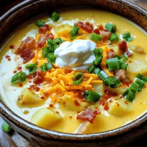 - 4 large russet potatoes, peeled and diced - 1 medium onion, chopped - 3 cloves garlic, minced - 4 cups vegetable broth - 1 cup heavy cream - 1 cup shredded cheddar cheese - 1/2 cup sour cream - 4 slices turkey bacon, cooked and crumbled - 1 cup green onions, sliced - 1 teaspoon smoked paprika - Salt and black pepper to taste - 2 tablespoons olive oil Every ingredient in this soup plays a key role. The russet potatoes add a creamy texture. They also bring a rich, earthy taste. The onion and garlic provide a strong flavor base. They help build layers of taste in the soup. Vegetable broth serves as the liquid, giving depth to the dish. Heavy cream makes the soup rich and smooth. Shredded cheddar cheese adds a lovely sharpness. Sour cream gives a tangy twist. Turkey bacon brings a satisfying crunch and flavor. Green onions add freshness and color. Smoked paprika enhances the overall taste, adding a subtle smokiness. Lastly, salt and black pepper balance all the flavors. You can swap ingredients if needed. For potatoes, you might try Yukon gold or red potatoes. If you want a lighter soup, use half-and-half instead of heavy cream. For a dairy-free option, use coconut milk or almond milk. If you don't have turkey bacon, regular bacon works well, too. You can skip it for a vegetarian option. Instead of cheddar cheese, try gouda or a dairy-free cheese. Use vegetable or chicken broth based on your preference. The soup still tastes great with these changes! First, gather all your ingredients. You will need four large russet potatoes, one medium onion, three cloves of garlic, and four cups of vegetable broth. Don’t forget the heavy cream, cheddar cheese, sour cream, turkey bacon, green onions, smoked paprika, salt, and black pepper. Next, peel and dice the potatoes. Chop the onion and mince the garlic. These steps make cooking easier. In a large pot, heat two tablespoons of olive oil over medium heat. Add the chopped onion and cook for about five minutes until it feels soft. Stir in the minced garlic and one teaspoon of smoked paprika. Cook for one more minute to release the flavors. Then, add the diced potatoes and vegetable broth to the pot. Bring the mixture to a boil. Once it boils, lower the heat and let it simmer for 20 to 25 minutes. The potatoes need to be tender for the best soup. When the potatoes are soft, use an immersion blender to puree the soup. If you don’t have one, carefully pour the soup into a regular blender in batches. Blend until it reaches your desired smoothness. Return the soup to low heat. Now, stir in one cup of heavy cream, one cup of shredded cheddar cheese, and a quarter cup of sour cream. Mix well until the cheese melts. Season with salt and black pepper to taste. If using a regular blender, let the soup cool slightly before blending. Hot liquids can create pressure and make a mess. Blend in small batches and always keep the lid slightly open to let steam escape. For a chunkier soup, blend only half of it. This gives you some potato pieces for texture. Adjust your blending based on how you like your soup. Enjoy experimenting! To make your soup creamy, start by using heavy cream. This adds a rich texture that is hard to beat. Blend the cooked potatoes well. This helps create a smooth base. You can also add sour cream for tanginess. Stir in the sour cream right before serving. This keeps the creaminess fresh and bright. Sautéing the onion and garlic first is key. This builds a strong flavor. Use medium heat to avoid burning. When adding potatoes, make sure they are diced evenly. This ensures they cook at the same rate. Simmer the soup until the potatoes are tender. An immersion blender is best for blending. It keeps the soup warm and easy to mix. Smoked paprika adds a nice depth to your soup. It gives a subtle smoky flavor that pairs well with potatoes. Don’t forget to season with salt and pepper. Taste your soup as you go. This way, you can adjust the flavors to your liking. For extra flavor, try adding fresh herbs like chives or thyme. They brighten the dish and add a fresh note. {{image_2}} To make a vegetarian version, simply swap the turkey bacon for crispy veggie bacon or omit it. Use vegetable broth instead of chicken broth to keep it meat-free. You can also add more vegetables, like carrots and celery, for extra flavor and nutrition. This keeps the soup hearty and satisfying without losing the classic baked potato taste. For a dairy-free loaded baked potato soup, replace heavy cream with coconut milk or almond milk. Use dairy-free cheese for that cheesy flavor. You can make a creamy texture by blending in some cooked cauliflower or a bit of silken tofu. This way, you can enjoy all the richness without any dairy. If you like heat, add some diced jalapeños or red pepper flakes to the base. You can also stir in some hot sauce once the soup is creamy. Top the soup with spicy cheese or even a sprinkle of chili powder for extra kick. This adds a fun twist to the classic flavor and warms you up from the inside. To store your loaded baked potato soup, let it cool first. Pour the soup into an airtight container. Seal it tightly to keep out air. Store it in the fridge for up to three days. Label the container with the date. This helps you remember when you made it. When you're ready to eat the soup, take it out of the fridge. Pour the soup into a pot over medium heat. Stir it often to warm it up evenly. If the soup is too thick, add a splash of vegetable broth or water. Heat until it’s hot but not boiling. You can also use a microwave. Place the soup in a microwave-safe bowl. Heat it in short bursts, stirring in between. If you want to freeze the soup, use a freezer-safe container. Leave some space at the top, as soup expands when frozen. It can last for up to three months. When you’re ready to eat it, thaw the soup in the fridge overnight. Reheat it as explained above. Remember, the texture might change a bit after freezing, but the taste stays great! Yes, you can! Using a slow cooker is simple. Start by sautéing the onion and garlic in a pan. Then, add them to your slow cooker with the diced potatoes, vegetable broth, and smoked paprika. Set it on low for 6-8 hours or high for 3-4 hours. When the potatoes are tender, blend the soup as you like. Finally, stir in the cream and cheese, and enjoy! Loaded Baked Potato Soup lasts about 3-5 days in the fridge. Make sure to store it in an airtight container. Before eating, check for any signs of spoilage. If it smells fine and looks good, you can reheat it. Just warm it on the stove or in the microwave until hot. Absolutely! Toppings make the soup fun. You can add crispy bacon, extra cheese, or green onions. You might also try sour cream or chives for a fresh taste. For a spicy kick, add jalapeños or hot sauce. Customize it to your taste! In this post, we covered the key ingredients for loaded baked potato soup, their roles, and easy swaps. I shared step-by-step instructions for preparing, cooking, and blending the soup. We also discussed tips for creaminess, cooking techniques, and flavor boosts. You learned about variations like vegetarian and spicy options, plus storage and reheating tips. Now you have the tools to make this dish your own. Enjoy your cooking journey and create your perfect loaded baked potato soup!