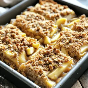 - 2 cups rolled oats - 1 cup all-purpose flour - 1 cup brown sugar, packed - 1/2 cup granulated sugar - 1 teaspoon ground cinnamon - 1/2 teaspoon salt - 1/2 cup unsalted butter, melted - 4 large apples, peeled, cored, and diced (about 4 cups) - 2 tablespoons lemon juice - 1 tablespoon cornstarch - 1 teaspoon vanilla extract For the base of the apple crisp bars, rolled oats give a hearty texture. All-purpose flour binds everything together. Brown sugar adds a rich sweetness, while granulated sugar balances the flavors. Ground cinnamon brings warmth and depth. The salt enhances all the sweet notes. Using four large apples makes these bars fruity and flavorful. The lemon juice brightens the apples, and the cornstarch thickens the filling. Finally, vanilla extract rounds out the taste. - 1/2 cup chopped walnuts or pecans You can add nuts for a delightful crunch. Walnuts or pecans work well. They give a nice texture and flavor boost. - Spices and flavor enhancers Feel free to experiment with spices like nutmeg or ginger. These can add a unique twist to the classic recipe. - Alternatives for dietary restrictions If you need a gluten-free option, swap out the all-purpose flour for a gluten-free blend. For a vegan version, use plant-based butter instead of regular butter. These ingredients make the apple crisp bars customizable. You can tailor them to your taste and dietary needs. 1. Preheat the oven: Start by setting your oven to 350°F (175°C). This temperature works best for our apple crisp bars. 2. Prepare the baking pan: Grease a 9x13-inch baking pan. You can also line it with parchment paper for easy removal. 1. Combine dry ingredients: In a large bowl, mix together 2 cups of rolled oats, 1 cup of all-purpose flour, 1 cup of brown sugar, 1/2 cup of granulated sugar, 1 teaspoon of ground cinnamon, and 1/2 teaspoon of salt. Stir until everything blends well. 2. Add melted butter: Pour in 1/2 cup of melted unsalted butter. Mix until the blend looks like coarse crumbs. Set aside about 1 cup of this mixture; we will use it later for topping. 1. Toss apples with lemon juice and cornstarch: In another bowl, take 4 large peeled and diced apples. Drizzle with 2 tablespoons of lemon juice and sprinkle 1 tablespoon of cornstarch over them. Toss well to coat the apples evenly. 2. Layering the mixture and filling: Add 1 teaspoon of vanilla extract to the apples and, if you like, include 1/2 cup of chopped nuts. Mix again. 1. Pressing the base layer: Spread the remaining oat mixture across the bottom of your baking pan. Press this down firmly to form a solid base layer. 2. Crumbling the topping: Pour the apple mixture over the pressed oat base, spreading it out evenly. Next, take the reserved oat mixture and crumble it on top of the apples. 3. Baking time and temperature: Place the pan in the preheated oven. Bake for 30-35 minutes. The top should be golden brown, and the apples should be tender. Now you are ready to enjoy your apple crisp bars! Choosing the right apples For the best flavor, I recommend using tart apples like Granny Smith. They hold up well during baking. You can also mix in some sweet apples like Honeycrisp for depth. Fresh apples taste best, so choose firm and juicy ones. Ensuring the right texture To get the right texture, slice the apples thinly. This helps them cook evenly and blend well with the oats. Tossing the apples with lemon juice and cornstarch is key. The lemon keeps them bright, while the cornstarch thickens the juices as they bake. Best accompaniments These bars shine with a scoop of ice cream or a dollop of whipped cream. Vanilla pairs nicely, but caramel sauce adds a fun twist. You can also serve them warm for that fresh-baked feel. Presentation tips Cut the bars into neat squares for a clean look. Dust a little powdered sugar on top for a pop of color. Serve them on a pretty plate to impress your guests. Gluten-free options You can swap the all-purpose flour with gluten-free flour. Keep the same amount for the best results. This way, everyone can enjoy these delicious bars. Vegan alternatives To make these bars vegan, use coconut oil instead of butter. You can also replace the eggs with flaxseed meal mixed with water. This keeps the bars moist and tasty while being vegan-friendly. {{image_2}} After baking your apple crisp bars, let them cool in the pan. This cooling helps the bars set and makes cutting easier. I recommend waiting at least one hour. Once cool, slice the bars into squares. For storing, place the bars in an airtight container. This keeps them fresh and moist. If you stack them, put parchment paper between layers. This prevents sticking. Store them at room temperature for up to three days. If you want them to last longer, refrigerate them for about a week. Freezing is a great way to save some bars for later. To freeze them, first cool the bars completely. Then, wrap each piece in plastic wrap. This helps block out air and keeps the bars tasty. Next, place the wrapped bars in a freezer-safe bag or container. Label it with the date so you can keep track. These bars can stay fresh in the freezer for up to three months. When you're ready to eat, take out the bars. Let them thaw in the fridge overnight or at room temperature for a couple of hours. You can also reheat them in the oven at a low temperature for a few minutes. Enjoy your apple crisp bars anytime! You can easily change the taste of your apple crisp bars. Adding spices like nutmeg or ginger gives a warm kick. Just a pinch of these spices can make a big difference. You can also mix in other fruits, like berries or pears, for a fun twist. These fruits add sweetness and color. If you need gluten-free options, simply swap the all-purpose flour for gluten-free flour. Many brands work well in baking. You can also use vegan butter instead of regular butter. This change makes the bars suitable for those on a plant-based diet. The topping can change the whole feel of your bars. A streusel topping is crumbly and sweet, while a crumb topping is thicker. You may also want to add nuts like walnuts or pecans. Nuts add crunch and flavor, making each bite more exciting. Can I use other fruits besides apples? Yes, you can use other fruits. Pears, peaches, or berries work well. Adjust the lemon juice to balance the flavors. Each fruit gives a unique taste to the bars. How do I make these bars gluten-free? To make these bars gluten-free, swap all-purpose flour with a gluten-free blend. Make sure the oats are certified gluten-free. This way, everyone can enjoy them. What’s the best way to cut these bars? Cut the bars after they cool completely. Use a sharp knife for clean edges. You can also use a ruler to guide your cuts if you want perfect squares. How long do the bars last fresh? These bars stay fresh for about five days at room temperature. Keep them in an airtight container. If you want them to last longer, store them in the fridge. Can I use brown sugar instead of granulated sugar? Yes, brown sugar can replace granulated sugar. It adds a rich, caramel flavor. You can use it in equal amounts, keeping the sweetness balanced. What can I use instead of butter? You can use coconut oil or vegan butter. Both options work well and keep the bars moist. Just make sure to melt them before mixing. Apple crisp bars are a delight made with simple ingredients, like oats, flour, and apples. You can customize them with nuts or spices and modify the recipe for special diets. Following easy steps leads to a tasty treat everyone will enjoy. Remember to store them properly and try fun variations. Explore different flavors and toppings to keep it fresh. With these tips, you’ll impress friends and family with your baking skills. Enjoy every bite of your homemade apple crisp bars!