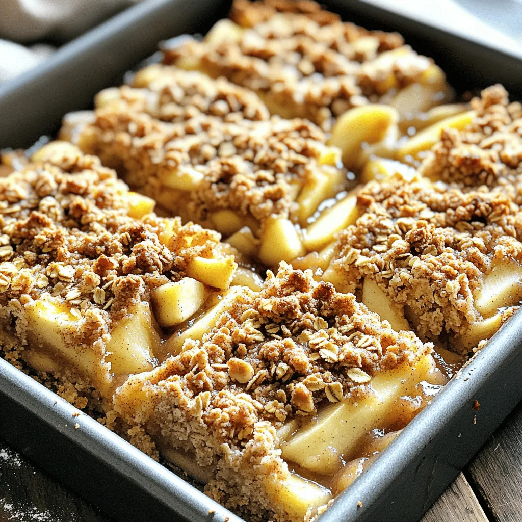 - 2 cups rolled oats - 1 cup all-purpose flour - 1 cup brown sugar, packed - 1/2 cup granulated sugar - 1 teaspoon ground cinnamon - 1/2 teaspoon salt - 1/2 cup unsalted butter, melted - 4 large apples, peeled, cored, and diced (about 4 cups) - 2 tablespoons lemon juice - 1 tablespoon cornstarch - 1 teaspoon vanilla extract For the base of the apple crisp bars, rolled oats give a hearty texture. All-purpose flour binds everything together. Brown sugar adds a rich sweetness, while granulated sugar balances the flavors. Ground cinnamon brings warmth and depth. The salt enhances all the sweet notes. Using four large apples makes these bars fruity and flavorful. The lemon juice brightens the apples, and the cornstarch thickens the filling. Finally, vanilla extract rounds out the taste. - 1/2 cup chopped walnuts or pecans You can add nuts for a delightful crunch. Walnuts or pecans work well. They give a nice texture and flavor boost. - Spices and flavor enhancers Feel free to experiment with spices like nutmeg or ginger. These can add a unique twist to the classic recipe. - Alternatives for dietary restrictions If you need a gluten-free option, swap out the all-purpose flour for a gluten-free blend. For a vegan version, use plant-based butter instead of regular butter. These ingredients make the apple crisp bars customizable. You can tailor them to your taste and dietary needs. 1. Preheat the oven: Start by setting your oven to 350°F (175°C). This temperature works best for our apple crisp bars. 2. Prepare the baking pan: Grease a 9x13-inch baking pan. You can also line it with parchment paper for easy removal. 1. Combine dry ingredients: In a large bowl, mix together 2 cups of rolled oats, 1 cup of all-purpose flour, 1 cup of brown sugar, 1/2 cup of granulated sugar, 1 teaspoon of ground cinnamon, and 1/2 teaspoon of salt. Stir until everything blends well. 2. Add melted butter: Pour in 1/2 cup of melted unsalted butter. Mix until the blend looks like coarse crumbs. Set aside about 1 cup of this mixture; we will use it later for topping. 1. Toss apples with lemon juice and cornstarch: In another bowl, take 4 large peeled and diced apples. Drizzle with 2 tablespoons of lemon juice and sprinkle 1 tablespoon of cornstarch over them. Toss well to coat the apples evenly. 2. Layering the mixture and filling: Add 1 teaspoon of vanilla extract to the apples and, if you like, include 1/2 cup of chopped nuts. Mix again. 1. Pressing the base layer: Spread the remaining oat mixture across the bottom of your baking pan. Press this down firmly to form a solid base layer. 2. Crumbling the topping: Pour the apple mixture over the pressed oat base, spreading it out evenly. Next, take the reserved oat mixture and crumble it on top of the apples. 3. Baking time and temperature: Place the pan in the preheated oven. Bake for 30-35 minutes. The top should be golden brown, and the apples should be tender. Now you are ready to enjoy your apple crisp bars! Choosing the right apples For the best flavor, I recommend using tart apples like Granny Smith. They hold up well during baking. You can also mix in some sweet apples like Honeycrisp for depth. Fresh apples taste best, so choose firm and juicy ones. Ensuring the right texture To get the right texture, slice the apples thinly. This helps them cook evenly and blend well with the oats. Tossing the apples with lemon juice and cornstarch is key. The lemon keeps them bright, while the cornstarch thickens the juices as they bake. Best accompaniments These bars shine with a scoop of ice cream or a dollop of whipped cream. Vanilla pairs nicely, but caramel sauce adds a fun twist. You can also serve them warm for that fresh-baked feel. Presentation tips Cut the bars into neat squares for a clean look. Dust a little powdered sugar on top for a pop of color. Serve them on a pretty plate to impress your guests. Gluten-free options You can swap the all-purpose flour with gluten-free flour. Keep the same amount for the best results. This way, everyone can enjoy these delicious bars. Vegan alternatives To make these bars vegan, use coconut oil instead of butter. You can also replace the eggs with flaxseed meal mixed with water. This keeps the bars moist and tasty while being vegan-friendly. {{image_2}} After baking your apple crisp bars, let them cool in the pan. This cooling helps the bars set and makes cutting easier. I recommend waiting at least one hour. Once cool, slice the bars into squares. For storing, place the bars in an airtight container. This keeps them fresh and moist. If you stack them, put parchment paper between layers. This prevents sticking. Store them at room temperature for up to three days. If you want them to last longer, refrigerate them for about a week. Freezing is a great way to save some bars for later. To freeze them, first cool the bars completely. Then, wrap each piece in plastic wrap. This helps block out air and keeps the bars tasty. Next, place the wrapped bars in a freezer-safe bag or container. Label it with the date so you can keep track. These bars can stay fresh in the freezer for up to three months. When you're ready to eat, take out the bars. Let them thaw in the fridge overnight or at room temperature for a couple of hours. You can also reheat them in the oven at a low temperature for a few minutes. Enjoy your apple crisp bars anytime! You can easily change the taste of your apple crisp bars. Adding spices like nutmeg or ginger gives a warm kick. Just a pinch of these spices can make a big difference. You can also mix in other fruits, like berries or pears, for a fun twist. These fruits add sweetness and color. If you need gluten-free options, simply swap the all-purpose flour for gluten-free flour. Many brands work well in baking. You can also use vegan butter instead of regular butter. This change makes the bars suitable for those on a plant-based diet. The topping can change the whole feel of your bars. A streusel topping is crumbly and sweet, while a crumb topping is thicker. You may also want to add nuts like walnuts or pecans. Nuts add crunch and flavor, making each bite more exciting. Can I use other fruits besides apples? Yes, you can use other fruits. Pears, peaches, or berries work well. Adjust the lemon juice to balance the flavors. Each fruit gives a unique taste to the bars. How do I make these bars gluten-free? To make these bars gluten-free, swap all-purpose flour with a gluten-free blend. Make sure the oats are certified gluten-free. This way, everyone can enjoy them. What’s the best way to cut these bars? Cut the bars after they cool completely. Use a sharp knife for clean edges. You can also use a ruler to guide your cuts if you want perfect squares. How long do the bars last fresh? These bars stay fresh for about five days at room temperature. Keep them in an airtight container. If you want them to last longer, store them in the fridge. Can I use brown sugar instead of granulated sugar? Yes, brown sugar can replace granulated sugar. It adds a rich, caramel flavor. You can use it in equal amounts, keeping the sweetness balanced. What can I use instead of butter? You can use coconut oil or vegan butter. Both options work well and keep the bars moist. Just make sure to melt them before mixing. Apple crisp bars are a delight made with simple ingredients, like oats, flour, and apples. You can customize them with nuts or spices and modify the recipe for special diets. Following easy steps leads to a tasty treat everyone will enjoy. Remember to store them properly and try fun variations. Explore different flavors and toppings to keep it fresh. With these tips, you’ll impress friends and family with your baking skills. Enjoy every bite of your homemade apple crisp bars!