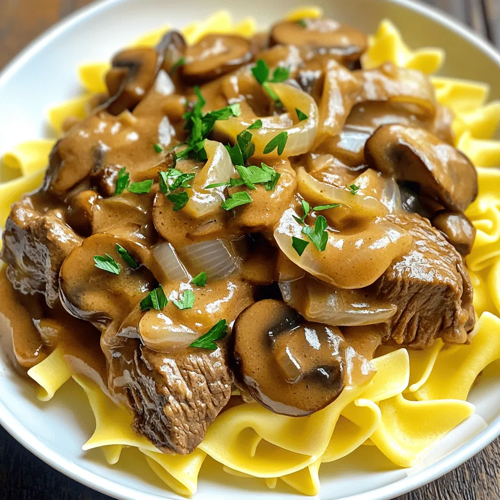 To create a tasty slow cooker beef stroganoff, you need some key ingredients. Here’s what you'll need: - 2 pounds beef stew meat, cut into 1-inch pieces - 1 medium onion, diced - 3 cloves garlic, minced - 8 ounces mushrooms, sliced (cremini or button) - 2 cups beef broth - 1 cup sour cream - 4 tablespoons all-purpose flour - 3 tablespoons olive oil These ingredients form the base of your dish. The beef gives rich flavor, while the onions and garlic add depth. Mushrooms bring a nice texture and earthy taste. Seasonings are what make this dish sing. Here are the spices you will use: - 1 tablespoon Worcestershire sauce - 1 teaspoon dried thyme - 1 teaspoon paprika - Salt and black pepper to taste Worcestershire sauce adds a punch of umami. Thyme and paprika give warmth and complexity. Don’t forget to adjust the salt and pepper to your liking. You can make your beef stroganoff even better with some optional ingredients. Consider these add-ons: - Fresh parsley for garnish - Cooked egg noodles (for serving) Garnishing with fresh parsley brightens the dish. Serving it over egg noodles adds a comforting touch that soaks up all that savory sauce. Start by heating 2 tablespoons of olive oil in a large skillet over medium-high heat. Add the beef stew meat in small batches. Brown each piece on all sides. This step adds great flavor. Once browned, transfer the beef to your slow cooker. Make sure to scrape the skillet to get all the tasty bits. In the same skillet, add 1 tablespoon of olive oil. Sauté the diced onion and minced garlic for 2 to 3 minutes. You want them to soften and become fragrant. Then, add the sliced mushrooms. Cook for another 4 to 5 minutes until they release moisture and shrink down. This process brings out their rich flavor. Now, add the sautéed onion, garlic, and mushrooms to the slow cooker with the beef. Pour in 2 cups of beef broth. Add 1 tablespoon of Worcestershire sauce, 1 teaspoon of dried thyme, and 1 teaspoon of paprika. Season with salt and black pepper to taste. Stir gently to mix everything well. Cover the slow cooker. Cook on low for 6 to 8 hours or on high for 3 to 4 hours until the beef is tender. About 30 minutes before you plan to serve, take a small bowl. Combine 1 cup of sour cream and 4 tablespoons of all-purpose flour. Stir until the mixture is smooth. Gradually add this to the slow cooker, making sure there are no lumps. Slightly increase the heat to high, cover, and cook for another 30 minutes. This will make the sauce thick and creamy. Once thickened, taste the stroganoff and adjust the seasoning if needed. Serve the beef stroganoff over cooked egg noodles. For a fresh touch, garnish with chopped fresh parsley. This adds color and a nice flavor boost. Choosing the right beef is key for great stroganoff. I recommend using beef stew meat. This cut has a good amount of fat. The fat makes the beef tender as it cooks. Look for meat that has a deep red color. Avoid any meat with a lot of gristle. If you can, ask your butcher for advice. They can help you pick the best cut. To get the best flavor, start by browning the beef. This adds a nice crust and rich taste. Use a large skillet and heat olive oil over medium-high heat. Brown the beef in batches to avoid crowding. After browning, don’t skip sautéing the onions and garlic. This step builds layers of flavor. For the slow cooker, keep it simple. Just combine all the ingredients and let it work its magic. If you want a thicker sauce, add more flour to the sour cream mix. Start with the suggested amount, then adjust to your taste. If you prefer a thinner sauce, add a little extra beef broth. Stir well to combine. Always taste the sauce before serving. This way, you can ensure the flavor hits just right. {{image_2}} To make this dish gluten-free, swap out the flour and noodles. You can use cornstarch or arrowroot powder as thickening agents. For noodles, consider using gluten-free pasta or even zucchini noodles. These options keep the flavor rich while ensuring everyone can enjoy this meal. If you want to try different mushrooms, consider using shiitake or portobello. Shiitake mushrooms add a deep, earthy taste, while portobello mushrooms give a meaty texture. Both can change the dish's flavor and make it even more enjoyable. Adding more veggies can enhance this dish. Carrots bring sweetness and a nice crunch. Peas add a pop of color and a fresh taste. You can also use bell peppers or green beans. Simply chop them and add them to the slow cooker at the same time as the beef for a well-rounded meal. To store your leftover beef stroganoff, first let it cool. Use an airtight container. Place it in the fridge. It will last for about three to four days. Make sure the lid is on tight. This keeps the flavors fresh. You can also divide it into smaller portions. This way, you can enjoy it later without waste. If you want to freeze beef stroganoff, follow these steps. First, let it cool completely. Next, use freezer-safe containers. You can also use heavy-duty freezer bags. Remove as much air as possible to prevent freezer burn. It can last for up to three months. When you’re ready to enjoy it, move it to the fridge overnight to thaw. To reheat beef stroganoff, you have a few options. The microwave is quick but may change the texture. Use a medium heat and stir often. If you prefer, use the stove. Pour it into a pan over low heat. Stir it gently until warmed through. You can add a splash of beef broth or water if it feels too thick. For a creamy finish, add a little sour cream while reheating. Yes, you can skip browning the meat. However, this step adds flavor. By browning, you create a nice crust and deep flavor. It makes the dish richer. If you don't brown, the taste may be less intense, but it will still be good. To make it creamy without sour cream, use cream cheese or Greek yogurt. Cream cheese gives a rich and smooth texture. Just mix it in before serving. Greek yogurt can add tanginess and creaminess. Stir it in at the end and heat gently. Beef Stroganoff pairs well with several sides. Here are some tasty options: - Egg noodles: They soak up the sauce well. - Rice: A good choice for a filling side. - Mashed potatoes: Creamy and comforting. - Steamed vegetables: Broccoli or green beans add color and nutrition. - Salad: A simple green salad can balance the meal. Yes, you can use chicken! Chicken thighs work best for this recipe. They stay tender and juicy during cooking. Cook time may change slightly; check for doneness. You can also try turkey or pork, but adjust flavors as needed. In this post, we explored the essential ingredients for slow cooker beef stroganoff, including the main components and seasonings. I shared step-by-step cooking instructions and storage tips. Remember, you can customize this dish with variations like gluten-free options or more veggies. Slow cooker beef stroganoff is simple, tasty, and perfect for any occasion. Enjoy creating your own version!