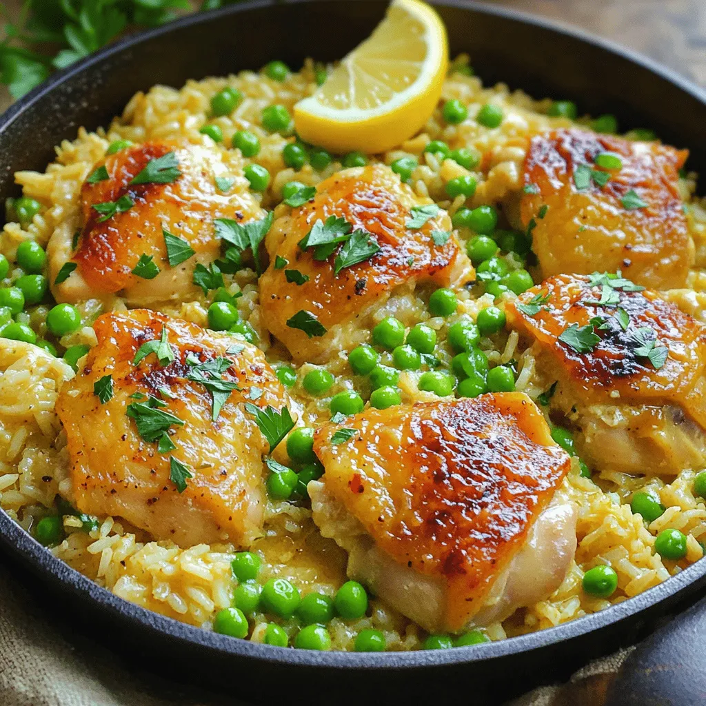 To make this dish, you need simple and fresh items. Here’s what you will need: - 1 lb (450g) boneless, skinless chicken thighs, diced - 1 cup long-grain white rice - 2 cups low-sodium chicken broth - 4 tablespoons unsalted butter - 4 cloves garlic, minced - 1 teaspoon dried thyme - 1 teaspoon paprika - Salt and black pepper to taste - 1 cup frozen peas - Zest and juice of 1 lemon These ingredients come together to create a hearty meal. The chicken adds protein, while rice soaks up all the flavors. The key to this dish lies in its seasonings. I like to use: - Dried thyme for a warm, earthy taste. - Paprika adds a nice color and mild spice. - Salt and pepper enhance all the flavors. These seasonings work well together. They bring out the taste of the chicken and garlic, making each bite delicious. To finish your dish, some fresh garnishes make it pop. I recommend: - Chopped fresh parsley for a burst of color. - Lemon wedges to squeeze on top for extra zing. These simple touches make your meal look inviting and add a fresh taste. Enjoy your Garlic Butter Chicken & Rice Skillet! Start with 1 pound of boneless, skinless chicken thighs. Dice them into small pieces. This helps them cook faster and evenly. Heat a large skillet over medium heat. Melt 2 tablespoons of butter in the skillet. Add the chicken pieces. Season with salt, black pepper, dried thyme, and paprika. Cook the chicken for 5 to 7 minutes. You want it to be browned and cooked through. Once done, remove the chicken from the skillet and set it aside. In the same skillet, add the last 2 tablespoons of butter. Once melted, toss in 4 minced garlic cloves. Sauté the garlic for about 1 minute. You want it to become fragrant but not brown. This step builds great flavor for your dish. Next, add 1 cup of uncooked long-grain white rice to the skillet. Stir it well to coat the rice with the garlic butter. Toast the rice for 1 to 2 minutes. This enhances its flavor. Then, pour in 2 cups of low-sodium chicken broth. Scrape up any brown bits stuck to the bottom of the skillet. This adds even more flavor. Bring the mixture to a gentle simmer. Return the cooked chicken to the skillet. Cover the skillet and let it cook for 15 minutes. The rice should be tender, and the liquid should be absorbed. After the rice is cooked, stir in 1 cup of frozen peas. Also, add the zest and juice of 1 lemon. Cook for an additional 3 minutes until the peas are heated through. Remove the skillet from heat. Garnish with chopped parsley for a fresh touch. Serve directly from the skillet for a rustic look. Enjoy your flavorful Minute Garlic Butter Chicken & Rice Skillet! To make the chicken tender, use boneless, skinless thighs. They cook fast and stay juicy. Cut them into small pieces for even cooking. Season the chicken well with salt, pepper, thyme, and paprika. This adds flavor as you cook. When you sauté the chicken, let it brown nicely. This gives it a great taste. For fluffy rice, rinse it under cold water before cooking. This helps remove excess starch. When adding rice to the skillet, toast it for a minute in the garlic butter. This step enhances its flavor. Always use low-sodium chicken broth for a balanced taste. It keeps the rice moist without being too salty. One common mistake is overcooking the chicken. Chicken thighs need only 5-7 minutes in the pan. If you cook them too long, they can dry out. Also, don't skip the step of scraping the skillet. This gets all the tasty bits mixed into the rice. Another mistake is forgetting to cover the skillet while cooking. This traps steam and helps the rice cook evenly. If you don't cover it, the rice can end up hard. Lastly, be careful with salt. You can always add more later, but you can't take it out once it's in. You can make this dish even better with extra ingredients. Try adding some chopped onions when you sauté the garlic. This adds depth to the dish. Bell peppers or mushrooms can also work great. They give color and more flavor. For a zesty touch, consider adding capers or olives. They add a nice briny flavor. If you like heat, sprinkle in some red pepper flakes. Fresh herbs like basil or cilantro can brighten the dish. Experiment and find what you love! {{image_2}} If you want to switch out chicken thighs, consider using chicken breasts. They cook fast and stay tender. You can also use turkey or even shrimp for a fun twist. For a heartier option, try diced pork. Each meat will bring its own flavor, so adjust the cook time as needed. To make this dish vegetarian, swap the chicken for chickpeas or tofu. Both options soak up flavor well. Use vegetable broth instead of chicken broth for a full vegan touch. You can also add more veggies like bell peppers or mushrooms to keep it filling. Want to boost health benefits? Toss in spinach, kale, or broccoli for more greens. You can also add nuts like almonds or walnuts for crunch and healthy fats. For more flavor, consider stirring in some sun-dried tomatoes or olives. These add-ins make the dish colorful and packed with nutrients. To keep your Minute Garlic Butter Chicken & Rice Skillet fresh, store it in an airtight container. Let the dish cool to room temperature before sealing it. This method helps prevent moisture and keeps flavors intact. It’s best to use the skillet meal within three days for optimal taste. When you’re ready to enjoy leftovers, reheat using the stove or microwave. For the stove, place the skillet on low heat. Stir gently and add a splash of chicken broth to keep it moist. If using a microwave, cover the dish with a damp paper towel. Heat in short bursts, stirring in between. This way, your chicken and rice stay juicy. If you want to save some for later, freezing is a great option. Portion the chicken and rice into freezer-safe bags. Squeeze out as much air as you can before sealing. You can freeze it for up to three months. To enjoy, thaw overnight in the fridge and reheat as mentioned above. It takes about 35 minutes to make this dish. You spend 10 minutes prepping and 25 minutes cooking. This quick time makes it great for busy nights. Yes, you can use brown rice. However, you must adjust the cooking time. Brown rice takes longer to cook, about 40-45 minutes. Make sure to add extra broth to keep it moist. This skillet meal goes well with many sides. Here are a few ideas: - Steamed green beans - A fresh garden salad - Roasted broccoli - Garlic bread Each of these sides adds a nice touch to the meal. Enjoy your cooking! This blog post covered delicious garlic butter chicken and rice. We talked about key ingredients, seasonings, and garnishes. I shared step-by-step instructions to help you cook it right. You learned tips for tender chicken and fluffy rice, plus tricks to avoid mistakes. Several variations and storage tips let you customize this meal. Whether you make it today or save for later, enjoy this rich, tasty dish. Happy cooking!