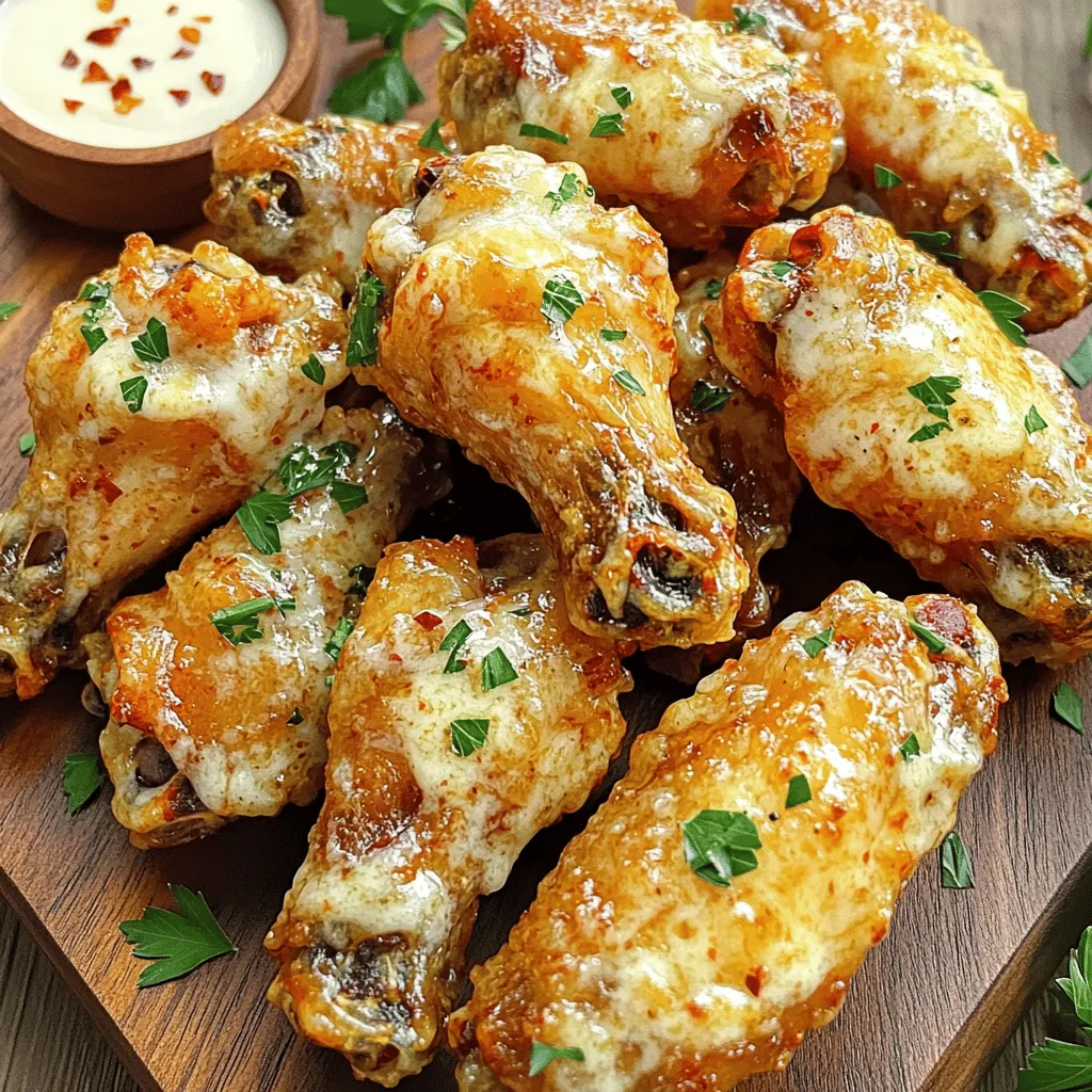- 2 pounds chicken wings - 1 teaspoon baking powder - 1 teaspoon salt - 1 teaspoon black pepper - 1 tablespoon garlic powder - 1/2 cup grated Parmesan cheese - 1/4 cup unsalted butter, melted - 1 tablespoon olive oil - 2 cloves fresh garlic, minced - 1 tablespoon fresh parsley, chopped (for garnish) - Red pepper flakes for added heat Each ingredient plays a key role in making these wings rich in flavor and texture. The chicken wings serve as the base, while the baking powder helps them crisp up beautifully. Salt and black pepper enhance the natural taste of the chicken. Garlic powder adds a savory kick that pairs perfectly with Parmesan. For flavor, grated Parmesan cheese brings a salty richness. Unsalted butter and olive oil create a luscious sauce, coating the wings perfectly. Fresh garlic adds depth, while parsley gives a fresh contrast. If you like some heat, red pepper flakes can spice things up. Gather these ingredients, and you’re ready to create a dish that is sure to impress! - Preheat your oven to 425°F (220°C). - Line a baking sheet with parchment paper for easy cleanup. - In a large bowl, mix the chicken wings with 1 teaspoon of baking powder, 1 teaspoon of salt, 1 teaspoon of black pepper, and 1 tablespoon of garlic powder. - Toss the wings until they are evenly coated in the seasonings. - Lay the wings in a single layer on the baking sheet. Make sure they do not touch each other. - This helps the wings cook evenly and get crispy. - Bake for 25-30 minutes. Flip the wings halfway through to ensure both sides turn golden brown and crispy. - While the wings bake, melt 1/4 cup of unsalted butter in a small bowl. - Add 1 tablespoon of olive oil, 2 cloves of minced garlic, and 1/2 cup of grated Parmesan cheese. - Mix well until everything is combined. - When the wings are done baking, take them out of the oven. - Toss the crispy wings in the garlic Parmesan sauce until they are well coated. - Return the sauced wings to the oven for 5-7 minutes. This helps the cheese melt slightly and stick to the wings. To make your wings extra crispy, use baking powder. It helps to dry out the skin. This extra crunch makes a big difference. Arrange your wings in a single layer on the baking sheet. If they touch, they may steam instead of crisp. Give each wing some space to cook evenly. You can adjust the garlic and cheese levels to suit your taste. If you love garlic, add a bit more. For a sharper taste, increase the Parmesan. Want some heat? Sprinkle red pepper flakes on your wings before baking. This adds a nice kick that many enjoy. For dipping sauces, ranch and blue cheese are classic choices. They pair well with the garlic Parmesan flavor. When serving, use a large platter. Garnish the wings with chopped parsley and lemon wedges. This adds color and freshness to your dish. {{image_2}} You can easily change the flavor of your wings. For a spicy kick, try spicy garlic Parmesan wings. Just add red pepper flakes to the garlic Parmesan sauce. This will give your wings a nice heat that balances well with the cheese. If you prefer something bright and fresh, go for lemon garlic Parmesan wings. Squeeze fresh lemon juice into the sauce before tossing the wings. The citrus adds a zesty punch that makes the wings even more delicious. You have different ways to cook these wings. The air fryer is a great method if you want quick and crispy wings. Just toss the wings in the air fryer at 400°F for about 25 minutes. They turn out crispy with less oil. If you prefer the oven, follow the original recipe. Baking wings at 425°F gives them a golden color and a crunchy skin. For a smoky flavor, grilling is another option. Grill the wings on medium heat for about 20 minutes. Be sure to turn them often to avoid burning. The grill adds a unique taste that pairs well with garlic and Parmesan. Wings are perfect with some tasty sides. Try serving them with celery and carrot sticks for crunch. A side of coleslaw adds a creamy contrast that complements the wings well. For a refreshing option, serve a simple green salad. It balances the richness of the wings. When it comes to drinks, cold beer is a classic choice. A light lager or a pale ale pairs nicely. If you prefer non-alcoholic drinks, a lemon-lime soda brings a refreshing touch. To keep your crispy garlic Parmesan wings fresh, store them in an airtight container. Make sure to let them cool completely before sealing. This helps prevent sogginess. In the fridge, they stay fresh for about 3-4 days. If you want to keep them longer, consider freezing. When you are ready to enjoy your wings again, reheating is key. The best way is to use the oven. Preheat it to 350°F (175°C). Place the wings on a baking sheet. Heat them for about 10-15 minutes. This method keeps the wings crispy and tasty. You can also use an air fryer if you have one. It works great for reheating without losing that crunch. If you want to freeze cooked wings, let them cool completely first. Place them in a freezer-safe bag or container. Make sure to remove as much air as possible. This way, they won't get freezer burn. Cooked wings can stay good for up to 3 months in the freezer. To thaw, move them to the fridge overnight. Then, follow the reheating steps to enjoy them crispy once again. I cook the wings at 425°F (220°C) for 25-30 minutes. Flip them halfway to get even crispiness. The wings should turn golden brown and crispy. This cooking time works well for about two pounds of wings. Yes, you can use frozen wings. Just make sure to thaw them first. You can do this in the fridge overnight or in cold water for a quicker method. After thawing, follow the same steps as fresh wings. I love to pair these wings with ranch or blue cheese dressing. You can also serve them with celery and carrot sticks. For a tasty side, try some crispy fries or a fresh salad. These pairings balance the rich flavor of the wings. We've covered how to make crispy chicken wings that are packed with flavor. You learned about the key ingredients, from chicken wings to baking powder and Parmesan cheese. I shared step-by-step instructions for preparation and baking, plus tips for extra crispiness. You can also explore flavor variations and get storage tips to keep your wings fresh. Now, it's time to gather your ingredients and enjoy making these delicious wings. Happy cooking!