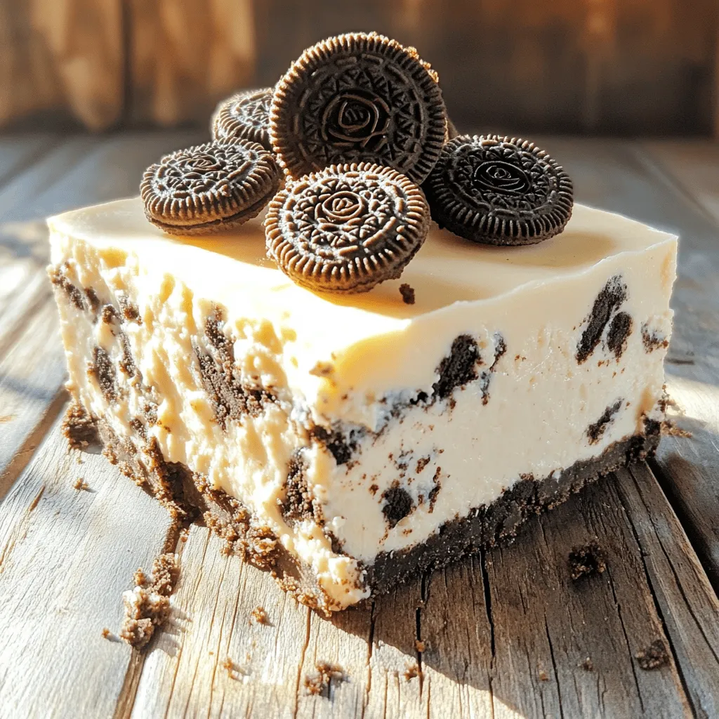 To make No-Bake Oreo Cheesecake Bars, you need simple and tasty ingredients. Here’s what you will need: - 24 Oreo cookies, crushed - 1/4 cup unsalted butter, melted - 16 oz cream cheese, softened - 1/2 cup powdered sugar - 1 teaspoon vanilla extract - 1 cup heavy whipping cream - 8 Oreo cookies, chopped (for filling) - Extra Oreo cookies for garnish Each ingredient plays a key role in making these bars creamy and delicious. The Oreo cookies form the crust and add flavor to the filling. Unsalted butter helps bind the crust together. Cream cheese adds the rich, creamy taste we love in cheesecake. Powdered sugar sweetens the filling without adding graininess. Vanilla extract enhances the overall flavor. Heavy whipping cream gives the cheesecake a light and fluffy texture. Chopped Oreos in the filling add extra crunch and fun. Finally, the extra Oreos on top make for a beautiful and tasty garnish. When you gather these ingredients, you set the stage for a sweet treat that everyone will love. Enjoy the process of mixing and creating your dessert! 1. First, take 24 Oreo cookies and crush them in a bowl. 2. Next, melt 1/4 cup of unsalted butter. 3. Combine the crushed Oreos with the melted butter. Stir until the crumbs are well-coated. 4. Press this mixture firmly into the bottom of a 9x9-inch baking dish. Use the back of a measuring cup for evenness. 1. In a large bowl, beat 16 oz of softened cream cheese until smooth. 2. Gradually add 1/2 cup of powdered sugar and 1 teaspoon of vanilla extract. Mix until fluffy. 3. In another bowl, whip 1 cup of heavy cream until stiff peaks form. 4. Gently fold the whipped cream into the cream cheese mixture. Make sure it’s fully combined. 1. Fold in 8 chopped Oreo cookies for added texture. 2. Spread the cheesecake filling over the prepared crust. Use a spatula to smooth the top. 3. Cover the dish with plastic wrap and chill in the fridge for at least 4 hours. 4. Once set, slice into bars and garnish with extra Oreo cookies on top. To make your cheesecake bars perfect, chilling time is key. The bars need at least four hours in the fridge. This helps them set and keeps them firm. If you skip this step, your bars may not hold their shape. Another important step is whipping the cream. Whip the heavy cream until stiff peaks form. This means the cream should stand up tall and not fall. Gently fold the whipped cream into the cream cheese mixture. This gives your bars a light and creamy texture. You can make these cheesecake bars a day or two ahead. Store them in the fridge, covered tightly with plastic wrap. This keeps them fresh and tasty. If you want to keep them longer, you can freeze the bars. Cut them into pieces first, then wrap each piece in plastic wrap. Place the wrapped bars in a freezer-safe bag. They can stay in the freezer for about three months. To serve, let them thaw in the fridge overnight. Enjoy delicious cheesecake bars whenever you want! {{image_2}} You can make your No-Bake Oreo Cheesecake Bars even more fun. Try adding different cookie flavors. Use peanut butter or mint Oreos for a twist. You can also mix in fruit or chocolate swirls. A raspberry or strawberry puree adds color and taste. Chocolate syrup gives a rich, sweet touch. These changes make each bite unique and exciting. Worried about gluten? You can make these bars gluten-free. Use gluten-free Oreo cookies instead. They taste just as good and keep the texture you love. If you want to cut down on sugar, use a low-sugar sweetener. You can also swap cream cheese for a low-fat version. These swaps help you enjoy the dessert while staying on track with your diet. To keep your No-Bake Oreo Cheesecake Bars fresh in the fridge, store them covered. Use plastic wrap or an airtight container. This helps keep moisture in and prevents them from drying out. Place the bars in the back of the fridge, where it's coldest. They can last up to five days when stored correctly. For longer storage, you can freeze these cheesecake bars. First, cut the bars into slices. Wrap each slice in plastic wrap and then place them in a freezer-safe container. This method keeps them from getting freezer burn. They can stay frozen for up to two months. When you’re ready to eat them, take the bars out of the freezer. Let them thaw in the fridge for about two hours before serving. This keeps the texture smooth and creamy. Enjoy the sweet taste of your frozen treat! No-Bake Oreo Cheesecake Bars last about 5 days in the fridge. Store them in an airtight container. This keeps them fresh and tasty. If you want them to last longer, you can freeze them. They stay good in the freezer for up to 2 months. Just wrap them well in plastic wrap. Yes, you can use light cream cheese. It will still taste great, but the texture might change a bit. Whipped topping is also an option. Using whipped topping makes the bars lighter and fluffier. However, the flavor may not be as rich. To cut the cheesecake bars nicely, use a sharp knife. First, dip the knife in warm water, then wipe it dry. This helps the knife glide through the bars smoothly. Cut straight down and pull the knife back up. This method keeps the bars looking nice. Absolutely! You can use other cookies for different flavors. For a chocolate twist, try chocolate sandwich cookies. For a fruity taste, use vanilla wafers. Just make sure they are crushed well to form a solid crust. In this blog post, we explored how to make delicious No-Bake Oreo Cheesecake Bars. We covered the essential ingredients, like Oreos, cream cheese, and butter. I shared detailed steps for preparing the crust and filling, plus tips for the best texture. You can even try variations or dietary adjustments. Lastly, I outlined how to store these treats for freshness. Now, you can enjoy making these easy and tasty bars anytime! Remember, getting creative can make your dessert even more special.