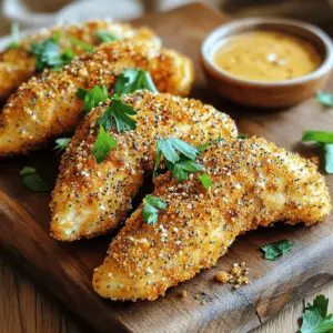 - 1 pound chicken tenders - 1 cup buttermilk - 1 large egg, beaten - 3 tablespoons everything bagel seasoning - 1 cup panko breadcrumbs - 1 cup all-purpose flour - 1 teaspoon garlic powder - 1 teaspoon onion powder - 1 teaspoon smoked paprika - Salt and pepper to taste The main ingredients set the base for your tasty chicken tenders. Chicken tenders are juicy and easy to cook. Buttermilk adds moisture and flavor, while the beaten egg helps the coating stick. For seasoning and coating, everything bagel seasoning brings a unique twist. I love using panko breadcrumbs. They make the tenders crispy. All-purpose flour creates a perfect base for the coatings. The additional seasonings enhance the taste. Garlic powder adds depth. Onion powder gives a mild sweetness. Smoked paprika adds a hint of smokiness. Remember to season with salt and pepper to balance the flavors. With these ingredients, you will make mouthwatering everything bagel air fryer chicken tenders. Each bite will burst with flavor. 1. Start by mixing buttermilk with seasonings. Use garlic powder, onion powder, smoked paprika, salt, and pepper. 2. Whisk until the mixture is smooth. This step adds flavor to the chicken tenders. 3. Place the chicken tenders in the buttermilk mix. Make sure they are well-coated. 4. Cover the bowl and refrigerate for at least 30 minutes. You can marinate longer for a deeper taste. 1. Set up three bowls for dredging. 2. In the first bowl, add all-purpose flour. This helps the egg stick. 3. In the second bowl, beat one large egg. This adds moisture to the coating. 4. In the third bowl, mix panko breadcrumbs with everything bagel seasoning. This gives the chicken its signature flavor. 1. Preheat your air fryer to 400°F (200°C) for about 5 minutes. This ensures even cooking. 2. Remove each chicken tender from the marinade. Let the extra buttermilk drip off. 3. Dredge the tender in flour first. Then dip it in the egg, and finally coat it with the panko mix. 4. Press the coating onto the chicken so it sticks well. 5. Lightly spray the air fryer basket with cooking spray. This helps prevent sticking. 6. Place the coated chicken tenders in a single layer in the basket. Avoid overcrowding. 7. Spray the tops with cooking spray for extra crispiness. 8. Air fry the chicken tenders for about 10-12 minutes. Turn them halfway through. They are done when golden brown and reach 165°F (75°C). 9. Remove from the air fryer and let cool for a few minutes before serving. Enjoy your tasty creation! Cooking spray is key for a crispy finish. It helps the coating get golden and crunchy. Without it, the chicken can turn out soggy. Always spray the chicken tenders lightly before and after placing them in the air fryer. For the best results, set your air fryer to 400°F (200°C). This high heat cooks the tenders quickly, sealing in the moisture. Cook them for 10 to 12 minutes. Remember to flip them halfway through for even cooking. To boost flavor, marinate your chicken tenders in a buttermilk mix. Combine buttermilk, garlic powder, onion powder, smoked paprika, salt, and pepper. This adds moisture and flavor. The ideal marination time is at least 30 minutes. For a deeper taste, consider marinating overnight. Just keep them covered in the fridge. These chicken tenders pair well with many dips. Try honey mustard, ranch, or a spicy aioli. Each dip adds a new flavor layer. For sides, consider crispy fries or a fresh salad. They make a complete meal that everyone will love. {{image_2}} You can change the taste of your chicken tenders easily. Try different seasonings to make them your own. For a twist, add some lemon zest or fresh herbs like dill or parsley. If you like heat, toss in some cayenne pepper or chili flakes. These spices add a nice kick to every bite. You don't have to use an air fryer. You can bake or pan-fry these chicken tenders too. For the oven-baked version, preheat your oven to 400°F (200°C). Place the coated tenders on a baking sheet lined with parchment paper. Bake for 15-20 minutes, flipping halfway through until golden brown. For pan-frying, heat oil in a skillet over medium heat. Cook the chicken tenders for about 4-5 minutes on each side until they are crispy and cooked through. Both methods give tasty results! If you need gluten-free options, use gluten-free flour and breadcrumbs. They work just as well in this recipe. For a dairy-free version, substitute buttermilk with almond milk mixed with a splash of vinegar. This keeps the chicken tender and flavorful without dairy. To keep your chicken tenders fresh, store them in the fridge. Place them in an airtight container. I recommend using glass or plastic containers with tight lids. This keeps moisture in and prevents the chicken from drying out. You can store leftovers for up to three days. To reheat and maintain that crispy texture, use the air fryer. Set it to 375°F (190°C). Place the chicken tenders in a single layer. Heat them for about 5-7 minutes. Check them often to avoid overcooking. They should be hot and crispy again! To freeze your chicken tenders, let them cool completely first. Then, place them in a freezer-safe bag. Try to remove as much air as possible. This helps prevent freezer burn. You can freeze them for up to three months. When ready to eat, thaw them in the fridge overnight. Reheat in the air fryer as mentioned before. This way, they stay delicious and crispy! Everything bagel seasoning is a blend of spices. It often includes sesame seeds, poppy seeds, garlic, onion, and salt. This mix gives your dish a savory crunch and rich flavor. You can find it in stores or make your own. Just mix the seeds and spices together for a tasty boost. To check if chicken tenders are done, use a meat thermometer. The internal temperature must reach 165°F (75°C). You can also look for a golden brown color. If the juices run clear when cut, they are ready to eat. Both methods ensure safe and juicy chicken. Yes, you can make these chicken tenders ahead of time. Prepare and coat them, then place them in the fridge. They can sit for up to 24 hours. You can also freeze them after coating. Just thaw and air fry when ready. This saves time and adds flavor! In this post, we covered how to make delicious chicken tenders with simple steps. You learned about the main ingredients and the importance of marinating. We talked about cooking tips for crispiness and suggested variations to keep things interesting. Remember, experimenting can make your dish unique. Use different spices or cooking methods. Storing leftovers properly helps maintain flavor and texture. Overall, you can easily create tasty tenders at home that everyone will love. Enjoy your cooking and share your results!