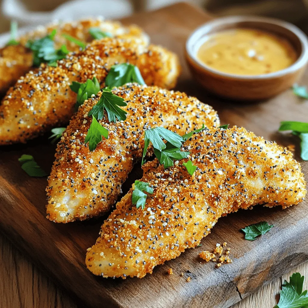 - 1 pound chicken tenders - 1 cup buttermilk - 1 large egg, beaten - 3 tablespoons everything bagel seasoning - 1 cup panko breadcrumbs - 1 cup all-purpose flour - 1 teaspoon garlic powder - 1 teaspoon onion powder - 1 teaspoon smoked paprika - Salt and pepper to taste The main ingredients set the base for your tasty chicken tenders. Chicken tenders are juicy and easy to cook. Buttermilk adds moisture and flavor, while the beaten egg helps the coating stick. For seasoning and coating, everything bagel seasoning brings a unique twist. I love using panko breadcrumbs. They make the tenders crispy. All-purpose flour creates a perfect base for the coatings. The additional seasonings enhance the taste. Garlic powder adds depth. Onion powder gives a mild sweetness. Smoked paprika adds a hint of smokiness. Remember to season with salt and pepper to balance the flavors. With these ingredients, you will make mouthwatering everything bagel air fryer chicken tenders. Each bite will burst with flavor. 1. Start by mixing buttermilk with seasonings. Use garlic powder, onion powder, smoked paprika, salt, and pepper. 2. Whisk until the mixture is smooth. This step adds flavor to the chicken tenders. 3. Place the chicken tenders in the buttermilk mix. Make sure they are well-coated. 4. Cover the bowl and refrigerate for at least 30 minutes. You can marinate longer for a deeper taste. 1. Set up three bowls for dredging. 2. In the first bowl, add all-purpose flour. This helps the egg stick. 3. In the second bowl, beat one large egg. This adds moisture to the coating. 4. In the third bowl, mix panko breadcrumbs with everything bagel seasoning. This gives the chicken its signature flavor. 1. Preheat your air fryer to 400°F (200°C) for about 5 minutes. This ensures even cooking. 2. Remove each chicken tender from the marinade. Let the extra buttermilk drip off. 3. Dredge the tender in flour first. Then dip it in the egg, and finally coat it with the panko mix. 4. Press the coating onto the chicken so it sticks well. 5. Lightly spray the air fryer basket with cooking spray. This helps prevent sticking. 6. Place the coated chicken tenders in a single layer in the basket. Avoid overcrowding. 7. Spray the tops with cooking spray for extra crispiness. 8. Air fry the chicken tenders for about 10-12 minutes. Turn them halfway through. They are done when golden brown and reach 165°F (75°C). 9. Remove from the air fryer and let cool for a few minutes before serving. Enjoy your tasty creation! Cooking spray is key for a crispy finish. It helps the coating get golden and crunchy. Without it, the chicken can turn out soggy. Always spray the chicken tenders lightly before and after placing them in the air fryer. For the best results, set your air fryer to 400°F (200°C). This high heat cooks the tenders quickly, sealing in the moisture. Cook them for 10 to 12 minutes. Remember to flip them halfway through for even cooking. To boost flavor, marinate your chicken tenders in a buttermilk mix. Combine buttermilk, garlic powder, onion powder, smoked paprika, salt, and pepper. This adds moisture and flavor. The ideal marination time is at least 30 minutes. For a deeper taste, consider marinating overnight. Just keep them covered in the fridge. These chicken tenders pair well with many dips. Try honey mustard, ranch, or a spicy aioli. Each dip adds a new flavor layer. For sides, consider crispy fries or a fresh salad. They make a complete meal that everyone will love. {{image_2}} You can change the taste of your chicken tenders easily. Try different seasonings to make them your own. For a twist, add some lemon zest or fresh herbs like dill or parsley. If you like heat, toss in some cayenne pepper or chili flakes. These spices add a nice kick to every bite. You don't have to use an air fryer. You can bake or pan-fry these chicken tenders too. For the oven-baked version, preheat your oven to 400°F (200°C). Place the coated tenders on a baking sheet lined with parchment paper. Bake for 15-20 minutes, flipping halfway through until golden brown. For pan-frying, heat oil in a skillet over medium heat. Cook the chicken tenders for about 4-5 minutes on each side until they are crispy and cooked through. Both methods give tasty results! If you need gluten-free options, use gluten-free flour and breadcrumbs. They work just as well in this recipe. For a dairy-free version, substitute buttermilk with almond milk mixed with a splash of vinegar. This keeps the chicken tender and flavorful without dairy. To keep your chicken tenders fresh, store them in the fridge. Place them in an airtight container. I recommend using glass or plastic containers with tight lids. This keeps moisture in and prevents the chicken from drying out. You can store leftovers for up to three days. To reheat and maintain that crispy texture, use the air fryer. Set it to 375°F (190°C). Place the chicken tenders in a single layer. Heat them for about 5-7 minutes. Check them often to avoid overcooking. They should be hot and crispy again! To freeze your chicken tenders, let them cool completely first. Then, place them in a freezer-safe bag. Try to remove as much air as possible. This helps prevent freezer burn. You can freeze them for up to three months. When ready to eat, thaw them in the fridge overnight. Reheat in the air fryer as mentioned before. This way, they stay delicious and crispy! Everything bagel seasoning is a blend of spices. It often includes sesame seeds, poppy seeds, garlic, onion, and salt. This mix gives your dish a savory crunch and rich flavor. You can find it in stores or make your own. Just mix the seeds and spices together for a tasty boost. To check if chicken tenders are done, use a meat thermometer. The internal temperature must reach 165°F (75°C). You can also look for a golden brown color. If the juices run clear when cut, they are ready to eat. Both methods ensure safe and juicy chicken. Yes, you can make these chicken tenders ahead of time. Prepare and coat them, then place them in the fridge. They can sit for up to 24 hours. You can also freeze them after coating. Just thaw and air fry when ready. This saves time and adds flavor! In this post, we covered how to make delicious chicken tenders with simple steps. You learned about the main ingredients and the importance of marinating. We talked about cooking tips for crispiness and suggested variations to keep things interesting. Remember, experimenting can make your dish unique. Use different spices or cooking methods. Storing leftovers properly helps maintain flavor and texture. Overall, you can easily create tasty tenders at home that everyone will love. Enjoy your cooking and share your results!