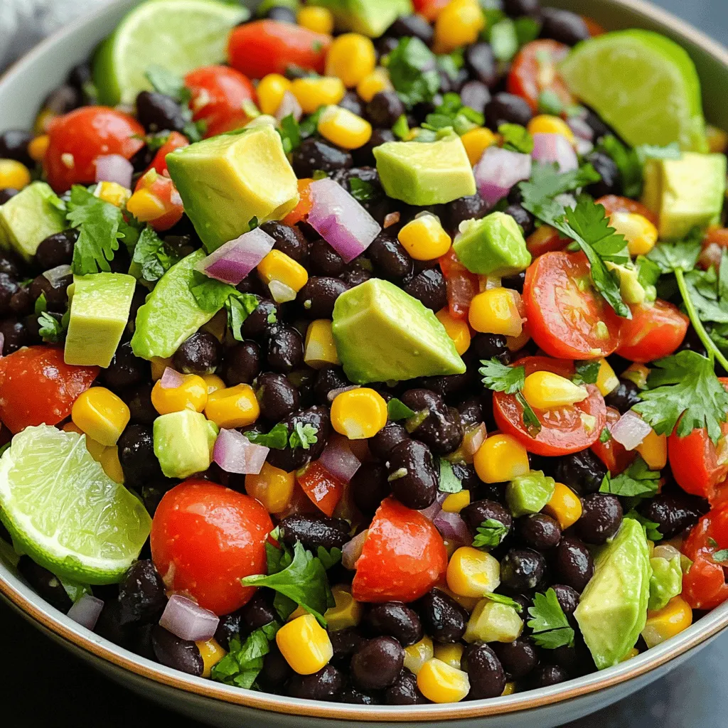 To make your Fiesta Black Bean Corn Salad, gather these fresh ingredients: - 1 can (15 oz) black beans, rinsed and drained - 1 cup sweet corn (fresh, frozen, or canned) - 1 red bell pepper, diced - 1 small red onion, finely chopped - 1 jalapeño, seeded and minced - 1 cup cherry tomatoes, halved - 1 avocado, diced - 1/4 cup fresh cilantro, chopped - Juice of 2 limes - 2 tablespoons olive oil - 1 teaspoon ground cumin - Salt and pepper to taste When measuring, be precise for the best taste. Rinse the black beans well to remove extra salt. For the corn, you can use fresh, frozen, or canned, depending on what you have. Dice the red bell pepper and onion into small pieces. This helps blend the flavors well. Mince the jalapeño if you want some heat. Halve the cherry tomatoes so they are easy to eat. Lastly, dice the avocado just before serving to keep it fresh. If you want to switch things up, here are some ideas: - Use black-eyed peas instead of black beans for a different flavor. - Swap the corn for diced zucchini in summer. - Use lime zest with juice for an extra punch. - If you don’t have fresh cilantro, try parsley or omit it. - For a creamier texture, add Greek yogurt or sour cream. These changes keep the salad fresh and fun! Start by rinsing and draining the black beans. This step removes extra sodium and enhances flavor. Use a can of black beans, which is quick and easy. Next, grab a cup of sweet corn. You can use fresh, frozen, or canned corn. Each option works well in this salad. Dice one red bell pepper and chop one small red onion finely. For some heat, seed and mince one jalapeño. Slice a cup of cherry tomatoes in half. Finally, dice one ripe avocado and chop 1/4 cup of fresh cilantro. In a large mixing bowl, combine the black beans and corn first. Then, add the diced red bell pepper, red onion, minced jalapeño, and halved cherry tomatoes. Mix these ingredients lightly. Next, fold in the diced avocado and chopped cilantro. Be gentle here to keep the avocado pieces whole. This adds a nice texture to your salad. For the dressing, you need a small bowl. In it, whisk together the juice of two limes, two tablespoons of olive oil, and one teaspoon of ground cumin. Add salt and pepper to taste. Once mixed, pour this dressing over the salad. Toss everything together gently, making sure the avocado stays intact. Taste the salad and adjust the seasoning if needed. Add more salt, pepper, or lime juice to suit your taste. Cover the bowl and place it in the fridge for at least 30 minutes. This helps all the flavors blend well. To make the best Fiesta Black Bean Corn Salad, use the freshest ingredients. Fresh corn gives a sweet crunch. If using frozen corn, thaw it first. Rinse canned black beans to remove extra salt. Choose ripe avocados for creaminess. Look for firm, bright red bell peppers. Fresh cilantro adds a burst of flavor. Presentation matters when serving your salad. Use a large bowl to showcase the bright colors. Garnish with extra cilantro and lime wedges for a pop. You can also arrange the salad on a platter for a festive look. Serve it cold for the best taste. Pair it with tortilla chips for a fun crunch. To enhance flavor, consider adding lime juice just before serving. This keeps the salad fresh and zesty. Try adding a pinch of smoked paprika for a smoky note. You can also sprinkle some feta cheese for creaminess. If you want a crunch, add some toasted nuts or seeds. Adjust salt and pepper to taste for the best flavor. {{image_2}} You can make this salad more filling by adding protein. Some great choices include: - Grilled Chicken: Dice grilled chicken and mix it in. This adds a nice smoky flavor. - Shrimp: Cooked shrimp pairs well with the fresh ingredients. Just chop it up and toss it in. - Tofu: For a vegetarian option, use cubed tofu. It absorbs flavors well and adds texture. Adding protein not only boosts flavor but also makes the salad more satisfying. This salad is naturally vegan and gluten-free, but here are some tips to keep it that way: - Check Ingredients: Always choose canned goods labeled gluten-free. Some brands use additives. - Avoid Dairy: Do not add cheese. Instead, use avocado for creaminess. - Use Fresh Veggies: Fresh ingredients keep it wholesome and tasty. These tips help ensure everyone can enjoy this refreshing dish without worries. Using seasonal ingredients can enhance your salad's taste. Here are some ideas: - Summer: Swap in ripe peaches or nectarines for a sweet twist. - Fall: Use diced butternut squash or sweet potatoes for a hearty feel. - Winter: Toss in roasted Brussels sprouts or kale for a robust flavor. These swaps keep your salad exciting and aligned with seasonal produce. To store leftover Fiesta Black Bean Corn Salad, place it in an airtight container. Make sure to seal it well to keep the flavors fresh. You can store it in the fridge for up to three days. If you have added avocado, it may brown faster. You can squeeze extra lime juice over it to slow this down. The shelf life of the main ingredients varies: - Black beans: Last about 2-3 days after opening. - Sweet corn: Fresh corn lasts 3-5 days; frozen can last many months. - Red bell pepper: Stays fresh for about a week. - Red onion: Keeps well for 1-2 weeks. - Jalapeño: Lasts up to a week in the fridge. - Cherry tomatoes: Best within 3-5 days. - Avocado: Ripe avocados last about 1-2 days. - Cilantro: Stays fresh for about a week. - Lime juice and olive oil: Both last weeks when stored properly. Reheating is not necessary for this salad. It tastes best cold. If you need to serve it warm, add the beans and corn to a pan and heat gently. Stir in the other ingredients after warming. This keeps the salad fresh and vibrant. Serve it in a large bowl and add more cilantro or lime for a bright touch. Yes, you can make this salad ahead of time. I recommend preparing it up to a day before you serve it. This allows the flavors to mix well. Just cover it and store it in the fridge. The salad stays fresh and tasty. You may want to add the avocado just before serving. This keeps it from browning. This salad pairs well with many dishes. You can serve it with grilled chicken or shrimp for protein. It also goes great with tacos or burritos. If you want a vegetarian option, serve it with rice or quinoa. The bright flavors of the salad will complement any main dish. You can also enjoy it as a light lunch on its own. To make the salad spicier, add more jalapeño. You can use fresh jalapeño or pickled ones. Another option is to add a pinch of cayenne pepper to the dressing. If you like it really hot, try adding diced serrano peppers. Taste as you go, so you achieve your desired heat level. Enjoy the kick! Fiesta Black Bean Corn Salad is a vibrant mix. We covered what ingredients you need and tips to prep them. I shared how to dress and mix your salad. You also learned best practices for fresh ingredients and ways to serve. There are fun variations to try, like adding protein or seasonal swaps. Lastly, proper storage can keep leftovers tasty. Enjoy making this salad your own. A fresh, colorful meal can bring joy to your table.