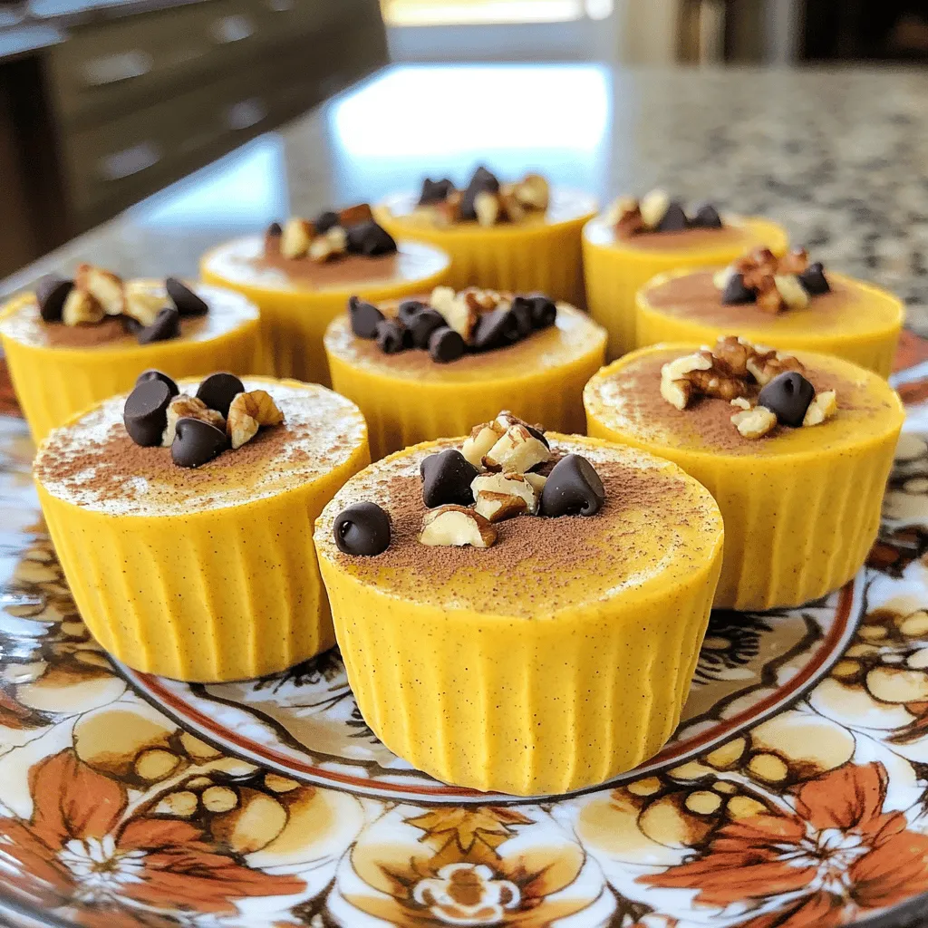 - 1 cup canned pumpkin puree - 1/2 cup natural peanut butter or almond butter - 1/4 cup honey or maple syrup These three main ingredients form the base of your protein cups. Canned pumpkin puree gives a rich, creamy texture. It also adds a great flavor, packed with vitamins. Natural peanut butter or almond butter brings healthy fat and protein. Choose one based on your taste. Honey or maple syrup adds sweetness. This balance of flavors makes the cups delicious. - 1/2 cup rolled oats - 1/2 cup vanilla protein powder - 1 teaspoon pumpkin spice blend Now, let's look at the dry ingredients. Rolled oats provide fiber and help bind the mixture. They also add a chewy texture. Vanilla protein powder boosts protein content. This makes your snack filling. The pumpkin spice blend gives that warm, cozy flavor of fall. It usually includes cinnamon, nutmeg, and ginger. - 1/4 cup dark chocolate chips - 1/4 cup chopped walnuts or pecans You can add extra fun with optional add-ins. Dark chocolate chips give a sweet bite. They add antioxidants too. Chopped walnuts or pecans add crunch and healthy fats. These add-ins make your protein cups even more exciting. You can mix and match based on what you have or like. First, grab a mixing bowl. Add 1 cup of canned pumpkin puree. Then, include 1/2 cup of natural peanut butter or almond butter. Next, pour in 1/4 cup of honey or maple syrup. Mix these ingredients well. You want everything to be smooth and uniform. Now, it’s time to add the dry ingredients. Add 1/2 cup of rolled oats to the mixture. Then, include 1/2 cup of vanilla protein powder. Sprinkle in 1 teaspoon of pumpkin spice and 1/4 teaspoon of salt. Stir the mix until a dough-like texture forms. This part is key, as it helps to hold everything together. If you want extra flavor, fold in optional add-ins. You can use 1/4 cup of dark chocolate chips or 1/4 cup of chopped walnuts or pecans. Next, line a muffin tin with paper liners or spray it with non-stick cooking spray. Using a spoon or cookie scoop, evenly distribute the mixture into the muffin cups. Press down firmly to pack them tightly. This ensures each cup holds its shape. To serve the no-bake pumpkin spice protein cups, stack them on a bright plate. Add a sprinkle of cinnamon on top for flair. For a fun twist, place a dollop of whipped coconut cream beside each cup. This makes the dish feel special and festive. To keep your protein cups fresh, store them in an airtight container. Refrigerate them, and they will stay good for about a week. If you want to keep them longer, freeze them. Just wrap each cup in plastic wrap first. This helps maintain their taste and texture. If you don’t have peanut butter, try almond butter or cashew butter for a different flavor. You can also use sunflower seed butter if you need a nut-free option. For sweeteners, honey works great, but maple syrup is a nice choice too. Adjust the amount to match your taste preferences. {{image_2}} Each protein cup has about 6 grams of protein. This comes mainly from the vanilla protein powder and the nut butter. The protein helps to build and repair muscles, making these cups a great snack after a workout. Each protein cup holds around 150 calories. This means you can enjoy them without worrying too much about your calorie intake. The mix of ingredients gives you energy and keeps you full. These ingredients pack a nutritional punch: - Canned pumpkin puree: Rich in vitamins A and C, it supports your immune system. - Nut butter: Provides healthy fats and protein, which help keep you satisfied. - Rolled oats: Full of fiber, they aid digestion and keep your energy steady. - Pumpkin spice: This blend has antioxidants and can help with inflammation. Enjoy these tasty protein cups knowing they are good for you! You can change the taste of these protein cups easily. Try adding different spice blends. Instead of pumpkin spice, use: - Apple pie spice for a sweet twist. - Gingerbread spice for a holiday cheer. - Espresso powder for a coffee kick. Mixing in these spices can make your snack fun and unique. Each blend gives it a new taste. You can switch out the nut butter for a new flavor. Cashew butter is smooth and creamy. It adds a mild taste that pairs well with pumpkin. Sunflower seed butter is a great choice too. It has a nutty flavor and is perfect for nut-free diets. Just replace the peanut or almond butter with one of these options. To make these cups fully vegan, substitute honey with maple syrup. This keeps the sweetness while ensuring it is plant-based. Use a vegan protein powder too. This way, you can enjoy these tasty treats without animal products. These changes make the recipe friendly for everyone. Yes, you can make these protein cups gluten-free. To do this, simply use certified gluten-free oats. Regular oats can be cross-contaminated with gluten during processing. Always check labels when buying oats. This small change helps ensure everyone can enjoy these tasty treats. These protein cups last about one week in the fridge. Keep them in an airtight container. This helps to keep them fresh and tasty. If you notice any changes in smell or texture, it’s best to discard them. Yes, you can freeze the protein cups. To freeze, wrap each cup in plastic wrap. Then place them in a freezer-safe bag or container. They can last up to three months in the freezer. When ready to eat, let them thaw in the fridge overnight. Enjoy your pumpkin spice treat whenever you want! This blog post covered how to make protein cups using simple ingredients. We discussed the main and dry ingredients, plus optional add-ins for extra taste. The step-by-step guide helps anyone mix and assemble these healthy snacks. Remember to consider storage and presentation tips for the best enjoyment. With variations and FAQs, you have all you need for success. Enjoy making these tasty treats!