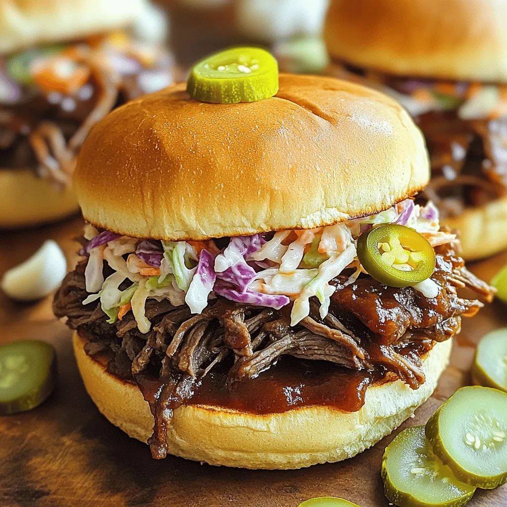 To make the best Slow Cooker BBQ Beef Sandwiches, you need simple, quality ingredients. Here is what you'll need: - 2 pounds beef chuck roast - 1 cup beef broth - 1 cup BBQ sauce (your favorite brand or homemade) - 1 onion, sliced - 4 cloves garlic, minced Each of these items plays a key role. The beef chuck roast provides rich flavor and tenderness. The beef broth adds moisture, while the BBQ sauce infuses sweetness and tang. Onions and garlic give depth to the dish. Next, let’s talk about seasoning and some fun toppings to enhance your meal. - 1 tablespoon brown sugar - 1 teaspoon smoked paprika - 1 teaspoon black pepper - 1 teaspoon salt - Optional toppings: coleslaw, pickles, sliced jalapeños The brown sugar balances the tang of the BBQ sauce. Smoked paprika adds a nice, smoky flavor. Black pepper and salt season the beef perfectly. For extra flair, you can add coleslaw for crunch, pickles for tang, or spicy jalapeños for heat. These toppings make each bite exciting! - Start by seasoning the beef chuck roast. Use salt, black pepper, and smoked paprika. Make sure to coat all sides well. This step gives the beef great flavor. - Next, arrange the sliced onions in the bottom of the slow cooker. They will add sweetness to the beef as it cooks. - In a bowl, mix the beef broth, BBQ sauce, minced garlic, and brown sugar. Stir until everything blends well. This sauce will soak into the meat and keep it juicy. - Pour the BBQ sauce mixture over the beef in the slow cooker. Ensure the beef is well covered. This keeps the meat moist as it cooks. - Cover the slow cooker and set it to low heat. Cook for 8 hours. The beef should be tender and shred easily with forks when done. - After cooking, take the beef out and shred it using two forks. This makes it easier to serve. Return the shredded beef to the slow cooker and mix it with the remaining sauce. - If you like, toast the sandwich buns lightly. This adds a nice crunch to your sandwich. - Assemble each BBQ beef sandwich. Load the toasted bun with a generous amount of shredded beef. - You can add optional toppings like coleslaw, pickles, or sliced jalapeños. These add extra flavor and texture to your meal. Low and slow cooking is key for tender beef. When you cook at a low temperature, the beef breaks down nicely. It becomes soft and easy to shred. Aim for cooking on low heat for about eight hours. This method allows the flavors to blend well. To shred beef easily, start by removing it from the slow cooker. Use two forks to pull the meat apart. The beef should fall apart without much effort. Mix the shredded beef back into the sauce for added flavor. Homemade BBQ sauce can take your sandwiches to the next level. Try mixing ketchup, brown sugar, vinegar, and spices for a quick version. You can also add a pinch of cayenne pepper for heat. Adjust the spices to suit your taste. For a unique twist, experiment with different sauces. A chipotle sauce adds a nice smoky flavor, while a honey BBQ sauce offers a sweet touch. The right sauce can elevate your meal. Prepping in advance saves time on busy days. You can season the beef and chop the onions a day before. Store them in the fridge until you're ready to cook. This way, it’s quick to set up in the morning. Leftovers are great for later meals. Store them in airtight containers in the fridge for up to three days. You can also freeze the BBQ beef. Just let it cool before placing it in freezer bags. When you're ready, thaw it in the fridge overnight and reheat it for a quick meal. {{image_2}} You can switch up the meat in this recipe. Instead of beef chuck roast, try pork shoulder. It cooks well in the slow cooker and takes on flavors nicely. Chicken thighs are also a great choice. They stay moist and tender during cooking. For a vegetarian or vegan option, use jackfruit. It shreds like meat and absorbs flavors well. You can also use tempeh or tofu. Just marinate them in BBQ sauce before cooking for the best taste. Don't be afraid to get creative with your BBQ sauce. You can use sweet, spicy, or smoky sauces to change the flavor. Try a honey BBQ sauce for a sweeter taste. For heat, use a sauce with chipotle or cayenne. Adding spices can also enhance the dish. Consider smoked paprika for depth. A bit of cayenne or chili powder can add a nice kick. You could even add some liquid smoke for a true barbecue flavor. Serving BBQ beef in different ways can make it fun. Try it as sliders for a party. Just use smaller buns and load them up with beef and toppings. You can also use the BBQ beef in other dishes. Make tacos by using corn tortillas. Top them with fresh veggies or avocado. Or, serve it over rice for a hearty bowl meal. The options are endless, and each one is delicious! After enjoying your BBQ beef sandwiches, you can store any extras. Place the leftover beef in an airtight container. It will stay fresh in the fridge for about 3 to 4 days. Make sure it cools down before sealing. This keeps the moisture in and prevents bacteria growth. To reheat your BBQ beef, use the stove or microwave. If you use the stove, warm it in a pan over low heat. Stir often for even heating. If using the microwave, place the beef in a bowl. Cover it with a damp paper towel to keep it moist. Heat for 1 to 2 minutes, checking often. The beef should be hot but not dry. Freezing BBQ beef is easy for future meals. Let the beef cool completely and then place it in freezer-safe bags. Remove as much air as possible before sealing. It can last up to 3 months in the freezer. When ready to eat, thaw it in the fridge overnight. Reheat gently on the stove or in the microwave for the best texture. Yes, you can use frozen beef. Just make sure to thaw it safely first. Place the frozen beef in the fridge for 24 hours. If you're short on time, you can use the microwave. Set it to the defrost setting. After thawing, you can season and cook it as usual. It will still turn out tender and juicy! You can tell the beef is done when it is tender. Use two forks to shred the meat easily. If it falls apart without effort, it is ready. You can also check the internal temperature. It should reach at least 190°F. This ensures the collagen breaks down, making the beef soft and flavorful. There are many tasty sides to pair with BBQ beef sandwiches. Here are some ideas: - Coleslaw: This adds crunch and freshness. - Potato chips: A classic side that is easy to prepare. - Baked beans: Their sweetness complements the BBQ flavor well. - Corn on the cob: A great summer side that is fun to eat. - Pickles: Their tanginess balances the richness of the beef. These sides will make your meal even better! Enjoy mixing and matching to find your favorite combinations. Slow cooker BBQ beef sandwiches are easy and tasty. We covered key ingredients like beef, broth, and BBQ sauce. Next, I shared simple steps for prep and cooking. I also gave tips for storing leftovers and reheating them. In the end, enjoy customizing these sandwiches with different meats or flavors. Take a chance with spices or sides to make your meal special. Sharing this recipe means you can delight family and friends anytime. Enjoy your cooking adventure!