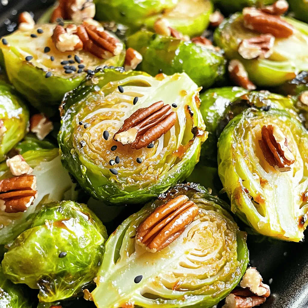For this tasty dish, you will need: - 1 lb Brussels sprouts, trimmed and halved - 2 tablespoons miso paste (white or yellow) - 3 tablespoons pure maple syrup - 2 tablespoons olive oil - 1 tablespoon soy sauce (or tamari for gluten-free) - 1 cup pecans, roughly chopped - 1 teaspoon garlic powder - Salt and pepper to taste You can add a few extra touches: - 1 teaspoon black sesame seeds (for garnish) If you want to mix it up, try these: - Use coconut aminos instead of soy sauce for a soy-free option. - Swap pecans with walnuts or almonds for a different crunch. - Maple syrup can be replaced with agave nectar for a vegan option. First, gather your ingredients. You need: - 1 lb Brussels sprouts, trimmed and halved - 2 tablespoons miso paste - 3 tablespoons pure maple syrup - 2 tablespoons olive oil - 1 tablespoon soy sauce - 1 cup pecans, roughly chopped - 1 teaspoon garlic powder - Salt and pepper to taste Next, preheat your oven to 400°F (200°C). This step is crucial for even cooking. In a large bowl, whisk together the miso paste, maple syrup, olive oil, soy sauce, garlic powder, salt, and pepper. Make sure it’s smooth and well mixed. Now, add the halved Brussels sprouts to the bowl. Toss them well in the miso mixture. You want every sprout to be coated evenly. This will give them a nice flavor. Spread the Brussels sprouts on a lined baking sheet. Make sure they are in a single layer. This helps them roast evenly. Now sprinkle the chopped pecans on top. They will add a great crunch. Put the baking sheet in the oven. Roast for 20 to 25 minutes. Stir halfway through to ensure they cook well. You want them to be tender and golden brown. When they are done, take them out and let them cool for a few minutes. These Miso Maple Brussels Sprouts are perfect for any meal. They make a great side dish for roasted meats or a hearty grain bowl. If you like, sprinkle some black sesame seeds on top. They add a pop of flavor and color. Serve them warm and enjoy the tasty goodness! To get the best roasted Brussels sprouts, follow these tips. First, make sure the oven is at 400°F (200°C). This heat helps the sprouts become tender and golden. Spread the Brussels sprouts in a single layer on the baking sheet. This gives them space to cook evenly. To add extra crunch, mix in the pecans halfway through roasting. One common mistake is overcrowding the baking sheet. If you pile the sprouts too close, they will steam instead of roast. Another mistake is not checking on them. Stir the sprouts halfway through cooking to avoid burning. Lastly, don’t skip the salt and pepper. They bring out the sweet and salty flavors in this dish. You can boost the flavor of your Miso Maple Brussels Sprouts in many ways. Try adding a squeeze of lemon juice before serving for a bright taste. For a spicy kick, add a pinch of red pepper flakes to the miso mix. If you love herbs, fresh thyme or rosemary can add a nice touch. Each of these options will make your dish even more special. {{image_2}} You can make this dish vegan by using tamari instead of soy sauce. Tamari is gluten-free, so it works for those with gluten issues. Both white and yellow miso pastes are vegan-friendly. Add-ins can elevate the flavor. Try adding chopped apples or cranberries for sweetness. You can also mix in some cooked quinoa for texture and extra nutrition. In fall, swap Brussels sprouts for roasted butternut squash. In spring, try asparagus. These swaps keep the dish fresh and exciting throughout the year. After enjoying your Miso Maple Brussels Sprouts, let them cool. Place leftovers in an airtight container. Store them in the fridge for up to four days. This keeps them fresh and tasty. To reheat, use the oven for best results. Preheat your oven to 350°F (175°C). Spread the sprouts on a baking sheet. Heat for about 10-15 minutes. This helps revive their flavor and crispness. You can also use a microwave if you’re in a hurry. Heat them in 30-second bursts, stirring in between, until warm. If you want to save some for later, freezing works well. Cool the Brussels sprouts completely first. Then, spread them on a baking sheet in a single layer. Freeze for about an hour. After that, transfer them to a freezer bag. Remove as much air as possible. They can last up to three months in the freezer. When ready to eat, thaw in the fridge overnight and reheat as mentioned. Yes, you can use different nuts. Almonds or walnuts work well too. They will add a nice crunch. You can even try sunflower seeds for a nut-free option. Just chop them roughly and sprinkle them on top like the pecans. These Brussels sprouts go great with many dishes. You can serve them with roasted chicken or grilled fish. They also pair well with rice or quinoa for a veggie meal. If you like, add a salad for extra freshness. For crispier Brussels sprouts, roast them for 25-30 minutes. Be sure to stir them halfway through. This helps them brown nicely and get that crunchy texture. If you want more crunch, leave them in longer but watch closely. In this blog post, I covered the key elements for making delicious Miso Maple Brussels Sprouts. We explored essential ingredients, cooking steps, and serving ideas. I offered tips to enhance your dish and shared how to store any leftovers. You can even adapt the recipe based on your diet or preferences. Remember, experimenting leads to great flavors. Enjoy the process and have fun with your cooking!