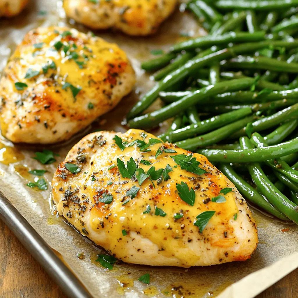 - 4 boneless, skinless chicken breasts - 1 pound green beans, trimmed - 1/2 cup unsalted butter, melted - 5 cloves garlic, minced - 2 teaspoons dried Italian herbs (oregano, basil, thyme) - 1 teaspoon paprika - 1 teaspoon salt - 1/2 teaspoon black pepper - Juice of 1 lemon - Fresh parsley, chopped (for garnish) I love this recipe because it combines simple ingredients for a big taste. The chicken breasts provide lean protein, while green beans add a nice crunch. The melted butter brings a rich flavor to the dish. Garlic is the star here. It adds warmth and depth, making every bite delicious. Dried Italian herbs bring a classic touch. You can use fresh herbs if you have them. Paprika adds a hint of smokiness, and lemon juice brightens the whole dish. The salt and pepper are key to enhancing all the flavors. They help the dish taste balanced and complete. Finally, the fresh parsley adds a pop of color and freshness. It’s perfect for that finishing touch. Gather these ingredients, and you’re ready to create a tasty meal everyone will love. - Preheat your oven to 400°F (200°C). This helps cook the chicken well. - Line a large baking sheet with parchment paper. It makes cleanup easy. - In a mixing bowl, combine 1/2 cup melted butter, 5 minced garlic cloves, 2 teaspoons of dried Italian herbs, 1 teaspoon paprika, 1 teaspoon salt, 1/2 teaspoon black pepper, and the juice of 1 lemon. Mix it well until combined. - Place the 4 chicken breasts on one side of the prepared baking sheet. - Pour half of the garlic butter mixture over the chicken. Make sure to coat it evenly. - On the other side of the baking sheet, add 1 pound of trimmed green beans. - Drizzle the remaining garlic butter mixture over the green beans. Toss them gently to coat. - Spread both the chicken and green beans out evenly on the baking sheet. This helps them cook evenly. - Bake in the preheated oven for about 25-30 minutes. The chicken must reach an internal temperature of 165°F (75°C) and the green beans should be tender. - After cooking, remove the sheet pan from the oven and let it rest for 5 minutes. To ensure even cooking for both chicken and green beans, space them out on the sheet pan. If they touch, they may steam instead of roast. This can make the chicken less crispy and the beans soggy. Use a large baking sheet to give them room. Using fresh ingredients is key. Fresh green beans taste better and add more color. Fresh garlic gives a stronger flavor than jarred. Always choose ripe lemons for the best juice. Fresh parsley brightens up the dish and makes it look great. Pair this dish with rice or quinoa for a complete meal. A simple salad can also add freshness. For a fun twist, serve with crusty bread to soak up the garlic butter. Presentation matters! Use a large platter to serve the chicken and green beans. Drizzle extra garlic butter over the top for a shiny finish. Sprinkle fresh parsley over the dish for a pop of color. This not only looks good but makes the meal more appetizing. {{image_2}} You can make this dish even more fun by swapping ingredients. - Alternative vegetables to include: Try using asparagus, bell peppers, or zucchini. These veggies add great flavor and color. - Different seasonings for variation: Experiment with spices like cumin, chili powder, or even curry powder. These will change the taste and make it unique. You can also adjust this recipe to fit your diet. - Making it low-carb or keto-friendly: Replace the green beans with broccoli or cauliflower. Both are low in carbs and taste great when roasted. - Gluten-free adjustments: This dish is already gluten-free if you stick to fresh ingredients. Just ensure your seasonings are gluten-free. To store leftover chicken and green beans, first let them cool. This step stops extra moisture. Place the chicken and green beans in airtight containers. If you want, you can separate them to keep flavors distinct. Store them in the fridge for up to three days. Recommended containers include glass or BPA-free plastic. These materials keep food fresh. Make sure to label them with the date. This way, you know when to eat them. For the best reheating, use the oven. Preheat it to 350°F (175°C). Place the chicken and green beans on a baking sheet. Cover them with foil to keep moisture in. Heat for about 15-20 minutes, or until warm. If you choose the microwave, use a microwave-safe dish. Cover it with a lid or a damp paper towel. Heat for 1-2 minutes, checking halfway through. This keeps the chicken juicy and the beans crisp. To maintain flavor and texture, avoid reheating too long. Overheating can dry out the chicken and ruin the beans. Enjoy your leftovers like they are fresh from the oven! How long does it take to cook chicken on a sheet pan? Cooking chicken on a sheet pan takes about 25 to 30 minutes at 400°F (200°C). Check that the chicken reaches an internal temperature of 165°F (75°C) for safety. Can I use frozen green beans in this recipe? Yes, you can use frozen green beans. Just add a few extra minutes to the cooking time to ensure they cook through. What can I use instead of butter? If you need a substitute for butter, use olive oil or coconut oil. Both will add flavor and moisture to the dish. Is there a substitute for garlic? You can use garlic powder if you don’t have fresh garlic. Use about 1 teaspoon for each clove of fresh garlic. How to adjust the recipe for more or fewer servings? To adjust servings, simply increase or decrease the number of chicken breasts and green beans. Keep the ratio of garlic butter and seasonings the same. Tips for cooking times based on portion size For more chicken or green beans, check for doneness with a meat thermometer. The cooking time may increase by a few minutes when cooking larger portions. This recipe for sheet pan chicken and green beans is simple and tasty. It combines fresh ingredients with easy instructions. You get a flavorful meal in little time. Keep in mind the cooking tips for perfect results. You can even modify the dish to fit your diet. Store leftovers properly, and enjoy them later. With variations and serving ideas, this dish has something for everyone. Try this recipe to impress your family or friends at dinner. Enjoy the fresh flavors you create!