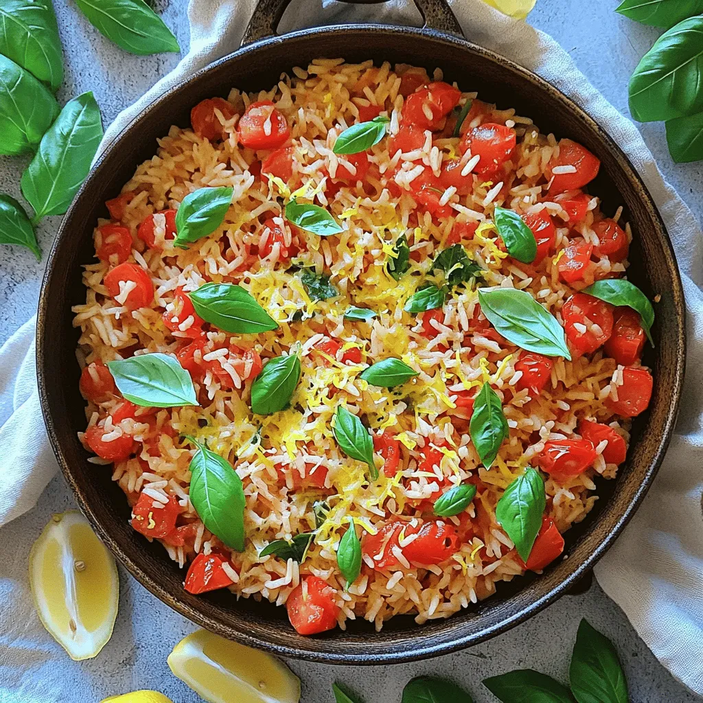 - 1 cup long-grain rice - 2 cups vegetable broth - 1 can (14 oz) diced tomatoes - 1 tablespoon olive oil - 1 small onion, finely chopped - 2 cloves garlic, minced - 1 teaspoon dried oregano - Salt and pepper to taste - ½ cup fresh basil leaves, chopped - ½ cup grated Parmesan cheese (optional) - Zest of 1 lemon In this Tomato Basil Rice Skillet, the ingredients come together to create a vibrant dish. The rice serves as the main base, soaking up all the flavors. I use long-grain rice for a fluffy texture. Vegetable broth brings depth and richness. Diced tomatoes add a sweet-tart burst. Olive oil gives a nice sheen and flavor. I love adding aromatics like onion and garlic. They form a strong foundation for the dish. The oregano adds an earthy note that pairs well with the tomatoes. You can adjust salt and pepper to your taste. Fresh basil is the star here. Its bright, herbal flavor lifts the entire dish. I also recommend adding lemon zest. It brings a refreshing zing. If you want a creamy touch, sprinkle in Parmesan cheese. With these ingredients, you’re set to make a delicious and easy meal. Each component plays a role, creating a satisfying dish. - Sauté onions and garlic Heat olive oil in a large skillet over medium heat. Add the finely chopped onion. Cook for 3-4 minutes until the onion is soft and clear. Next, add the minced garlic. Cook for one more minute. The smell will be amazing! - Toast the rice Add the uncooked long-grain rice to the skillet. Stir it well to coat with the oil and onion mix. Toast the rice for about 2 minutes, stirring frequently. This step adds a nice nutty flavor. - Add liquids and season Pour in the vegetable broth and add the can of diced tomatoes, including the juices. Season with salt and pepper to taste. Mix everything well to combine. - Cover and reduce heat Bring the mixture to a boil. Once it bubbles, reduce the heat to low. Cover the skillet with a lid. This helps the rice cook evenly and absorb all the flavors. - Cooking time and tips Let it simmer for 15-20 minutes. Check the rice around the 15-minute mark. If it’s tender and the liquid is gone, it’s done! If not, cover and let it cook a bit longer. - Stir in basil and cheese Once the rice is fully cooked, remove the skillet from heat. Stir in the chopped fresh basil and lemon zest. If you like cheese, add the grated Parmesan now. This adds richness and flavor. - Fluffing the rice Use a fork to gently fluff the rice. This helps mix all the ingredients and keeps the rice light and fluffy. Enjoy your flavorful meal! To get the best rice, start with the cooking time. Reduce it slightly if you want firmer rice. If you like softer rice, let it cook for a few extra minutes. Always check for doneness by tasting a grain. It should be tender but not mushy. You can add more herbs to boost flavor. Fresh thyme or parsley work great. Try adding a pinch of red pepper flakes for a kick. Also, don’t forget to adjust the salt and pepper. Taste as you go for the best results. Serve the rice right in the skillet for a cozy feel. Top it with extra fresh basil for color. A sprinkle of Parmesan cheese adds richness. Add lemon wedges on the side for a bright touch. This makes the dish pop and look inviting. {{image_2}} You can easily add protein to your Tomato Basil Rice Skillet. Chicken or shrimp work well. - For Chicken: Cut chicken breast into small pieces. Sauté it first until golden, then add the onions and garlic. This gives a nice flavor. - For Shrimp: Toss in peeled shrimp after the rice is toasty. Cook until they are pink and cooked through. If you prefer plant-based options, try chickpeas or tofu. Both add protein and texture. Just sauté them with the onions for better flavor. This dish is flexible with vegetables. You can include bell peppers, zucchini, or spinach. Each adds color and taste. - Seasonal Veggies: Use what’s fresh. Asparagus in spring or squash in fall can be tasty. - Frozen Options: Frozen peas or corn are easy to add. Just stir them in during the last few minutes of cooking. Adding veggies boosts nutrition and makes the meal more colorful. You can make this dish fit your diet easily. For a gluten-free option, use gluten-free rice. It cooks the same way. If you want it vegan, skip the Parmesan cheese. You can add nutritional yeast for a cheesy flavor. This keeps it plant-based while still tasting great. To store your Tomato Basil Rice Skillet, let it cool first. Place it in an airtight container. This helps keep the flavors fresh. You can store it in the fridge for up to 4 days. Make sure the lid is tight to avoid any spills or smells. When it’s time to eat leftovers, use a microwave or a skillet. If using the microwave, heat it in short bursts. Stir in between to warm it evenly. If you use a skillet, add a splash of broth or water. This helps keep the rice moist. Heat it on low to avoid burning. You can freeze portions of the rice skillet too! Divide it into small containers. Make sure to leave some space at the top for expansion. It can stay in the freezer for up to 3 months. When you’re ready to eat, thaw it in the fridge overnight. Then reheat using the same methods mentioned above. Enjoy the same great taste even later! You can use water instead. The dish will still taste good. Chicken broth works too if you eat meat. For more flavor, add herbs or a splash of soy sauce. This can give your rice a nice depth. Yes, you can! Cook the dish and let it cool. Store it in an airtight container in the fridge. It will last for about 3-4 days. When you’re ready to eat, just reheat it on the stove. Add a splash of water to keep it moist. To add heat, try red pepper flakes. Start with a pinch, then taste. You can also add diced jalapeños while cooking. This will bring a fresh heat without hiding the other flavors. Enjoy your spicy twist! This blog covered everything you need for a delicious rice dish. We explored essential ingredients, step-by-step instructions, and helpful tips to perfect your meal. I shared ways to enhance flavor and ideas for variations to fit your needs. Don't forget to store leftovers properly and reheat them like a pro. With these insights, you can enjoy a tasty, customized dish anytime. Get creative, try new ingredients, and have fun in your kitchen!