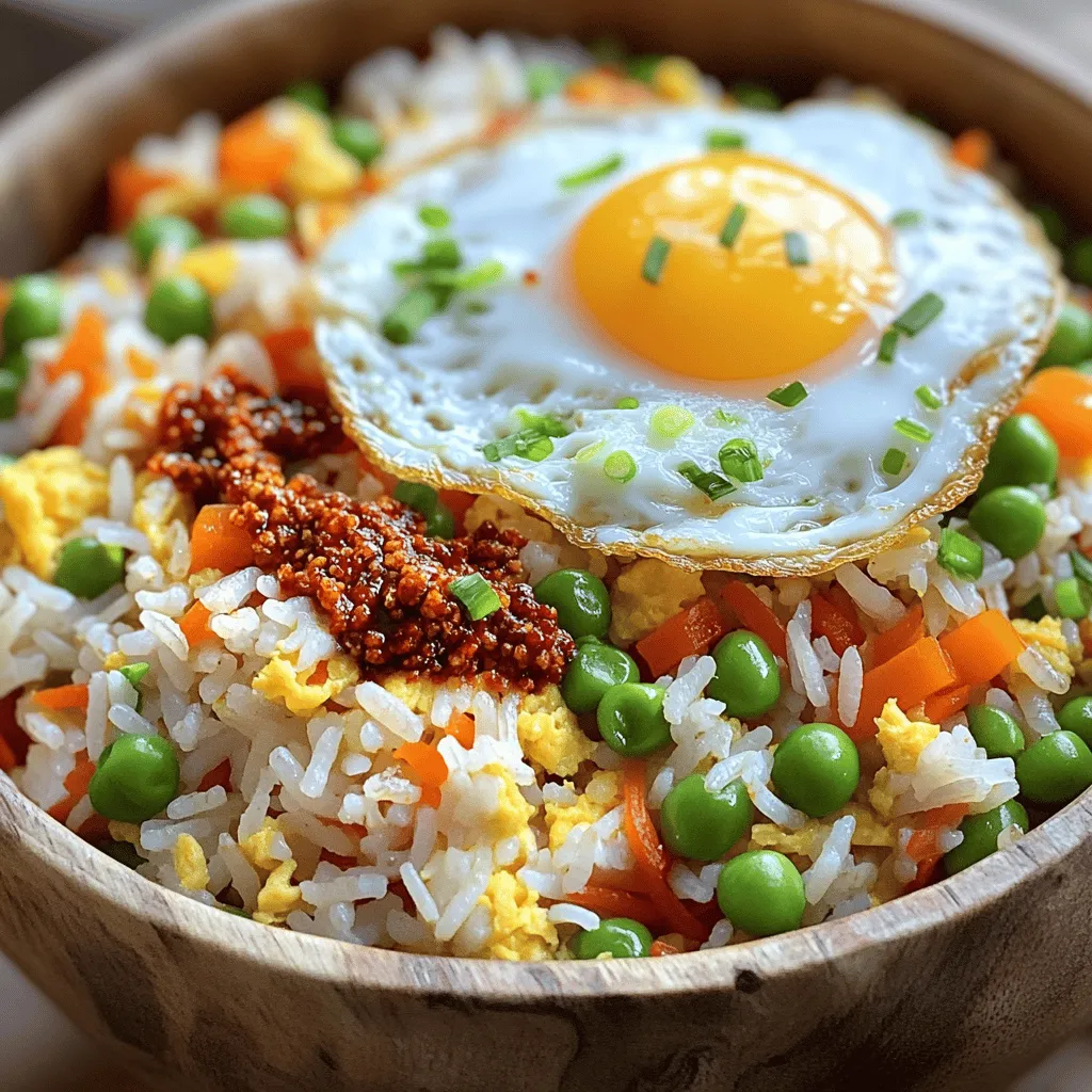 For a quick and tasty meal, gather these main ingredients: - 2 cups cold leftover cooked rice - 2 tablespoons chili crisp (store-bought or homemade) - 4 cloves garlic, minced - 1 small onion, finely chopped - 1 cup mixed vegetables (peas, carrots, bell peppers) - 2 green onions, chopped - 1 tablespoon soy sauce - 1 tablespoon sesame oil - Salt and pepper to taste - Optional: fried eggs for topping Using cold rice is key. It helps the dish stay fluffy and not sticky. You can use any mixed vegetables you like. Frozen ones work great too! The chili crisp adds a spicy kick. You can make your own if you want. Just blend oil, garlic, and chilies. - Heat the sesame oil in a skillet. - Sauté garlic and onions. Start by placing a large skillet on medium-high heat. Pour in the sesame oil. Let it warm up for a minute. Next, add the minced garlic and chopped onion. Stir them around for about 1-2 minutes. You want the garlic to smell nice and the onions to turn soft and clear. - Add mixed vegetables and cook. - Incorporate the cold rice. - Season with soy sauce and chili crisp. Now, toss in your mixed vegetables. This can be peas, carrots, or bell peppers. Cook them for about 2-3 minutes. They should get a bit tender but still crisp. After that, add in the cold leftover rice. Use a spatula to break up any clumps. Mix it all well with the veggies and garlic. Next, pour in the soy sauce and chili crisp. Stir everything together for another 2-3 minutes. This is where the flavors come alive! Taste it and sprinkle in some salt and pepper as needed. - Stir in green onions. - Serve hot with optional fried egg. Finally, after everything is heated through, stir in the chopped green onions. This adds a nice freshness. Cook for just one more minute. Now, it’s ready to serve! Dish the fried rice into bowls. If you want to make it even better, top it with a fried egg. Enjoy your meal! To make great fried rice, use cold, leftover rice. Fresh rice can be too sticky. Cold rice helps keep each grain separate. You can also adjust the amount of chili crisp. If you like it spicy, add more. If you prefer mild, use less. High heat is key when stir-frying. It cooks the rice fast and keeps it from getting soggy. Use a large skillet or wok. This gives the rice space to fry evenly. To prevent clumping, break up the rice as you add it. Use a spatula to mix well. Garnishing your dish makes it more inviting. Add a drizzle of chili crisp on top. This adds flavor and a burst of color. Chopped green onions also make a great garnish. For a complete meal, serve it with a fried egg on top. This adds richness and makes it look fancy. {{image_2}} You can easily change the vegetables in this dish. Try using broccoli or zucchini for a fresh twist. If you want protein, swap in chicken or tofu. Just cook them first before adding to the rice. These swaps keep the recipe fun and exciting. Want more heat? Add a pinch of red pepper flakes or extra chili crisp. If you crave different flavors, try using teriyaki or oyster sauce instead of soy sauce. This will change the taste and keep your taste buds guessing. For a vegan option, skip the fried egg topping. Use tofu or chickpeas for protein instead. If you need it gluten-free, choose a gluten-free soy sauce. These adaptations make this dish fit for everyone, no matter their diet. To keep your Chili Crisp Garlic Fried Rice fresh, place it in an airtight container. This keeps out air and moisture. Make sure to cool the rice to room temperature before sealing it. You can store it in the fridge for up to four days. If you want to keep it longer, consider freezing it. It can last in the freezer for up to three months. When it’s time to enjoy leftovers, you have a few options for reheating. The best method is to use a skillet. Heat the skillet over medium heat, then add the rice. Stir it often to prevent burning. You can also use the microwave. Place the rice in a microwave-safe bowl and cover it with a damp paper towel. Heat in short bursts, stirring in between. This keeps the rice moist and fluffy. Add a splash of water if it seems dry. You can use fresh rice, but it affects the dish. Fresh rice contains more moisture. It can lead to clumping when you fry it. Leftover rice has dried out a bit, making it perfect for stir-frying. If using fresh rice, cool it on a tray for a bit. This helps reduce moisture. Chili crisp is a spicy oil with crunchy bits. It adds flavor and texture to dishes. You can find it at Asian markets or online. Popular brands include Lao Gan Ma and Fly by Jing. Each brand has its own unique flavor. Choose one that matches your taste! Yes, you can make chili crisp at home! It’s easy and fun. Here’s how: 1. Ingredients: - 1 cup oil (like vegetable or canola) - 1/2 cup dried chili flakes - 1/4 cup minced garlic - 1/4 cup minced onion - Salt to taste 2. Instructions: - Heat the oil in a pan over low heat. - Add the garlic and onion. Cook until golden. - Stir in the chili flakes and salt. - Cook for about 5-10 minutes. - Let it cool and store in a jar. This homemade version gives you full control over the spice level! In this article, we explored how to make a tasty fried rice dish. We covered the key ingredients, preparation steps, and cooking techniques. I shared tips for perfecting your fried rice and offered easy variations. Storage info and FAQs help you manage leftovers and ingredients. Fried rice is simple, quick, and fun to make. With a few easy swaps, you can customize it to your taste. Enjoy this dish any time as a meal or a side!