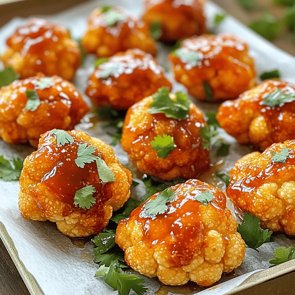 - 1 medium head of cauliflower, cut into bite-sized florets - 1 cup all-purpose flour - 1 cup plant-based milk (or any milk of choice) - 1 cup breadcrumbs (panko for extra crunch) - 1 tablespoon cornstarch - 1 teaspoon garlic powder - 1 teaspoon onion powder - 1 teaspoon smoked paprika - Salt and pepper to taste I love using fresh cauliflower florets. They give each bite a nice crunch. The flour creates a perfect coating when mixed with cornstarch and spices. Using plant-based milk makes this dish creamy. Panko breadcrumbs add a delightful crunch, making the wings extra special. - 4 tablespoons honey - 4 tablespoons sriracha sauce This sauce is the star of the dish. The honey adds sweetness, while sriracha brings heat. Together, they create a perfect balance. You can adjust the heat by adding more or less sriracha. This sauce will coat the wings beautifully and make them shine. - Fresh cilantro or scallions - Dipping sauces (ranch or blue cheese) Garnishes add a pop of color. Fresh cilantro or scallions brighten the dish. Dipping sauces like ranch or blue cheese offer a cool contrast. These simple touches make your Air Fryer Honey Sriracha Cauliflower Wings even more appealing and fun to eat. First, gather your dry ingredients. In a large bowl, whisk together: - 1 cup all-purpose flour - 1 tablespoon cornstarch - 1 teaspoon garlic powder - 1 teaspoon onion powder - 1 teaspoon smoked paprika - Salt and pepper to taste This mix gives flavor and helps the wings crisp up. Next, add your milk. Gradually pour in: - 1 cup plant-based milk (or any milk of choice) Stir until you get a smooth batter. It should be thick but pourable. Now, take your cauliflower florets. Dip each floret into the batter. Make sure to let excess batter drip off. Once dipped, roll the florets in: - 1 cup breadcrumbs (panko for more crunch) This step gives the wings a nice, crispy coating. Ensure they are fully covered. Before cooking, preheat your air fryer to 380°F (190°C). This helps them cook evenly and get crispy. Place the coated florets in the air fryer basket. Lay them in a single layer. Avoid overcrowding, as this can lead to soggy wings. Lightly spray them with olive oil. Cook the wings for 12-15 minutes. Halfway through, shake the basket to ensure even cooking. They should be golden brown and crispy when done. While they cook, mix your honey and sriracha sauce in a small bowl. Use: - 4 tablespoons honey - 4 tablespoons sriracha sauce Once your wings are ready, toss them in the honey sriracha sauce. Make sure they are well coated. Return the sauced wings to the air fryer for another 3-5 minutes. This helps caramelize the sauce for extra flavor. Enjoy your tasty Air Fryer Honey Sriracha Cauliflower Wings! To get your cauliflower wings crispy, you need to master the coating. First, make sure your batter is thick enough to stick but not too thick that it overwhelms the florets. Dip each piece in the batter and let the excess drip off. Then, roll them in breadcrumbs. Panko breadcrumbs work best for a crunchier texture. Another key tip is to avoid overcrowding the basket. If you pack too many wings in, they won’t crisp up. Leave space between each piece to allow hot air to circulate, ensuring even cooking and browning. Feeling adventurous? Adjust the spiciness of your honey sriracha sauce to match your taste. You can add more sriracha for heat or mix in some lime juice for tang. Want to elevate the flavor? Try adding extra spices like cayenne pepper or smoked paprika to the batter. Top your wings with fresh herbs like cilantro or scallions for a pop of color and freshness. While the air fryer is great, you can also bake these wings in the oven. Preheat your oven to 425°F (220°C) and spread the coated wings on a baking sheet. Bake for about 25-30 minutes, flipping halfway. For a different texture, you can deep-fry the wings. Heat oil in a pot to 350°F (175°C) and fry them until golden brown. Both methods yield tasty results, but the air fryer gives a light, crispy finish. {{image_2}} When making Air Fryer Honey Sriracha Cauliflower Wings, you can easily adapt the recipe to your needs. - Gluten-free options: Replace all-purpose flour with a gluten-free flour blend. Almond flour or chickpea flour works well too. Use gluten-free breadcrumbs for crunch. - Vegan variations: Substitute honey with maple syrup or agave nectar. Choose plant-based milk like almond or oat milk for the batter. This keeps the dish vegan-friendly. You can customize the flavor of your cauliflower wings to fit your taste. - Sweet and spicy variations: Add more honey for sweetness or extra sriracha for heat. You can mix in other hot sauces to enhance the spice level. - Adding umami elements: Incorporate nutritional yeast into the batter for a cheesy flavor. Soy sauce or tamari can add depth and richness too. Presentation matters, especially with tasty wings. - Pairing with sides: Serve these wings with crunchy veggies like carrot and celery sticks. A side of creamy ranch or blue cheese dressing complements the spicy wings well. - Creative presentation ideas: Arrange the wings on a colorful platter lined with parchment paper. Garnish with fresh cilantro or scallions. This makes the dish pop and look inviting. To keep your cauliflower wings fresh, store them in an airtight container. Place parchment paper between layers to avoid sticking. Refrigerate them within two hours of cooking. They will stay good for 3 to 5 days. If you want to freeze them, let them cool first. Then, place the wings in a freezer bag, squeezing out excess air. They can last up to 3 months in the freezer. To bring back the crunch, reheat your wings in the air fryer. Set the temperature to 350°F (175°C) and heat for about 5 to 7 minutes. This method keeps them crispy. You can also use an oven. Preheat it to 375°F (190°C) and bake for 10 to 15 minutes. Avoid using a microwave, as it will make them soggy. These wings can be stored safely in the fridge for up to 5 days. If frozen, they are best used within 3 months. Always check for signs of spoilage, like off smells or changes in texture, before eating leftovers. Yes, you can make these wings ahead of time. To prepare them in advance, follow these steps: - Cook the cauliflower wings as directed. - Let them cool completely. - Store them in an airtight container in the fridge for up to 3 days. - When ready to serve, reheat them in the air fryer for about 5-7 minutes at 380°F (190°C). This keeps them crispy and delicious. If you need a substitute for honey, there are several options: - Maple syrup works well for a sweet touch. - Agave nectar is a great vegan option. - Brown sugar mixed with water can mimic honey's sweetness. These alternatives fit different diets, so pick what suits you best. To enhance the crispiness of your cauliflower wings, try these tips: - Make sure to coat each floret evenly with batter and breadcrumbs. - Do not overcrowd the air fryer basket; this ensures hot air circulates. - Lightly spray the wings with olive oil before cooking. - Shake the basket halfway through cooking for even crispness. Following these steps will give you perfectly crunchy wings every time. This blog covered how to make tasty cauliflower wings. We discussed main ingredients and the honey Sriracha sauce. I shared step-by-step instructions and tips for the best results. You learned about tasty variations and how to store leftovers. Cauliflower wings are fun to make and enjoy. Experimenting with flavors can make each batch unique. You can impress friends and family with your cooking skills!