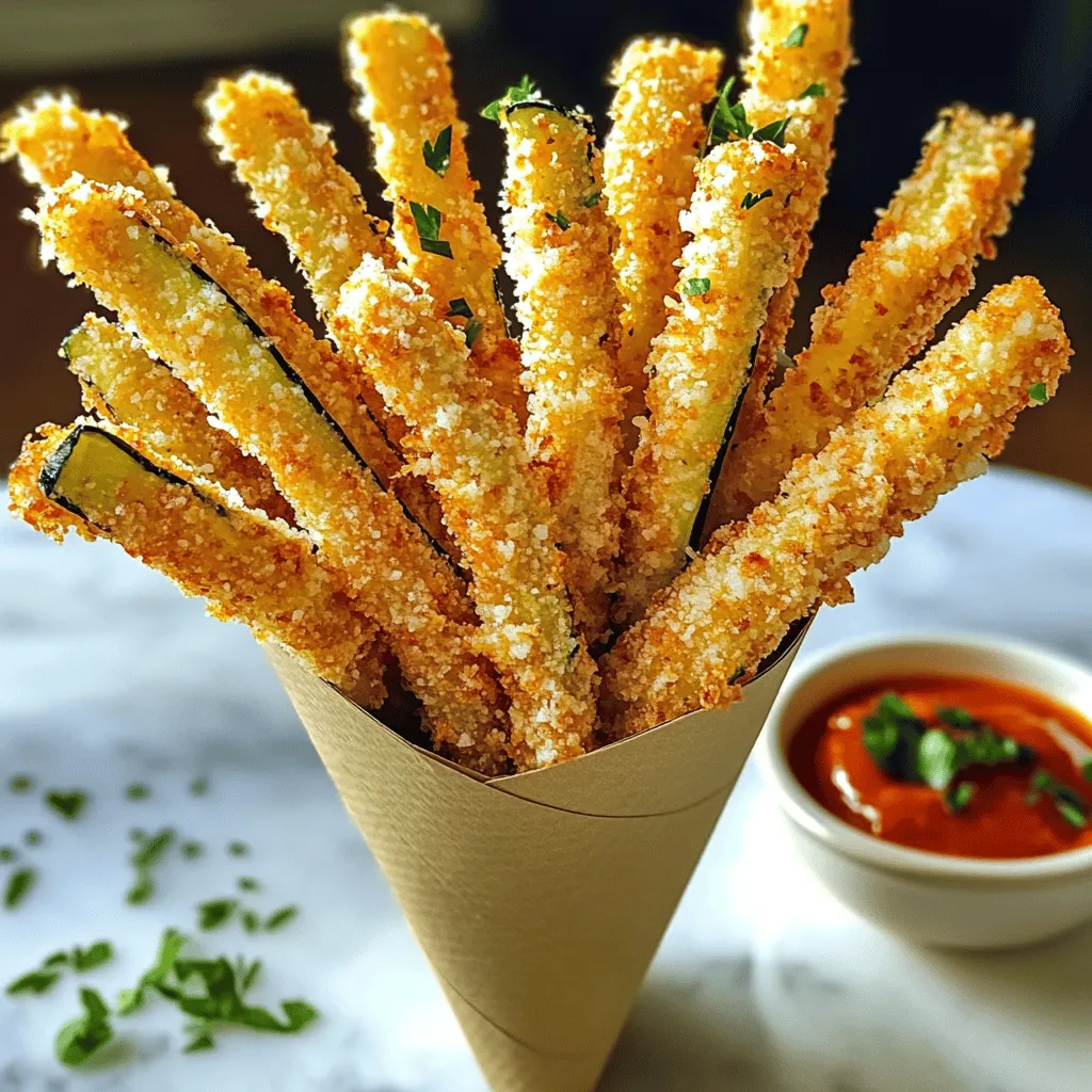 - Zucchinis: Use 2 medium zucchinis. They should be firm and fresh. - Breadcrumbs: I recommend using panko breadcrumbs for a crunchier texture. - Parmesan cheese: Grate your cheese fresh. It melts better and tastes richer. - Seasoning: Add 1 teaspoon each of garlic powder and Italian seasoning for flavor. - Eggs: Use 2 large eggs. They help the coating stick well to the zucchini. - Olive oil: Lightly spray your fries with olive oil. This is key for crispiness. - Salt and pepper: Sprinkle to taste. They balance the flavors in your dish. These ingredients come together to create a tasty snack. Enjoy the fresh taste of zucchini with the crispiness of the coating. Each element plays a critical role in making your fries delicious and satisfying. First, preheat your oven to 425°F (220°C). This high heat helps the fries become crispy. Next, line your baking sheet with parchment paper. This step makes cleanup easy and prevents sticking. In a shallow bowl, mix the breadcrumbs, grated Parmesan cheese, garlic powder, Italian seasoning, salt, and pepper. Stir it well to blend the flavors. In another bowl, beat the eggs until smooth. This egg mixture helps the coating stick to the zucchini. Take one zucchini stick and dip it into the egg mixture. Let any extra egg drip off. Then, roll it in the breadcrumb mixture. Press gently to make sure it sticks well. Place the coated fries on the baking sheet in a single layer. This spacing helps them cook evenly. Bake your zucchini fries for 20-25 minutes. Halfway through, flip them to ensure even crispness. You want them to be golden brown and crunchy. Once they are done, take them out and let them cool for a few minutes before serving. To get your zucchini fries nice and crispy, use olive oil spray. This step is key. It helps the breadcrumbs brown well. When you bake them, make sure to preheat your oven to 425°F (220°C). This high heat makes them crisp up quickly. Also, don’t forget to flip the fries halfway through baking. This helps them cook evenly and stay crispy on all sides. For a fun serving idea, try using a cone-shaped paper holder. It makes the fries look great. You can also place them on a colorful platter. Pair your fries with tasty dipping sauces. Marinara sauce adds a nice touch, or you can use ranch for a creamy dip. Both options make the fries even more enjoyable. One serving of these crispy zucchini fries has about 180 calories. This is a healthy snack choice. Zucchini is low in calories and high in vitamins. It helps keep your body healthy. Plus, it is a great way to sneak in some veggies. Enjoy these fries guilt-free while getting your daily dose of nutrients! {{image_2}} You can switch out Parmesan for other cheeses. Cheddar adds a sharp taste. Mozzarella gives a stretchy, gooey texture. Feta offers a tangy burst, while nutritional yeast provides a cheesy flavor without dairy. Each cheese changes the overall taste and texture, making it fun to experiment. Want a kick? Try adding cayenne or paprika for heat. You can mix in smoked paprika for a smoky flavor. For a fresh twist, add dried herbs like oregano or thyme. Mixing spices lets you create your own unique flavor profile. Don’t be afraid to get creative and find what you love. If you need gluten-free, use gluten-free breadcrumbs. They work just as well for crispiness. Be sure to check that all your other ingredients are gluten-free too. This way, everyone can enjoy the crispy goodness without worry. To keep your crispy Parmesan zucchini fries fresh, use an airtight container. Glass or plastic containers work well. Store them in the fridge for up to three days. If you want to keep them longer, freezing is a good option. Place them in a freezer-safe bag. They can last up to three months in the freezer. When reheating zucchini fries, the oven is best. Preheat it to 400°F (200°C). Bake for about 10 minutes. This helps restore their crispiness. Avoid using the microwave, as it can make them soggy. You can also use an air fryer for a quick reheat. Just a few minutes will revive that crunch! Yes, you can! Here are some fun options: - Carrots: Cut them into sticks for a sweet crunch. - Eggplant: Use firm slices to get crispy edges. - Bell peppers: Try strips for a colorful snack. - Sweet potatoes: They add a nice sweetness and work well when baked. These veggies will give you a different taste and texture. Feel free to mix and match! To keep your zucchini fries crispy, follow these tips: - Use panko breadcrumbs for extra crunch. - Make sure to coat the zucchini well, but don’t overload on the egg. - Lightly spray with olive oil to help with browning. - Bake them in a single layer on the baking sheet. - Flip them halfway through cooking for even crispness. These steps will help you achieve that perfect crunch! Here are some tasty options for dipping your fries: - Marinara sauce: A classic choice that adds a rich flavor. - Ranch dressing: Creamy and tangy, perfect for a tasty dip. - Garlic aioli: A fancy option that complements the fries well. - Spicy ketchup: For those who love a kick! These sauces will elevate your zucchini fries experience! We explored how to make crispy zucchini sticks from start to finish. Key ingredients include fresh zucchinis, panko breadcrumbs, and Parmesan cheese. I provided easy steps for prepping and baking, plus tips for crispness and serving. Remember, you can customize with different cheeses and spices. Store leftovers properly for a tasty snack later. Following this guide will help you create delicious zucchini sticks everyone will love. Enjoy your cooking adventure!