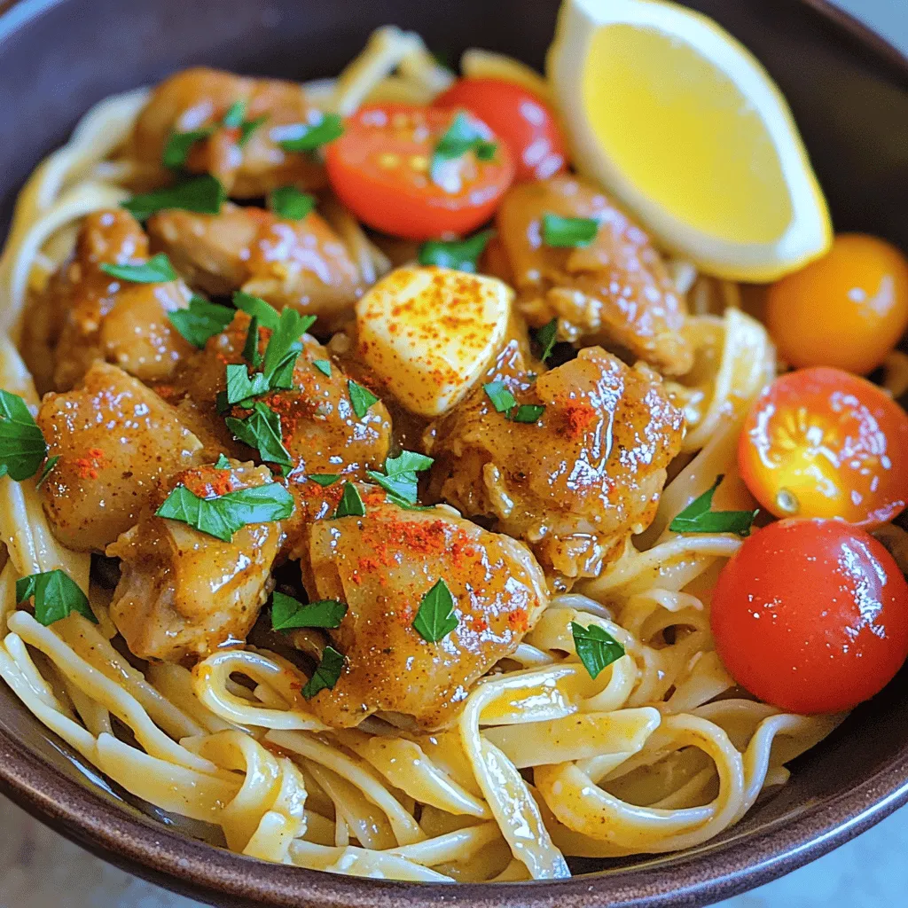 - 1 lb boneless, skinless chicken thighs, cut into bite-sized pieces - 8 oz linguine pasta - 1/2 cup unsalted butter, melted - 4 cloves garlic, minced The main ingredients make this dish rich and filling. The chicken thighs provide a tender bite. Linguine pasta soaks up the sauce well, making each bite tasty. Butter adds luxury, and garlic gives great flavor. - 1 teaspoon smoked paprika - 1 teaspoon chili powder - 1 teaspoon dried oregano - Salt and pepper to taste Spices bring life to the dish. Smoked paprika adds warmth, while chili powder gives it a nice kick. Dried oregano gives a hint of earthiness, and salt and pepper balance the flavors. - 1/2 cup cherry tomatoes, halved - 1/4 cup fresh parsley, chopped - 1/4 cup freshly squeezed lemon juice Fresh components brighten the dish. Cherry tomatoes add sweetness and color. Fresh parsley offers a pop of green, and lemon juice gives a zesty finish. These ingredients make the meal feel light and fresh. Start by boiling water in a large pot. Add a pinch of salt to the water. Once it boils, add 8 oz of linguine pasta. Cook it according to the package instructions. The pasta will take about 9-11 minutes to become al dente. Stir it occasionally to prevent sticking. When it's ready, drain the pasta in a colander. Be sure to reserve 1/2 cup of the pasta water before draining. This water helps adjust the sauce later. In a large skillet, melt 1/2 cup of unsalted butter over medium heat. Once the butter is melted, add 4 minced garlic cloves. Sauté the garlic for 1-2 minutes until it smells great. Be careful not to let it brown. Next, stir in 1 teaspoon of smoked paprika, 1 teaspoon of chili powder, and 1 teaspoon of dried oregano. Cook this mixture for another minute. This step helps the spices bloom and release their flavors. Now, increase the heat to medium-high. Add 1 lb of cut chicken thighs to the skillet. Season the chicken with salt and pepper to taste. Cook the chicken pieces for about 6-8 minutes. You want them to be browned and fully cooked. Make sure to stir occasionally for even cooking. Once the chicken is cooked, pour in 1/2 cup of chicken broth and 1/4 cup of lemon juice. Use a spatula to scrape up any bits stuck to the skillet. Let this mixture simmer for 2-3 minutes. Now, fold in the cooked linguine and 1/2 cup of halved cherry tomatoes. Toss everything together well. If the dish feels too thick, add some reserved pasta water a little bit at a time. This helps achieve your desired texture. Finally, mix in 1/4 cup of chopped fresh parsley. Add red pepper flakes if you want some heat. Taste the dish and adjust the seasoning if needed. Enjoy your Cowboy Butter Chicken Linguine! To make Cowboy Butter Chicken Linguine your own, adjust the spices. If you like it spicy, add more chili powder. For a milder flavor, use less. You can also change the smoked paprika amount to suit your taste. Garlic is key in this dish. If you love garlic, add an extra clove. If you prefer a lighter taste, reduce the amount. This simple change can shift the dish from mild to bold. I prefer using a skillet for this recipe. It helps brown the chicken and adds flavor. You can also choose to bake the chicken, but it won't give the same depth. When cooking the chicken, make sure the skillet is hot. This helps to brown the chicken well. Don't overcrowd the pan, or the chicken will steam instead of brown. Serve the Cowboy Butter Chicken Linguine in warm bowls. This keeps the dish hot and inviting. Garnish with extra parsley for a fresh look. A lemon wedge on the side adds color and flavor. If you want heat, add red pepper flakes at the end. This keeps the spice fresh and bright. You can also sprinkle them on each serving, so everyone can choose their spice level. {{image_2}} You can change the main protein in Cowboy Butter Chicken Linguine. If you want to use shrimp, choose large shrimp for a great taste. Cook them until they turn pink and opaque. For beef, use thin strips of flank steak. Sear the beef quickly in the pan to keep it tender. If you prefer a vegetarian dish, mushrooms are a fantastic option. Try using portobello or cremini mushrooms. Sauté them until they are soft. They will soak up the flavors and add a nice texture. The sauce is key to this dish. You can switch the broth for a richer flavor. Beef or vegetable broth works well too. If you want a lighter option, consider using homemade stock. For those who need a dairy-free meal, you can use vegan butter instead of regular butter. This option keeps the dish creamy while being plant-based. You can also try olive oil for a different flavor profile. If you want to avoid gluten, there are great pasta options. Look for gluten-free linguine made from rice or corn. These options cook well and taste great. You can also switch up the noodle type for a fun twist. Try using fettuccine or even zoodles (zucchini noodles). Both will give a fresh look to your dish and change the texture a bit. Store any leftover Cowboy Butter Chicken Linguine in the fridge. Place it in an airtight container. This keeps the dish fresh for up to three days. Make sure to let it cool before sealing. This prevents moisture buildup and soggy pasta. To reheat, use the microwave or stove. If using a microwave, heat in short bursts. Stir in between to warm evenly. This keeps the chicken and pasta moist. If the dish looks dry, add a splash of chicken broth or a little olive oil. This revives the flavors and texture. You can freeze Cowboy Butter Chicken Linguine for up to three months. Use a freezer-safe container or resealable bag. Make sure to remove as much air as possible. When ready to eat, thaw overnight in the fridge. Reheat on the stove or microwave. Add fresh parsley or lemon juice to brighten the flavors. You can use chicken breast instead of thighs. Chicken breast is leaner. If you want a different meat, try shrimp or beef. For a plant-based option, use mushrooms or tofu. Both give a nice texture and flavor. Yes, you can use any pasta you like. Spaghetti or fettuccine work well. For a gluten-free option, try rice noodles or gluten-free pasta. Just remember to adjust cooking times based on the pasta type. To add heat, use more chili powder or smoked paprika. You can also add red pepper flakes. If you want more flavor, try fresh jalapeños or serrano peppers. Adjust according to your taste. Cowboy Butter Chicken Linguine lasts about 3 to 4 days in the fridge. Store it in an airtight container. Make sure to cool it down before refrigerating. This keeps it fresh and safe to eat. Yes, you can prep this dish ahead. Cook the chicken and sauce, then store them separately from the pasta. When you’re ready to eat, heat them up and mix. This saves time on busy days. This blog post covers a delicious meal made with chicken, linguine, and a rich butter sauce. You learned how to cook the pasta, prepare the sauce, and bring it all together. I shared tips to enhance flavors and ideas for different proteins and sauces. Remember, cooking is all about experimenting. Don't hesitate to adjust spices or try new ingredients. With this guide, you can create a tasty dish that suits your taste. Enjoy your cooking adventure!