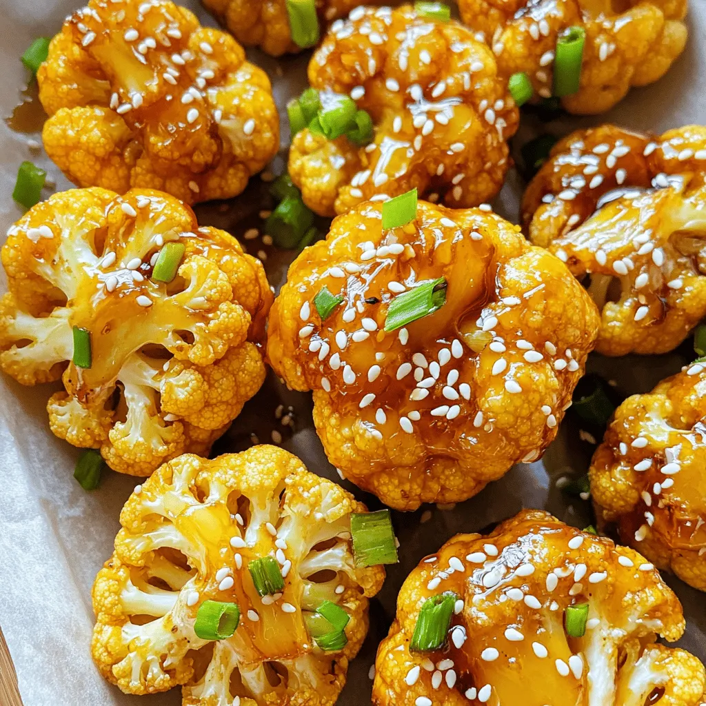 - Cauliflower florets - Honey and soy sauce - Garlic and ginger Using fresh cauliflower florets makes the bites crunchy and tasty. You will need one large head of cauliflower, cut into small pieces. For the sweet and savory flavor, mix three tablespoons of honey with two tablespoons of soy sauce. Garlic and ginger add rich flavor. Use two minced garlic cloves and one teaspoon of ground ginger for this recipe. - Olive oil - Cornstarch - Sesame seeds and green onions for garnish For added flavor and crunch, one tablespoon of olive oil is necessary. Coat the cauliflower in one teaspoon of cornstarch. This step ensures a crispy texture when air frying. Finally, garnish with sesame seeds and chopped green onions to make your dish look appealing. - Salt and pepper Don’t forget to season the cauliflower with salt and pepper. This step enhances the overall taste. Adjust the amounts to match your personal preference. To start, preheat your air fryer to 400°F (200°C). This takes about 5 minutes. While it heats, prepare the marinade. In a large mixing bowl, mix together 3 tablespoons of honey, 2 tablespoons of soy sauce, 1 tablespoon of olive oil, 2 minced garlic cloves, and 1 teaspoon of ground ginger. Stir until smooth. Now, add 1 large head of cauliflower, cut into bite-sized florets, to the bowl. Toss the florets in the marinade. Make sure each piece gets a good coating. This gives the cauliflower its sweet and savory flavor. Next, sprinkle 1 teaspoon of cornstarch over the coated florets. Mix again until the florets are evenly covered. The cornstarch helps create that crispy texture we want. Place the cauliflower florets in the air fryer basket. Arrange them in a single layer for best results. You might need to cook in batches, depending on your air fryer size. Cook for 12-15 minutes. Remember to shake the basket halfway through. This ensures all sides crisp up evenly. You want the bites to turn golden brown and crispy. After cooking, drizzle any leftover marinade on top for extra flavor. Garnish with sesame seeds and chopped green onions before you serve. To get that perfect crunch, cornstarch is a key ingredient. It helps create a crispy coat. When you mix it with the cauliflower, it absorbs moisture and turns golden during cooking. Make sure to coat the florets evenly for the best result. Cooking in batches is also important. If you crowd the air fryer, the airflow will be poor. This can lead to soggy bites. Instead, cook smaller portions. This way, each piece gets nice and crispy. You can amp up the flavor by using extra marinade. After air frying, drizzle any leftover marinade over the bites. This adds a rich taste that makes each bite burst with flavor. For serving, consider dips for added fun. A touch of sriracha adds heat. A yogurt-based dip provides a cool contrast. Both options pair well with the honey garlic flavor. Plating can make a big difference. Serve your cauliflower bites on a platter lined with parchment paper. It keeps them warm and adds a nice touch. Enhance the visual appeal by adding a sprinkle of sesame seeds and chopped green onions. This not only looks great but also adds texture. Your guests will be impressed by the lovely colors and presentation! {{image_2}} If you want a gluten-free version, use tamari instead of soy sauce. Tamari has a similar taste but lacks gluten. It keeps the dish tasty while meeting dietary needs. Many stores carry tamari, making it easy to find. Just swap it one-for-one with soy sauce in your recipe. To spice things up, add chili flakes or sriracha to the marinade. A pinch of chili flakes brings warmth without overpowering the dish. If you like it hotter, sriracha is a great choice. Just mix in a teaspoon or more based on your heat preference. The extra kick adds depth and excitement to the flavor. You can switch up the garnish for a fun twist. Instead of sesame seeds, try crushed peanuts or hemp seeds. Both add great crunch and flavor. For a different color, use chopped cilantro or parsley instead of green onions. These options make your dish more vibrant and appealing. Feel free to get creative with garnishes! To store your leftover honey garlic cauliflower bites, let them cool first. Then, place them in an airtight container. This keeps them fresh in the fridge. They will stay good for about three days. When you want to eat them again, check for any signs of spoilage. If they smell off, it’s best to toss them. For the best results when reheating, use your air fryer. Preheat it to 375°F (190°C). Place the cauliflower bites in the basket in a single layer. Heat them for about 5 to 7 minutes. This method keeps them crispy. You can also use a regular oven, but it may take longer to get that crunch back. If you want to freeze your cauliflower bites, do it right after cooking. Let them cool, then place them in a freezer-safe bag. Squeeze out as much air as you can. They will keep well for about a month. To thaw, place them in the fridge overnight. Reheat them in the air fryer for the best texture. Yes, you can use frozen cauliflower. It will save you time. Make sure to thaw and drain it first. Pat it dry with a towel. This helps remove extra water. Too much moisture can make the bites soggy. If using frozen, reduce the cooking time by a few minutes. Check for crispness as they cook. To kick up the heat, add chili flakes to the marinade. Start with half a teaspoon and taste it. You can also mix in sriracha or hot sauce. Adjust the amount based on your spice level. Another option is to add sliced jalapeños before air frying. These changes add flavor and heat. These bites pair well with many side dishes. Serve them with rice or quinoa for a meal. You can also offer a fresh salad. A yogurt-based dip complements the flavors nicely. Try a spicy aioli for an extra kick. These options make the dish more filling and enjoyable. This blog post covers how to make honey garlic cauliflower bites. We explored the main ingredients, like fresh cauliflower, honey, and soy sauce. I detailed steps from prepping to cooking and shared tips for crispiness and serving. Variations let you customize flavors, while storage info helps keep leftovers fresh. These bites are easy to make and tasty. You can enjoy them as snacks or sides. Take your cooking to the next level with this simple recipe. Now, grab your ingredients and enjoy the cooking adventure!